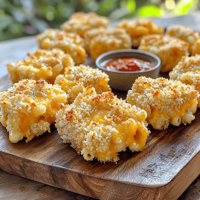 To make these tasty bites, you need simple, easy-to-find ingredients. The recipe combines creamy cheese and pasta into a fun, crunchy snack. You can find the full recipe at the end of this section. Here’s what you need for the base of your baked mac and cheese bites: - 2 cups elbow macaroni - 2 cups shredded sharp cheddar cheese - 1 cup shredded mozzarella cheese - 1/2 cup grated Parmesan cheese - 1/4 cup cream cheese, softened - 2 large eggs - 1/2 cup milk - 1 teaspoon garlic powder - 1 teaspoon onion powder - 1/2 teaspoon smoked paprika - Salt and black pepper to taste - 1 cup breadcrumbs (panko for extra crunch) - Cooking spray or olive oil for greasing Each ingredient adds flavor and texture. The cheeses melt together, creating a creamy filling. The spices bring out the taste and the breadcrumbs add a crispy top. You can switch things up with these optional ingredients: - Cooked bacon or ham for extra protein - Chopped spinach or broccoli for added veggies - Different cheese types like gouda or pepper jack for unique flavors Feel free to mix and match. This way, you can tailor the bites to your liking! To start, I preheat my oven to 375°F (190°C). This step is key for getting a nice golden color. While the oven warms up, I cook 2 cups of elbow macaroni according to the package. I aim for al dente, so it stays firm when baked. After cooking, I drain the pasta and set it aside to cool a bit. Next, I grab a large mixing bowl. I add the cooked macaroni, 2 cups of shredded sharp cheddar cheese, 1 cup of shredded mozzarella cheese, 1/2 cup of grated Parmesan cheese, and 1/4 cup of softened cream cheese. I mix this all together until the cheese is well spread throughout the pasta. In a separate bowl, I whisk together 2 large eggs, 1/2 cup of milk, 1 teaspoon of garlic powder, 1 teaspoon of onion powder, and 1/2 teaspoon of smoked paprika. I also add salt and black pepper to taste. Once it's all mixed, I pour this egg mixture over the mac and cheese. I stir until everything is combined. Now, I get my mini muffin tin ready. I grease it using cooking spray or a light coat of olive oil. This helps the bites come out easily after baking. I then use a spoon to fill each muffin cup with the mac and cheese mix. I press down slightly to make sure they hold together well. I finish by sprinkling 1 cup of breadcrumbs over the top of each muffin cup. Using panko breadcrumbs gives a nice extra crunch. I place the tin in the preheated oven and bake for about 20-25 minutes. I look for a golden brown color on top and a firm texture when I touch them. After baking, I let the bites cool for a few minutes. Then, I use a small spatula to carefully remove them from the muffin tin. For a fun twist, I serve them warm with marinara sauce or my favorite dipping sauce. That's how I make baked mac and cheese bites! For the detailed steps, check out the Full Recipe. To get crunchy bites, use panko breadcrumbs. They add a nice, crisp layer. Make sure to fill the muffin tin cups well. Press the mixture down firmly. This helps them hold their shape while baking. Bake until the tops are golden brown. This step makes them crispy outside but soft inside. For a richer taste, mix different cheeses. Try adding Gouda or pepper jack. These will add depth to your bites. Don't skip the spices! Garlic powder and smoked paprika bring warmth. Adjust the salt and pepper to your liking. A hint of cayenne can add a nice kick. Serve the bites warm for the best taste. Arrange them on a nice platter. Pair with marinara or ranch dressing for dipping. This adds fun and flavor. You can also garnish with fresh herbs. Chopped parsley or basil can brighten the dish. Enjoy these bites at parties or as a snack! {{image_2}} You can mix up the types of cheese in your bites. Cheddar is great, but you can try gouda or pepper jack for extra flavor. Mixing cheeses adds depth and makes each bite unique. A blend of mozzarella and cheddar gives a nice stretch. Consider using fontina for a creamy touch. Each cheese has a different taste and texture, so feel free to play around! Want to make your bites heartier? Adding veggies or proteins is a fun way to do it. Spinach, broccoli, or diced bell peppers add color and nutrients. You can also add cooked chicken or bacon for a savory twist. Chopped tomatoes give a fresh burst of flavor. These additions can make your mac and cheese bites more filling and enjoyable. You can spice up your bites with different flavors. Adding a pinch of cayenne pepper makes them hot and tasty. Fresh herbs like basil or parsley can add a bright, fresh taste. You might even try adding a dash of hot sauce for an extra kick. These little changes can make a big difference in how your bites taste and feel. Get creative and find your favorite flavor combinations! For the full recipe, check the [Full Recipe] section. After you enjoy your baked mac and cheese bites, store the leftovers. Place them in an airtight container. Keep them in the fridge for up to three days. Make sure they cool down before you seal the container. This helps keep them fresh and tasty. When you're ready to eat the leftovers, reheating is simple. Preheat your oven to 350°F (175°C). Place the bites on a baking sheet. Heat for about 10-15 minutes until they are warm. This method keeps them crispy. You can also use the microwave, but they may lose some crunch. Heat for 30 seconds, then check. If they need more time, heat in short bursts. If you want to save some for later, freezing works great. First, let the bites cool completely. Then, place them in a single layer on a baking sheet. Freeze them for 1-2 hours until firm. After that, transfer them to a freezer-safe bag or container. They can last up to three months in the freezer. When you're ready to eat, bake them straight from the freezer. Just add a few extra minutes to the baking time. Enjoy your baked mac and cheese bites anytime! Yes, you can use gluten-free pasta. Look for options made from rice or corn. These types work well in baked mac and cheese bites. Just cook them al dente as you would regular pasta. They will hold up nicely in the mix and won’t change the taste much. To make your mac and cheese bites crispy, use panko breadcrumbs. They give a nice crunch when baked. You can also spray a little olive oil on top before baking. This adds extra crispiness. Baking them longer can help too, but watch closely to avoid burning. Baked mac and cheese bites taste great with many sauces. Marinara sauce is a classic choice. It adds a nice tang. Ranch or garlic aioli also work well. For a kick, try a spicy sriracha sauce. These dips enhance the flavors and make eating fun. Don't forget to try different sauces to find your favorite! We've covered the full recipe for mac and cheese bites, including key ingredients, steps, and tips. You learned how to create the perfect texture and enhance flavors. Variations allow you to try different cheeses, veggies, or spices. Don’t forget how to store and reheat those tasty leftovers. I hope you feel ready to make these bites your own! Enjoy experimenting and savoring each cheesy bite. Happy cooking!