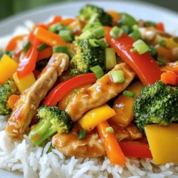 To make Sweet Chili Chicken Stir Fry, gather these fresh ingredients: - 1 lb (450g) boneless chicken breast, sliced into thin strips - 2 tablespoons vegetable oil - 1 red bell pepper, sliced - 1 yellow bell pepper, sliced - 1 cup broccoli florets - 1 carrot, julienned - 3 cloves garlic, minced - 1 tablespoon fresh ginger, grated - 1/4 cup sweet chili sauce - 2 tablespoons soy sauce - 1 tablespoon rice vinegar - 1 teaspoon sesame oil - Salt and pepper to taste - 2 green onions, chopped (for garnish) - Cooked jasmine rice (for serving) Using fresh ingredients makes a big difference in flavor. Fresh chicken and veggies taste better. They also hold more nutrients. However, frozen options work too. They save time and reduce waste. Just ensure to thaw them properly before cooking. You can swap out some ingredients if needed: - Use turkey instead of chicken for a lighter option. - Try snap peas or asparagus instead of broccoli for variety. - If you don’t have sweet chili sauce, mix honey with hot sauce. - Use coconut aminos instead of soy sauce for a gluten-free option. These substitutions keep the dish tasty while making it your own. For the full recipe, check out the complete instructions. Start with 1 pound of boneless chicken breast. Slice it into thin strips. This helps it cook quickly. Heat 1 tablespoon of vegetable oil in a skillet over medium-high heat. Add the chicken strips to the pan. Cook them for about 5 to 7 minutes. Stir until they turn brown and are no longer pink inside. Once done, take the chicken out and set it aside. In the same skillet, pour in the other tablespoon of vegetable oil. Add 3 cloves of minced garlic and 1 tablespoon of grated ginger. Sauté them for 30 seconds until you smell the aroma. Next, toss in 1 sliced red bell pepper, 1 sliced yellow bell pepper, 1 cup of broccoli florets, and 1 julienned carrot. Stir-fry the veggies for 4 to 5 minutes. You want them tender but still crisp. Now it’s time to bring it all together! Return the cooked chicken to the skillet with your veggies. In a small bowl, mix together 1/4 cup of sweet chili sauce, 2 tablespoons of soy sauce, 1 tablespoon of rice vinegar, and 1 teaspoon of sesame oil. Pour this sauce over the stir-fry. Toss everything to coat well. Cook for another 2 to 3 minutes until the sauce is hot. Season with salt and pepper to taste. Serve over jasmine rice and garnish with chopped green onions. Enjoy your meal! For the full recipe, be sure to check out the details above! To make your Sweet Chili Chicken Stir Fry shine, focus on high heat. Use a large skillet or wok. This helps you get that nice sear on the chicken. Cut your chicken into thin strips. This ensures quick cooking and even flavor. When you add garlic and ginger, do so for just 30 seconds. This brings out their best flavors without burning them. Lastly, make sure to toss the ingredients well. This coats everything with that tasty sauce. One mistake is overcrowding the pan. If you add too much chicken at once, it will steam instead of sear. This makes it less tasty. Another common mistake is not prepping your ingredients first. Have everything ready to go. This way, you cook faster and keep the stir-fry crisp. Lastly, don't skip the seasoning. Salt and pepper are key to bringing out all the flavors. To change the spice level, start with the sweet chili sauce. You can use less if you want it milder. For more heat, add red pepper flakes or sriracha. Mix these in with your sauce at the end. Taste as you go. This way, you can find the perfect balance for your taste. Remember, you can always add more spice, but you can't take it out! If you want a sweeter flavor, add a little honey or sugar. This creates a nice contrast to the heat. {{image_2}} You can easily change the meat in this dish. Try shrimp or tofu for a twist. Both options cook fast and soak up flavor well. If you prefer beef, use thinly sliced flank steak. For pork lovers, use tenderloin slices. Each swap keeps the dish light and tasty. To make this dish vegetarian or vegan, use tofu or tempeh. Both options are protein-rich and will absorb the sweet chili sauce. Make sure to press tofu first, so it holds its shape. You can also add chickpeas for extra protein and texture. This way, you still enjoy a filling meal without meat. Feel free to mix up the veggies in your stir fry. Snap peas, mushrooms, or zucchini work great. You can also add baby corn or snow peas for crunch. The key is to choose colorful vegetables. They not only taste good but also make your meal look amazing. Remember, cooking them until just tender keeps them crisp and bright. For the full recipe, check out the complete guide above. Storing leftovers from your sweet chili chicken stir fry is easy. Let the stir fry cool down first. Then, place it in an airtight container. This keeps it fresh in the fridge for up to three days. To keep flavors strong, avoid adding rice to the stir fry when storing. Store rice separately. You can freeze sweet chili chicken stir fry for longer storage. Use freezer-safe containers or bags. Be sure to remove as much air as possible. This helps prevent freezer burn. It can last up to three months in the freezer. When you're ready to eat, thaw it in the fridge overnight. Reheating your sweet chili chicken stir fry is simple. You can use a stove or a microwave. To reheat on the stove, add a little oil to a pan. Heat over medium until warm, stirring often. If using a microwave, place the stir fry in a microwave-safe dish. Cover it and heat for 1-2 minutes. Stir halfway through for even heating. Always check the temperature before serving. Make sure it is hot throughout. For the full recipe, check the earlier section. Sweet chili sauce is a sweet and spicy sauce. It mixes sugar, chili, and vinegar. You can find it in most stores. The sauce adds flavor and a bit of heat to dishes. I love using it in stir-fries. It makes any meal taste gourmet. Yes, you can prepare Sweet Chili Chicken Stir Fry ahead of time. Cook the chicken and veggies, then cool them. Store in an airtight container in the fridge. When you're ready to eat, just reheat it in a pan. This saves time on busy nights. A few great side dishes complement this stir fry. Here are my favorites: - Steamed jasmine rice - Fried rice with peas and eggs - A fresh cucumber salad - Crunchy spring rolls These sides add variety and texture to your meal. To adjust sweetness, try these tips: - Add more sweet chili sauce for a sweeter flavor. - Mix in a bit of honey or sugar if you prefer more sweetness. - Use less sweet chili sauce for a less sweet dish. Taste as you go to find your perfect balance. In this post, we explored the key ingredients for Sweet Chili Chicken Stir Fry, including fresh versus frozen options and substitutions. I shared step-by-step cooking instructions and tips for maximizing flavor while avoiding common mistakes. We also discussed variations like protein swaps and veggie combos, along with storage tips for leftovers. This dish is fun and flexible, making it perfect for any meal. With a bit of creativity, you can enjoy a stir fry that fits your taste. Try it out and enjoy!