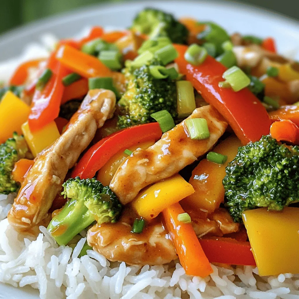 To make Sweet Chili Chicken Stir Fry, gather these fresh ingredients: - 1 lb (450g) boneless chicken breast, sliced into thin strips - 2 tablespoons vegetable oil - 1 red bell pepper, sliced - 1 yellow bell pepper, sliced - 1 cup broccoli florets - 1 carrot, julienned - 3 cloves garlic, minced - 1 tablespoon fresh ginger, grated - 1/4 cup sweet chili sauce - 2 tablespoons soy sauce - 1 tablespoon rice vinegar - 1 teaspoon sesame oil - Salt and pepper to taste - 2 green onions, chopped (for garnish) - Cooked jasmine rice (for serving) Using fresh ingredients makes a big difference in flavor. Fresh chicken and veggies taste better. They also hold more nutrients. However, frozen options work too. They save time and reduce waste. Just ensure to thaw them properly before cooking. You can swap out some ingredients if needed: - Use turkey instead of chicken for a lighter option. - Try snap peas or asparagus instead of broccoli for variety. - If you don’t have sweet chili sauce, mix honey with hot sauce. - Use coconut aminos instead of soy sauce for a gluten-free option. These substitutions keep the dish tasty while making it your own. For the full recipe, check out the complete instructions. Start with 1 pound of boneless chicken breast. Slice it into thin strips. This helps it cook quickly. Heat 1 tablespoon of vegetable oil in a skillet over medium-high heat. Add the chicken strips to the pan. Cook them for about 5 to 7 minutes. Stir until they turn brown and are no longer pink inside. Once done, take the chicken out and set it aside. In the same skillet, pour in the other tablespoon of vegetable oil. Add 3 cloves of minced garlic and 1 tablespoon of grated ginger. Sauté them for 30 seconds until you smell the aroma. Next, toss in 1 sliced red bell pepper, 1 sliced yellow bell pepper, 1 cup of broccoli florets, and 1 julienned carrot. Stir-fry the veggies for 4 to 5 minutes. You want them tender but still crisp. Now it’s time to bring it all together! Return the cooked chicken to the skillet with your veggies. In a small bowl, mix together 1/4 cup of sweet chili sauce, 2 tablespoons of soy sauce, 1 tablespoon of rice vinegar, and 1 teaspoon of sesame oil. Pour this sauce over the stir-fry. Toss everything to coat well. Cook for another 2 to 3 minutes until the sauce is hot. Season with salt and pepper to taste. Serve over jasmine rice and garnish with chopped green onions. Enjoy your meal! For the full recipe, be sure to check out the details above! To make your Sweet Chili Chicken Stir Fry shine, focus on high heat. Use a large skillet or wok. This helps you get that nice sear on the chicken. Cut your chicken into thin strips. This ensures quick cooking and even flavor. When you add garlic and ginger, do so for just 30 seconds. This brings out their best flavors without burning them. Lastly, make sure to toss the ingredients well. This coats everything with that tasty sauce. One mistake is overcrowding the pan. If you add too much chicken at once, it will steam instead of sear. This makes it less tasty. Another common mistake is not prepping your ingredients first. Have everything ready to go. This way, you cook faster and keep the stir-fry crisp. Lastly, don't skip the seasoning. Salt and pepper are key to bringing out all the flavors. To change the spice level, start with the sweet chili sauce. You can use less if you want it milder. For more heat, add red pepper flakes or sriracha. Mix these in with your sauce at the end. Taste as you go. This way, you can find the perfect balance for your taste. Remember, you can always add more spice, but you can't take it out! If you want a sweeter flavor, add a little honey or sugar. This creates a nice contrast to the heat. {{image_2}} You can easily change the meat in this dish. Try shrimp or tofu for a twist. Both options cook fast and soak up flavor well. If you prefer beef, use thinly sliced flank steak. For pork lovers, use tenderloin slices. Each swap keeps the dish light and tasty. To make this dish vegetarian or vegan, use tofu or tempeh. Both options are protein-rich and will absorb the sweet chili sauce. Make sure to press tofu first, so it holds its shape. You can also add chickpeas for extra protein and texture. This way, you still enjoy a filling meal without meat. Feel free to mix up the veggies in your stir fry. Snap peas, mushrooms, or zucchini work great. You can also add baby corn or snow peas for crunch. The key is to choose colorful vegetables. They not only taste good but also make your meal look amazing. Remember, cooking them until just tender keeps them crisp and bright. For the full recipe, check out the complete guide above. Storing leftovers from your sweet chili chicken stir fry is easy. Let the stir fry cool down first. Then, place it in an airtight container. This keeps it fresh in the fridge for up to three days. To keep flavors strong, avoid adding rice to the stir fry when storing. Store rice separately. You can freeze sweet chili chicken stir fry for longer storage. Use freezer-safe containers or bags. Be sure to remove as much air as possible. This helps prevent freezer burn. It can last up to three months in the freezer. When you're ready to eat, thaw it in the fridge overnight. Reheating your sweet chili chicken stir fry is simple. You can use a stove or a microwave. To reheat on the stove, add a little oil to a pan. Heat over medium until warm, stirring often. If using a microwave, place the stir fry in a microwave-safe dish. Cover it and heat for 1-2 minutes. Stir halfway through for even heating. Always check the temperature before serving. Make sure it is hot throughout. For the full recipe, check the earlier section. Sweet chili sauce is a sweet and spicy sauce. It mixes sugar, chili, and vinegar. You can find it in most stores. The sauce adds flavor and a bit of heat to dishes. I love using it in stir-fries. It makes any meal taste gourmet. Yes, you can prepare Sweet Chili Chicken Stir Fry ahead of time. Cook the chicken and veggies, then cool them. Store in an airtight container in the fridge. When you're ready to eat, just reheat it in a pan. This saves time on busy nights. A few great side dishes complement this stir fry. Here are my favorites: - Steamed jasmine rice - Fried rice with peas and eggs - A fresh cucumber salad - Crunchy spring rolls These sides add variety and texture to your meal. To adjust sweetness, try these tips: - Add more sweet chili sauce for a sweeter flavor. - Mix in a bit of honey or sugar if you prefer more sweetness. - Use less sweet chili sauce for a less sweet dish. Taste as you go to find your perfect balance. In this post, we explored the key ingredients for Sweet Chili Chicken Stir Fry, including fresh versus frozen options and substitutions. I shared step-by-step cooking instructions and tips for maximizing flavor while avoiding common mistakes. We also discussed variations like protein swaps and veggie combos, along with storage tips for leftovers. This dish is fun and flexible, making it perfect for any meal. With a bit of creativity, you can enjoy a stir fry that fits your taste. Try it out and enjoy!