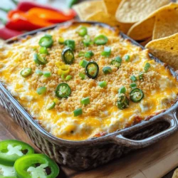 To make Jalapeño Popper Dip, gather these tasty ingredients: - 8 oz cream cheese, softened - 1 cup sour cream - 1 cup shredded cheddar cheese - 1/2 cup diced jalapeños (fresh or pickled) - 1/2 cup diced green onions - 1 tsp garlic powder - 1/2 tsp smoked paprika - Salt and pepper to taste - 1/2 cup breadcrumbs (for topping) - 2 tbsp olive oil These ingredients blend together to create a creamy, spicy dip. You can swap some ingredients if you need to. Here are a few options: - Cream Cheese: Use Greek yogurt for a lighter dip. - Sour Cream: Try using plain yogurt instead. - Cheddar Cheese: Use pepper jack cheese for more heat. - Jalapeños: If you want less spice, use bell peppers. - Bread Crumbs: Substitute with crushed tortilla chips for extra crunch. These swaps keep the dip delicious and fun. I love using fresh jalapeños for a bright flavor. They add a crisp bite and a fresh taste. If you want a tangy twist, pickled jalapeños work well. They bring a zesty flavor and a softer texture that blends nicely in the dip. Both options are tasty, so pick what you like best! 1. First, preheat your oven to 350°F (175°C). 2. Next, grab a large mixing bowl. 3. Add 8 oz of softened cream cheese. 4. Mix in 1 cup of sour cream. 5. Now, add 1 cup of shredded cheddar cheese. 6. Toss in 1/2 cup of diced jalapeños, fresh or pickled. 7. Add 1/2 cup of diced green onions. 8. Sprinkle in 1 tsp of garlic powder. 9. Add 1/2 tsp of smoked paprika. 10. Season with salt and pepper to taste. 11. Mix all ingredients until smooth and well combined. 1. Transfer the dip mixture into a baking dish. 2. Spread it evenly across the dish. 3. In a small bowl, mix 1/2 cup of breadcrumbs with 2 tbsp of olive oil. 4. Coat the breadcrumbs well. 5. Sprinkle the breadcrumb mix evenly over the dip. 6. Place the dish in the oven. 7. Bake for 25 to 30 minutes. 8. Look for a bubbly dip and a golden breadcrumb topping. 9. Remove the dip from the oven and let it cool for a few minutes. 1. Serve the dip warm with tortilla chips. 2. You can also use sliced bell peppers or crackers. 3. For a nice touch, garnish with more green onions. 4. Add a few jalapeño slices for extra flair. For the full recipe, be sure to check the earlier section! To get the best texture, cream cheese must be soft. Leave it out for an hour. This makes mixing easy and smooth. You want a creamy dip, not a lumpy one. Blend all the ingredients well. The melted cheese will add a nice stretch when you serve it. One common mistake is overbaking the dip. Keep an eye on it after 20 minutes. You want it bubbly with a golden top but not burnt. Another mistake is using too many jalapeños. Balance is key. Too much spice can hide the other flavors. You can add extra cheese for richness. Try using pepper jack for a spicy kick. Want a smoky flavor? Add more smoked paprika. You can also mix in cooked bacon for a savory twist. For a fresh touch, add chopped cilantro or lime juice. These tweaks make the dip your own. {{image_2}} If you love heat, add more jalapeños! Use one cup of diced jalapeños. You can use fresh jalapeños for a bold kick or pickled ones for a tangy twist. This spicy version will make your taste buds dance. Serve it at your next party, and watch it disappear! Want a meat-free dip? No problem! You can skip the bacon bits or any meat. Use the same creamy base with cheese and jalapeños. Consider adding chopped bell peppers or corn for extra texture. These add-ins bring color and crunch to the dip. Your vegetarian friends will love it! Cheese makes this dip creamy and rich. If you want to try something new, swap cheddar for Monterey Jack or pepper jack cheese. These options give a different taste and texture. For a lighter dip, use Greek yogurt instead of sour cream. This keeps it creamy and adds protein. For the complete recipe, check out the Full Recipe section! You can store leftover jalapeño popper dip in the fridge. Place it in an airtight container. It will last for about three to four days. Make sure to let the dip cool down before sealing it. This helps keep the flavors fresh. When you are ready to eat it again, just take it out and enjoy! If you want to save the dip for later, freezing is a great option. Use a freezer-safe container or a heavy-duty freezer bag. Make sure to remove as much air as you can. The dip can last in the freezer for up to three months. Just remember to label the container with the date. This way, you know when to use it! To reheat, you have a couple of options. You can use the oven or the microwave. For the oven, preheat it to 350°F (175°C). Place the dip in an oven-safe dish. Heat for about 20 minutes or until it is hot and bubbly. If using a microwave, put it in a microwave-safe bowl. Heat in short bursts, stirring in between. Make sure it gets hot all the way through. Enjoy your tasty dip just like new! Jalapeño Popper Dip lasts about three to four days in the fridge. Store it in an airtight container to keep it fresh. If you notice any changes in smell or texture, it’s best to toss it. Yes, you can make Jalapeño Popper Dip ahead of time. Mix the dip and place it in a baking dish. Cover it tightly with plastic wrap and keep it in the fridge. Bake it when you are ready to serve. You can serve Jalapeño Popper Dip with a variety of snacks. Some great options include: - Tortilla chips - Sliced bell peppers - Crackers - Fresh veggies These pair well and add crunch to each bite. For the full recipe, you can find it above. It includes all the ingredients and steps needed to create this tasty dip. Enjoy making it for your next gathering! We covered a lot about Jalapeño Popper Dip. You learned about key ingredients, how to prepare, and bake it. Remember the tips for perfect texture and avoiding common mistakes. Explore variations for added spice or vegetarian options. Finally, store your leftovers safely, and use the reheating tips to enjoy later. This dish brings bold flavor and fun to the table, making every bite count. Dive into your next cook-off armed with these details!