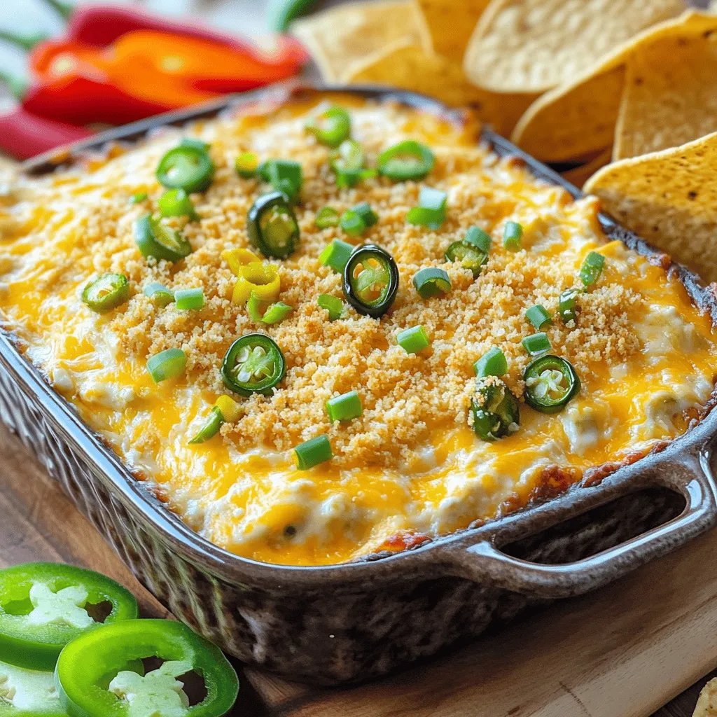 To make Jalapeño Popper Dip, gather these tasty ingredients: - 8 oz cream cheese, softened - 1 cup sour cream - 1 cup shredded cheddar cheese - 1/2 cup diced jalapeños (fresh or pickled) - 1/2 cup diced green onions - 1 tsp garlic powder - 1/2 tsp smoked paprika - Salt and pepper to taste - 1/2 cup breadcrumbs (for topping) - 2 tbsp olive oil These ingredients blend together to create a creamy, spicy dip. You can swap some ingredients if you need to. Here are a few options: - Cream Cheese: Use Greek yogurt for a lighter dip. - Sour Cream: Try using plain yogurt instead. - Cheddar Cheese: Use pepper jack cheese for more heat. - Jalapeños: If you want less spice, use bell peppers. - Bread Crumbs: Substitute with crushed tortilla chips for extra crunch. These swaps keep the dip delicious and fun. I love using fresh jalapeños for a bright flavor. They add a crisp bite and a fresh taste. If you want a tangy twist, pickled jalapeños work well. They bring a zesty flavor and a softer texture that blends nicely in the dip. Both options are tasty, so pick what you like best! 1. First, preheat your oven to 350°F (175°C). 2. Next, grab a large mixing bowl. 3. Add 8 oz of softened cream cheese. 4. Mix in 1 cup of sour cream. 5. Now, add 1 cup of shredded cheddar cheese. 6. Toss in 1/2 cup of diced jalapeños, fresh or pickled. 7. Add 1/2 cup of diced green onions. 8. Sprinkle in 1 tsp of garlic powder. 9. Add 1/2 tsp of smoked paprika. 10. Season with salt and pepper to taste. 11. Mix all ingredients until smooth and well combined. 1. Transfer the dip mixture into a baking dish. 2. Spread it evenly across the dish. 3. In a small bowl, mix 1/2 cup of breadcrumbs with 2 tbsp of olive oil. 4. Coat the breadcrumbs well. 5. Sprinkle the breadcrumb mix evenly over the dip. 6. Place the dish in the oven. 7. Bake for 25 to 30 minutes. 8. Look for a bubbly dip and a golden breadcrumb topping. 9. Remove the dip from the oven and let it cool for a few minutes. 1. Serve the dip warm with tortilla chips. 2. You can also use sliced bell peppers or crackers. 3. For a nice touch, garnish with more green onions. 4. Add a few jalapeño slices for extra flair. For the full recipe, be sure to check the earlier section! To get the best texture, cream cheese must be soft. Leave it out for an hour. This makes mixing easy and smooth. You want a creamy dip, not a lumpy one. Blend all the ingredients well. The melted cheese will add a nice stretch when you serve it. One common mistake is overbaking the dip. Keep an eye on it after 20 minutes. You want it bubbly with a golden top but not burnt. Another mistake is using too many jalapeños. Balance is key. Too much spice can hide the other flavors. You can add extra cheese for richness. Try using pepper jack for a spicy kick. Want a smoky flavor? Add more smoked paprika. You can also mix in cooked bacon for a savory twist. For a fresh touch, add chopped cilantro or lime juice. These tweaks make the dip your own. {{image_2}} If you love heat, add more jalapeños! Use one cup of diced jalapeños. You can use fresh jalapeños for a bold kick or pickled ones for a tangy twist. This spicy version will make your taste buds dance. Serve it at your next party, and watch it disappear! Want a meat-free dip? No problem! You can skip the bacon bits or any meat. Use the same creamy base with cheese and jalapeños. Consider adding chopped bell peppers or corn for extra texture. These add-ins bring color and crunch to the dip. Your vegetarian friends will love it! Cheese makes this dip creamy and rich. If you want to try something new, swap cheddar for Monterey Jack or pepper jack cheese. These options give a different taste and texture. For a lighter dip, use Greek yogurt instead of sour cream. This keeps it creamy and adds protein. For the complete recipe, check out the Full Recipe section! You can store leftover jalapeño popper dip in the fridge. Place it in an airtight container. It will last for about three to four days. Make sure to let the dip cool down before sealing it. This helps keep the flavors fresh. When you are ready to eat it again, just take it out and enjoy! If you want to save the dip for later, freezing is a great option. Use a freezer-safe container or a heavy-duty freezer bag. Make sure to remove as much air as you can. The dip can last in the freezer for up to three months. Just remember to label the container with the date. This way, you know when to use it! To reheat, you have a couple of options. You can use the oven or the microwave. For the oven, preheat it to 350°F (175°C). Place the dip in an oven-safe dish. Heat for about 20 minutes or until it is hot and bubbly. If using a microwave, put it in a microwave-safe bowl. Heat in short bursts, stirring in between. Make sure it gets hot all the way through. Enjoy your tasty dip just like new! Jalapeño Popper Dip lasts about three to four days in the fridge. Store it in an airtight container to keep it fresh. If you notice any changes in smell or texture, it’s best to toss it. Yes, you can make Jalapeño Popper Dip ahead of time. Mix the dip and place it in a baking dish. Cover it tightly with plastic wrap and keep it in the fridge. Bake it when you are ready to serve. You can serve Jalapeño Popper Dip with a variety of snacks. Some great options include: - Tortilla chips - Sliced bell peppers - Crackers - Fresh veggies These pair well and add crunch to each bite. For the full recipe, you can find it above. It includes all the ingredients and steps needed to create this tasty dip. Enjoy making it for your next gathering! We covered a lot about Jalapeño Popper Dip. You learned about key ingredients, how to prepare, and bake it. Remember the tips for perfect texture and avoiding common mistakes. Explore variations for added spice or vegetarian options. Finally, store your leftovers safely, and use the reheating tips to enjoy later. This dish brings bold flavor and fun to the table, making every bite count. Dive into your next cook-off armed with these details!