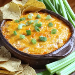 - 2 cups shredded cooked chicken - 8 oz cream cheese - ½ cup sour cream - ½ cup mayonnaise The base of this dip is simple yet delicious. The shredded chicken gives it a hearty feel. You can use rotisserie chicken for ease. The cream cheese provides a rich, creamy texture. Sour cream and mayonnaise add a nice tang. This mix creates a base that everyone loves. - ¾ cup Buffalo sauce - 1 cup shredded cheddar cheese - 1 cup crumbled blue cheese (optional) - 2 green onions for garnish Now, let’s spice it up! Buffalo sauce gives this dip its kick. Adjust the amount based on how spicy you want it. Cheddar cheese adds a nice, melty layer. If you like blue cheese, fold that in for extra flavor. Finally, chopped green onions make it pretty and fresh. - Recommended dippers: tortilla chips, celery sticks, or veggies For dipping, I love tortilla chips. They add a nice crunch. Celery sticks are great for a fresh bite. You can also use other veggies for a colorful platter. Each dipper brings its own fun to the table. For the Full Recipe, check the detailed instructions. Enjoy making this tasty treat! - Step 1: Preheat the oven First, set your oven to 350°F (175°C). This step is key for even cooking. - Step 2: Mix base ingredients In a large mixing bowl, add 8 oz of softened cream cheese, ½ cup of sour cream, and ½ cup of mayonnaise. Blend these until they are smooth. You can use an electric mixer or a spatula for this. - Step 3: Add shredded chicken and Buffalo sauce Now, mix in 2 cups of shredded cooked chicken. Pour in ¾ cup of Buffalo sauce too. Make sure to stir everything well until it’s evenly mixed. - Step 4: Transfer to baking dish and top with cheese Grab an 8x8 inch baking dish. Spread the mixture into it evenly. Top it with ½ cup of shredded cheddar cheese. This will create a tasty golden crust. - Step 5: Bake and garnish Place the dish in your preheated oven. Bake it for 20-25 minutes. When it’s bubbly and golden, it’s ready! Remove it and let it cool a bit. Finally, sprinkle chopped green onions on top for a fresh touch. - You will need the following tools: - Large mixing bowl - Electric mixer or spatula - 8x8 inch baking dish - Measuring cups and spoons - Mixing spoon These tools will make your cook time smoother and more fun! - Best chicken options: I love using rotisserie chicken for this dip. It’s already cooked, so it saves time. You can also use leftover chicken from other meals. Just make sure it is shredded fine for even mixing. - Cream cheese alternatives: If you want a lighter dip, try Greek yogurt instead of cream cheese. It adds a nice tang and keeps it creamy. You can also use low-fat cream cheese, but the flavor may change a bit. - Ensuring the right consistency: To get the perfect blend, mix your cream cheese, sour cream, and mayonnaise well. They should be smooth before adding chicken. This helps create a creamy texture that everyone loves. - Avoiding overbaking: Keep an eye on the dip while it bakes. You want it bubbly with a golden crust, but overbaking can dry it out. If it looks done at 20 minutes, pull it out to avoid drying. - Ideal temperature for serving: Buffalo chicken dip tastes best warm. Let it cool for a few minutes after baking, but serve it while it's hot. This keeps it creamy and flavorful. - Enhancing flavors with add-ons: Consider topping your dip with extra cheese or chopped green onions. You can also add a drizzle of extra Buffalo sauce on top for an added kick. Serve with tortilla chips or crunchy veggies for a fun twist. {{image_2}} To make a spicy Buffalo chicken dip, you can add more Buffalo sauce. This extra heat will thrill spice lovers. You can also toss in some jalapeños for a fresh kick. Chop them up fine and mix them in. This adds texture and zest to the dip. Adjust the spice to fit your taste. If you want it hotter, go for more sauce. Just be careful; too much can overpower the other flavors. If you want a creamier dip, consider adding more cheese. Extra shredded cheese makes the dip richer. You can mix in mozzarella or pepper jack for a different taste. Sour cream is another great addition. It makes the dip smooth and adds a tangy flavor. You can blend in a bit more sour cream or even cream cheese. This will enhance the overall creaminess and make every bite delightful. For those looking for lighter options, you can substitute certain ingredients. Use low-fat cream cheese and mayonnaise. You can also try Greek yogurt instead of sour cream. This keeps the dip creamy while cutting calories. You might even use shredded rotisserie chicken that is skinless. These swaps make the dish healthier without losing flavor. Enjoy the same tasty dip but with a better balance for your diet. For the full recipe, check out the detailed instructions and ingredient list. To store leftover Buffalo Chicken Dip, let it cool first. Then, transfer it to an airtight container. You can keep it in the fridge for up to four days. This dip tastes great even after a day or two! If you want to freeze it, make sure it’s in a freezer-safe container. You can freeze it for up to three months. When you’re ready to enjoy it again, thaw it in the fridge overnight. Reheat it in the oven at 350°F (175°C) until it’s hot throughout. Stir it well for even warmth. Buffalo Chicken Dip stays fresh in the fridge for about four days. If frozen, it lasts for about three months. Always check for any change in smell or color before eating. Enjoy this tasty dip while it’s at its best! Yes, you can make Buffalo Chicken Dip ahead of time. Prepare the dip, then store it in the fridge. This way, you save time on party day. I suggest making it the night before. Just cover it tightly and keep it cold. When you are ready to serve, bake it as usual. It will taste just as good! Yes, using frozen chicken is fine. Make sure to thaw it safely in the fridge. You can also cook it straight from frozen. Just boil it until it’s fully cooked. Then shred it for the dip. This method keeps the chicken juicy and tender. Buffalo Chicken Dip goes well with many things. Here are a few tasty options: - Tortilla chips - Celery sticks - Carrot sticks - Crackers - Pita bread These dippers add crunch and flavor. You can mix and match based on your guests' taste! To adjust the spice level, you have a few options. For a milder dip, use less Buffalo sauce. You can also add more cream cheese or sour cream. If you want it spicier, add extra Buffalo sauce or some chopped jalapeños. Taste as you go to find the right balance. The Full Recipe includes all the ingredients and steps needed to make this dip. You’ll find everything from the chicken to the baking instructions. For a detailed guide, check out the [Full Recipe](#). Enjoy making this crowd-pleaser! Buffalo Chicken Dip is a fun and tasty dish. We covered its main ingredients, like chicken and cheese, and the easy steps to make it. Remember to check the tips for the best taste and texture. You can try variations for those who love spice or want healthier options. Store leftovers right, and you’ll enjoy this dip later. It’s perfect for gatherings and pairs well with many snacks. Make it your own and enjoy every bite!