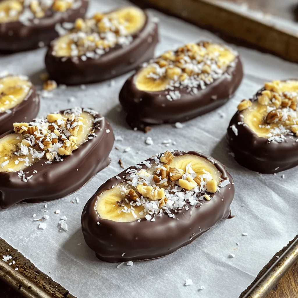 To make chocolate dipped frozen bananas, you need a few simple ingredients. Here’s what you will need: - 4 ripe bananas: Choose bananas that are yellow with some brown spots. They should be sweet but not overripe. - 1 cup semi-sweet chocolate chips: You can also use dark chocolate chips or milk chocolate chips if you prefer. - 1 tablespoon coconut oil: This helps the chocolate melt smoothly and gives it a nice shine. - 1/4 cup crushed nuts: You can use almonds, peanuts, or hazelnuts. Pick your favorite for a crunchy texture. - 1/4 cup shredded coconut (optional): This adds a tropical twist. If you like coconut, go for it! - Sea salt (optional): A little sprinkle on top can enhance the flavors. These ingredients come together to create a delightful treat. You can find the full recipe [here]. Enjoy your cooking! To make chocolate dipped frozen bananas, start with ripe bananas. Peel them first. Cut each banana in half. If you want smaller bites, slice them into round pieces. This makes them fun and easy to eat. Next, insert wooden sticks into each banana half. This acts like a handle for dipping. Place the bananas on a wax paper-lined baking sheet. This step prevents them from sticking. Freeze the bananas for at least 1 hour. They should be solid before dipping. While the bananas freeze, melt the chocolate. Use semi-sweet chocolate chips for a rich taste. Combine 1 cup of chocolate chips with 1 tablespoon of coconut oil. This helps the chocolate melt smoothly. Heat the mixture in a microwave-safe bowl. Set the microwave for 30 seconds at a time. Stir it well after each interval until it is smooth. Once the bananas are frozen, it’s time to dip! Take each banana and dip it into the melted chocolate. Make sure they are fully coated. Let any extra chocolate drip off. If you like, roll or sprinkle the chocolate-coated bananas with crushed nuts or shredded coconut. This adds extra flavor and crunch. Return them to the baking sheet and sprinkle sea salt if you want a sweet and salty mix. Finally, freeze the coated bananas for another 30 minutes. This sets the chocolate nicely. Once they are ready, enjoy your chocolate dipped frozen bananas as a snack or dessert! To freeze bananas, make sure they are fully coated in chocolate. Lay them flat on a baking sheet lined with wax paper. This prevents sticking. It’s best to freeze them in a single layer. This keeps them from clumping together. For the best results, freeze them for at least 1 hour. If you want a firmer treat, you can freeze them for longer. Just keep an eye on them! When serving chocolate dipped frozen bananas, you can get creative. You can place them on a plate or serve them in cups. For parties, you can arrange them on a platter. Add some fun toppings like sprinkles or extra nuts. This makes them look fancy. You can even cut them into smaller pieces for easy sharing. Serve them with some fruit or a scoop of ice cream. This adds to the fun! Enjoy your delicious frozen treat with friends and family. For the complete recipe, check out the Full Recipe. To get a smooth coating, make sure your bananas are frozen well. This helps the chocolate stick. Dip each banana quickly into the melted chocolate. Let the excess chocolate drip off before adding toppings. If your chocolate is too thick, add a little coconut oil while melting. This keeps it smooth. Use a microwave for melting, and heat in short bursts. Stir between each burst for even melting. Want to spice up your chocolate? Try adding a drop of vanilla or almond extract to the melted chocolate. This gives it a nice twist. You can also mix in a bit of sea salt for a sweet and salty taste. For toppings, think outside the box! Use crushed nuts, sprinkles, or even crushed cookies. You can also add seasonal fruits like berries or mini marshmallows. They create fun textures and flavors. Bananas are a great snack. They are full of vitamins and minerals. Each banana offers potassium, which is good for your heart. They also provide fiber, which is great for digestion. Dark chocolate has health perks, too. It is rich in antioxidants, which help fight free radicals. Using dark chocolate may boost your mood and improve heart health. Combining bananas with dark chocolate makes for a tasty and healthy treat. For the complete recipe, check out the [Full Recipe]. {{image_2}} You can change up these chocolate dipped frozen bananas to fit your needs. For a vegan option, use dairy-free chocolate chips. Many brands offer great choices that melt smoothly. You can also skip the nuts or use seeds like sunflower or pumpkin. If you want to dip other fruits, try strawberries, apples, or even orange slices. Each fruit brings a unique flavor. Just make sure to coat them well in the chocolate! You can adapt this treat for any holiday. In fall, add pumpkin spice to your chocolate. For winter, try peppermint extract. You can mix this into your melted chocolate for a festive flavor. During summer, consider pairing your bananas with tropical flavors. Add a dash of coconut extract or lime zest. These ideas can brighten your dessert and fit the season perfectly. For even more fun, serve them at parties and watch your guests enjoy these tasty bites! For the full recipe, check out Frozen Banana Bliss . To keep your chocolate dipped frozen bananas fresh, wrap each banana in plastic wrap. This helps prevent freezer burn. If you have many, you can place them in a freezer-safe bag. Make sure to squeeze out any air before sealing. This method keeps the bananas tasty and enjoyable. You can store these treats in the freezer for up to two months. After that, they may lose their yummy taste and texture. For best results, eat them within a month. You don’t need to fully defrost chocolate dipped bananas. They taste great frozen! If you want to enjoy them softened, let them sit at room temperature for about 5 to 10 minutes. This makes them easier to bite into. You can also pop them in the microwave for 10 seconds. Just be careful. Heat them too long, and the chocolate may melt. Enjoy these sweet treats as a quick snack or dessert! For the complete recipe, check out the Full Recipe section. Chocolate dipped frozen bananas can last in the freezer for about two months. To keep them fresh, store them in an airtight container. This helps prevent freezer burn and keeps the bananas tasting great. Yes, you can use different types of chocolate. Dark chocolate, milk chocolate, or white chocolate all work well. Each type gives a unique taste, so feel free to experiment and find your favorite! You can use other oils or fats if you don’t like coconut oil. Options include vegetable oil, canola oil, or even butter. Each will slightly change the flavor but will still work for melting the chocolate. Toppings are not necessary but add fun and flavor. You can choose nuts, sprinkles, or coconut. If you prefer plain chocolate, that’s perfectly fine too. Yes, you can skip the wooden sticks. Just freeze banana pieces directly on the baking sheet. You can also use a fork to dip them in chocolate. Enjoy the same great taste without the sticks! In this blog post, I covered the joy of making chocolate-dipped frozen bananas. You learned about the necessary ingredients, step-by-step instructions, and serving suggestions. I also shared tips for perfecting the chocolate coating and explored flavor variations. Lastly, we discussed storage and reheating tips. These treats are easy to make and fun to explore. Enjoy trying different ingredients and flavors. Experiment to find your favorite combinations. Enjoy your tasty creations!