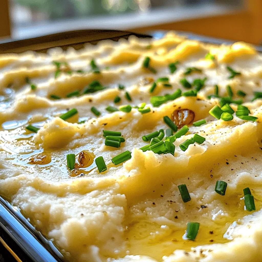 - 1 large head of cauliflower, cut into florets - 6 cloves of garlic, peeled - 2 tablespoons olive oil - 1/4 cup unsweetened almond milk (or any preferred milk) - 2 tablespoons butter (or vegan butter) - Salt and pepper to taste - Fresh chives for garnish - Parmesan cheese for a creamy, cheesy flavor - Cream cheese for extra richness - Nutritional yeast for a vegan cheese flavor When I create roasted garlic mashed cauliflower, I start with fresh ingredients. The cauliflower is key. It gives the dish its base and texture. I cut it into florets, making it easier to roast. Garlic adds a mellow sweetness once roasted. Six cloves of garlic might seem like a lot, but it makes the flavor shine. Next, I drizzle in olive oil. This not only helps with roasting but also adds richness. Don't forget the almond milk! It keeps the mash creamy. If you like butter, you can use that too. A couple of tablespoons make everything taste better. Salt and pepper are must-haves. They bring out the flavors of the vegetables. Finally, I love to sprinkle fresh chives on top for color and taste. They give a fresh bite that brightens everything up. If you want to make it even richer, consider some optional add-ins. Parmesan cheese gives a nice cheesy flavor. Cream cheese also adds a smooth texture. If you’re vegan, nutritional yeast can replace cheese and still taste great. You can find the full recipe to make this dish at home. Each ingredient plays a role in creating a creamy delight you'll love. - Preheat your oven to 400°F (200°C). - Toss the cauliflower florets and garlic cloves with olive oil, salt, and pepper. Start by cutting the cauliflower into bite-size pieces. This helps it cook evenly. Next, peel the garlic cloves and add them to the bowl. Use enough olive oil to coat the veggies lightly. Salt and pepper add flavor, so don't skip this step! Make sure everything is well mixed. - Spread the mixture evenly in a baking dish. - Roast for 25-30 minutes until tender and caramelized. Once you have everything mixed, spread it in a single layer in a baking dish. This allows the veggies to roast properly. Keep an eye on them as they cook. You want them to become soft and slightly golden. The smell will be amazing! - Combine roasted ingredients with almond milk and butter. - Blend until smooth and creamy, or mash for a chunkier texture. - Season with salt and pepper, and garnish with chives. After roasting, let the dish cool slightly. Transfer the roasted cauliflower and garlic into a large bowl. Add the almond milk and butter for creaminess. Blend with an immersion blender until smooth. If you like it chunkier, just mash it with a potato masher. Taste your mixture and adjust the salt and pepper as needed. Finally, sprinkle chopped chives on top for color. For the full recipe, refer to the section above. Enjoy your creamy delight with your favorite meal! To get that creamy consistency, roast the cauliflower and garlic until they are tender. This step is key. When you blend them, add almond milk and butter for richness. If it's too thick, add more milk. For a lighter touch, use a potato masher instead of a blender. This gives you some texture while still being smooth. Adjust the salt and pepper to match your taste. Always taste as you go! If you have any leftovers, don’t worry! You can mix them into soups or make a dip for veggies. Leftover mashed cauliflower can also stuff into baked potatoes for a new dish. When reheating, do it slowly on low heat. This keeps the flavor fresh and the texture nice. You can add a splash of milk while reheating to keep it creamy. To achieve smooth results, I recommend using an immersion blender. It's easy and quick. If you prefer a regular blender, make sure to blend in batches to avoid spills. For roasting, a glass or ceramic baking dish works best. These help the cauliflower brown nicely and develop flavor. Always choose a dish that allows for even heat. {{image_2}} You can change the taste of roasted garlic mashed cauliflower easily. Adding herbs like thyme or rosemary gives it a fresh twist. These herbs add depth and aroma. You can also make it spicy by adding red pepper flakes. Just a pinch can turn up the heat and excite your palate. For those who follow a vegan diet, you can swap out butter for vegan butter. This keeps the dish creamy without dairy. Almond milk is a great choice, but any plant-based milk works well too. If you have nut allergies, use oat milk or soy milk instead. These options keep the dish safe and tasty. Roasted garlic mashed cauliflower is very versatile. You can pair it with proteins like chicken or fish. It makes a great side dish that balances flavors. You can also use it as a filling for wraps. Just add some veggies or protein, and you have a meal ready to go! For detailed steps to make this dish, check the Full Recipe. To keep your Roasted Garlic Mashed Cauliflower fresh, store it in airtight containers. Glass containers work well, but plastic ones are fine too. Make sure you cool the dish before sealing it. This helps prevent moisture buildup. You can keep it in the fridge for about 3 to 5 days. Just remember to label the container with the date! If you want to save your mashed cauliflower for later, freezing is a great option. Portion it into freezer-safe bags or containers. Make sure to remove as much air as possible. You can freeze it for up to 3 months. When you're ready to eat, thaw it in the fridge overnight. For reheating, place it in a pot over low heat. Stir often to keep it smooth. You can add a splash of almond milk if it seems dry. Enjoy your creamy delight even after a few months! Roasted garlic mashed cauliflower is a creamy side dish. It uses cauliflower and garlic for a tasty twist. This dish is lower in carbs than traditional mashed potatoes. Nutritionally, it's rich in vitamins C and K. Plus, it has fiber and antioxidants. The roasting brings out a sweet flavor in the garlic, making it a delight for your taste buds. Yes, you can prepare this dish ahead of time. Roast the cauliflower and garlic, then let them cool. Store them in the fridge for up to three days. When you're ready to serve, reheat them in a pot on low heat. Add a splash of almond milk if it feels too thick. Stir until it’s hot and creamy again. To make roasted garlic mashed cauliflower vegan, swap butter for vegan butter. Use almond milk or any plant-based milk. This way, you keep the creamy texture without dairy. The taste remains just as rich and delightful. There are many ways to change up this dish. You can add herbs like thyme or rosemary for extra flavor. Try mixing in nutritional yeast for a cheesy taste without dairy. For a spicy kick, sprinkle in some red pepper flakes. These small changes can make your dish new and exciting! To sum up, I guided you through making roasted garlic mashed cauliflower. I covered the key ingredients, from cauliflower to flavor boosters. You learned step-by-step instructions for preparation and roasting. I shared tips on achieving perfect texture, using leftovers, and suggested variations for flavor. In the end, this dish is simple and versatile. Whether you make it vegan or add cheese, it suits many tastes. Enjoy experimenting with this comforting recipe!