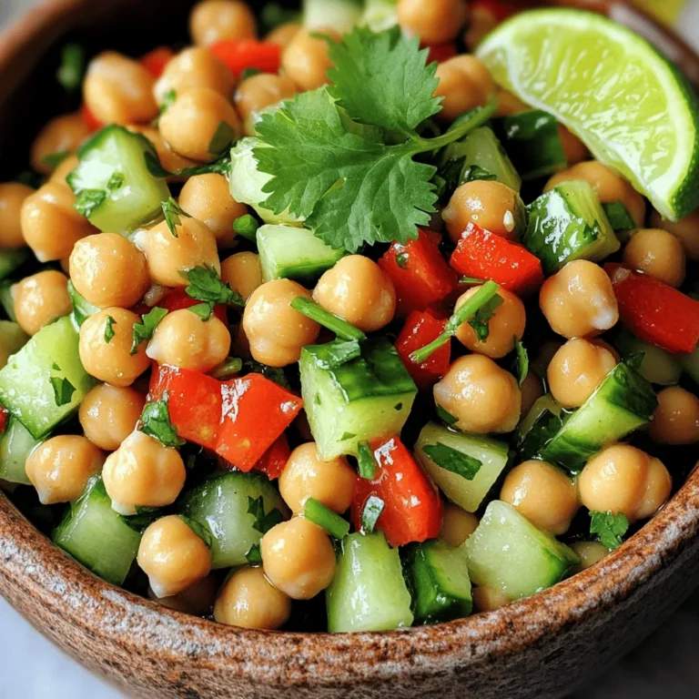 - 1 can (15 oz) chickpeas, drained and rinsed - 1 red bell pepper, diced - 1 cucumber, diced - 1 small red onion, finely chopped - 1 jalapeño, seeded and minced (optional for extra heat) - 1/4 cup fresh cilantro, chopped - 3 tablespoons olive oil - 2 tablespoons lime juice - 1 teaspoon ground cumin - 1/2 teaspoon smoked paprika - Salt and pepper to taste - Prep Time: 10 mins - Cook Time: 20 mins - Servings: 4 When I think of a fresh and zesty dish, Spicy Chickpea Salad is at the top of my list. The chickpeas provide a solid base, packed with protein and fiber. I love how the colors from the red bell pepper and cucumber pop in the bowl. Each bite bursts with flavor. The dressing is where the magic happens. The olive oil and lime juice blend together, creating a bright and tangy taste. Ground cumin adds warmth, while smoked paprika gives a hint of smokiness. I often tweak the seasoning, adding more lime juice for extra zest or salt to enhance the flavors. This salad is quick to make, taking about 10 minutes for prep and 20 minutes total. It serves four, making it perfect for a light lunch or a side dish at dinner. You can easily pair it with grilled meats or serve it alone for a satisfying meal. For the full experience, check out the [Full Recipe]. - First, drain and rinse the chickpeas. This step removes excess salt and helps the salad taste fresh. - Next, dice the red bell pepper, cucumber, and red onion into small pieces. This makes the salad easy to eat. - If you want some heat, mince the jalapeño. Also, chop the fresh cilantro for added flavor. - In a large bowl, combine the chickpeas and all the diced vegetables. - Add the chopped cilantro and mix everything together evenly. You want each bite to have a bit of everything. - In a small bowl, whisk together olive oil, lime juice, cumin, smoked paprika, salt, and pepper. This dressing gives the salad its zesty flavor. - Drizzle the dressing over the salad and toss gently. Make sure all the ingredients get coated well. - Let the salad sit for about 10 minutes before serving. This marinading time allows the flavors to mix and develop. Enjoy your Spicy Chickpea Salad! For the full recipe, check out the [Full Recipe]. To get the heat just right, adjust the jalapeño and spices to your taste. If you like more heat, consider adding a few drops of hot sauce or a sprinkle of chili flakes. This salad is all about your preference, so don't be shy; find your perfect balance. Fresh lime juice makes a big difference. It tastes much better than bottled juice. You can also experiment with fresh herbs. Try adding parsley or dill for a twist. These herbs boost the salad's flavor and add a fresh touch. Serve your salad in a large bowl for sharing or in individual portions. This makes it look great and easy to serve. For garnish, sprinkle cilantro on top and add lime wedges on the side. These small touches make your dish pop and invite everyone to dig in. {{image_2}} You can change the flavors of your Spicy Chickpea Salad easily. For a different taste, substitute roasted red peppers or cherry tomatoes. They both add sweetness and depth. You can also add avocado for creaminess. This makes the salad rich and smooth, balancing the spice. This salad is gluten-free and vegan-friendly. It is perfect for many diets. To make it lower in sodium, use low-salt chickpeas. This keeps the dish healthy without losing flavor. Want to make your salad heartier? Include chicken, tuna, or feta cheese for a protein boost. These options can make it a full meal. You can mix and match based on what you like or have at home. Enjoy the Full Recipe for more ideas! Keep your Spicy Chickpea Salad in an airtight container in the fridge. This keeps it fresh and safe to eat. You should eat the salad within 2-3 days for the best taste. The flavors may get stronger over time, which some people enjoy. You can serve this salad cold or at room temperature. There is no need to reheat it. Enjoy it as a quick and easy meal! For the full recipe, check out the earlier sections. Yes, but for best results, add dressing just before serving. This keeps the salad fresh and crunchy. If you dress it early, the veggies may get soggy. So, wait until you’re ready to eat. This salad pairs well with grilled meats, pita bread, or as a light meal on its own. The flavors work nicely with chicken or fish. You can also enjoy it as a side dish for a barbecue. To make it less spicy, reduce or omit the jalapeño. You can also use less paprika. This way, you keep the salad tasty without too much heat. Adjust to your taste for a milder version. Absolutely, it's great for meal prep and lasts well in the fridge. You can store it in an airtight container. It stays fresh for 2-3 days. The flavors become more intense, adding to the taste. Check out the Full Recipe for more details! This chickpea salad recipe is simple and full of flavor. We covered the main ingredients, how to mix them, and tips to make it even better. Remember, adjust the spices to suit your taste. You can easily customize it with different veggies or proteins. Enjoying this salad will bring freshness to your meals. Plus, it’s perfect for making ahead of time. With these easy steps, you'll create a satisfying dish that's healthy and delicious.