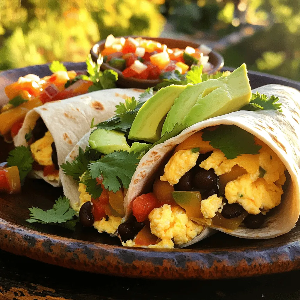 To make savory breakfast burritos, you will need a few key ingredients. Here’s what you need: - 4 large flour tortillas - 6 large eggs - 1 cup black beans, drained and rinsed - 1 cup diced bell peppers (mix of red and green) - 1 small onion, diced - 1 cup shredded sharp cheddar cheese - 1 avocado, sliced - 1 tablespoon olive oil - 1 teaspoon ground cumin - 1 teaspoon paprika - Salt and pepper to taste - Fresh cilantro, chopped (for garnish) - Salsa (optional, for serving) These ingredients create the perfect balance of flavors and textures. If you have dietary restrictions, there are great substitutions. For a gluten-free option, use corn tortillas. If you are vegan, swap the eggs for scrambled tofu and use plant-based cheese. You can also add more veggies, like spinach or mushrooms, to boost nutrition. Feel free to mix and match. Cooking is all about personal taste. Use what you have at home, and make it your own! For the full recipe, check the details above. 1. Detailed Cooking Instructions Start by heating the olive oil in a large skillet over medium heat. Add the diced onion and bell peppers. Cook them for about 5 minutes until soft. In a medium bowl, whisk the eggs with ground cumin, paprika, salt, and pepper. Once the veggies are ready, push them to one side of the skillet. Pour the eggs into the other side. Let them cook for one minute. Stir gently until they scramble and mix with the veggies. Add the black beans, stirring until everything is hot, which takes about 2 minutes. Take the skillet off the heat and stir in half of the cheddar cheese. It will melt a bit in the warm mix. 2. Tips for Efficient Assembly When you assemble the burritos, lay a tortilla flat on your surface. Place about a quarter of the egg mixture in the center. Top it with slices of avocado and a sprinkle of the remaining cheese. Fold the sides of the tortilla inwards. Then roll from the bottom to the top to form a burrito. Repeat this with the other tortillas. If you want a crispy skin, place the burritos seam-side down on a heated skillet. Cook them for 2-3 minutes on each side. 3. Recommended Cooking Tools You will need a large skillet for cooking, a medium bowl for whisking, and a spatula for stirring. A cutting board and knife will help you dice the onions and peppers. Use measuring cups and spoons for accuracy. A flat surface is key for assembling the burritos. This method makes savory breakfast burritos easy and fun to enjoy! For the full recipe, check out the details above. When making breakfast burritos, a few simple tricks can help you shine in the kitchen. Start by seasoning your eggs well. I like to use ground cumin and paprika. These spices give the eggs a warm flavor that pairs great with the beans and veggies. You can also add a pinch of salt and pepper to enhance all the flavors. If you want a kick, try adding a dash of hot sauce. To keep tortillas from getting soggy, warm them first. You can heat them in a dry skillet for about 30 seconds on each side. This step adds a nice texture. Another tip is to avoid overfilling your burritos. Keep the filling to about a quarter of the tortilla. This way, you can roll them tightly without leaks. If you want a crispy finish, you can grill them seam-side down in a hot skillet for a few minutes. This gives a nice crunch to the outside. For the full recipe, check out the details above! {{image_2}} Adding different vegetables makes your savory breakfast burritos colorful and tasty. You can try spinach, zucchini, or mushrooms. Each veggie brings a unique flavor and texture. Mixing them up keeps breakfast fun and fresh. For cheese alternatives, consider using goat cheese or feta. These options give a tangy twist to your burrito. If you want to skip dairy, try nutritional yeast. It adds a cheesy flavor without the milk. Using plant-based proteins is also a smart choice. Black beans are a great start, but you can add chickpeas or lentils too. They fill you up and boost nutrition. These swaps make your burritos healthy and satisfying. Incorporating breakfast sausage or bacon brings bold flavors to your burrito. Cook them until crispy, then mix them with the veggies and eggs. The smoky taste of bacon pairs well with the creamy avocado. Using different meats can change your flavor profile. You could use chorizo for a spicy kick or shredded chicken for a lighter option. Each meat adds a unique taste, so feel free to experiment! Check out the Full Recipe for all the details on making these delicious burritos. To keep your savory breakfast burritos fresh, follow these simple steps. First, let the burritos cool down to room temperature. Then, wrap each burrito tightly in plastic wrap or foil. Place them in an airtight container or a resealable plastic bag. Store them in the fridge if you plan to eat them within three days. For longer storage, freeze the burritos. To freeze, use the same wrapping method, but make sure to label the bag with the date. They can last for up to three months in the freezer. When you are ready to enjoy your leftover burritos, reheating them properly is key. For the microwave, unwrap the burrito and place it on a microwave-safe plate. Cover it with a damp paper towel to keep it moist. Heat for about 1-2 minutes or until hot. If you prefer a crispy tortilla, use a skillet. Heat the skillet over medium heat and place the burrito seam-side down. Cook for about 2-3 minutes per side. This method helps keep the flavor and texture intact. How to make breakfast burritos ahead of time? You can prepare the filling in advance. Cook the eggs, beans, and veggies as usual. Let them cool, then store in an airtight container. You can wrap the tortillas with filling and freeze them. Just reheat in a microwave or skillet when ready to eat. What are the best sauces to serve with breakfast burritos? Salsa is a classic choice. You can also try hot sauce for some spice. A creamy avocado sauce or sour cream adds a nice touch. Experiment with different sauces to find your favorite. Can I use whole wheat tortillas for a healthier version? Yes, whole wheat tortillas are a great option. They add fiber and nutrients. Just make sure they are large enough to hold all the tasty filling. What other ingredients can I add to my burritos? Feel free to mix in ingredients like spinach, mushrooms, or zucchini. You can also add cooked bacon, sausage, or tofu for protein. Chopped herbs like cilantro or green onions can brighten the taste too. The choice is yours! For a complete guide on making these delicious burritos, check the Full Recipe. In this blog post, I shared how to make delicious breakfast burritos. We covered ingredients, like healthy swaps for various diets. I provided step-by-step cooking instructions and tips for assembling your burrito. You learned ways to enhance flavor without soggy tortillas and explored variations for vegetarian and meat-lover options. Lastly, I detailed smart storage and reheating tips. Now, you have the tools to create your own perfect breakfast burritos. Enjoy experimenting with flavors and ingredients!