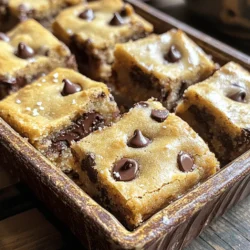 To make these delicious chocolate chip cookie bars, you will need the following ingredients: - 2 1/4 cups all-purpose flour - 1 teaspoon baking soda - 1 teaspoon salt - 1 cup (2 sticks) unsalted butter, softened - 3/4 cup brown sugar, packed - 3/4 cup granulated sugar - 1 tablespoon vanilla extract - 2 large eggs - 2 cups semi-sweet chocolate chips - 1/2 cup chopped nuts (walnuts or pecans, optional) - Sea salt for sprinkling You can also consider adding some optional ingredients. For a fun twist, try using different types of chocolate chips. You can mix in dark chocolate or white chocolate chips for added flavor. If you like a bit of crunch, add chopped nuts like walnuts or pecans. Just remember, if you choose to add nuts, mix them in gently at the end. A sprinkle of sea salt on top will give your bars an extra flavor pop. This simple ingredient list makes it easy for you to bake these treats at home. You can find the full recipe above to guide you step by step. Enjoy preparing these delightful cookie bars! 1. First, preheat your oven to 350°F (175°C). This step is key for even baking. 2. Next, grease a 9x13 inch baking pan. You can also line it with parchment paper. This makes it easier to remove the bars later. 3. In a medium bowl, whisk together 2 1/4 cups of all-purpose flour, 1 teaspoon of baking soda, and 1 teaspoon of salt. Set this bowl aside. 4. In a large mixing bowl, beat 1 cup of softened butter, 3/4 cup of brown sugar, and 3/4 cup of granulated sugar together. Mix until creamy, which takes about 2-3 minutes. 5. Now, add 1 tablespoon of vanilla extract and 2 large eggs. Mix well after adding each egg. This helps create a smooth batter. 6. Gradually add the dry mix to the wet mix. Stir until just combined. Be careful not to overmix. This keeps the bars soft and chewy. 7. Gently fold in 2 cups of semi-sweet chocolate chips and optional 1/2 cup of chopped nuts. Make sure they are evenly spread throughout the dough. 8. Spread the cookie dough evenly in the prepared pan. Use a spatula to smooth the top. 9. Sprinkle a small pinch of sea salt over the top for an extra flavor boost. 10. Bake in the preheated oven for 25-30 minutes. Check for doneness by inserting a toothpick in the center. It should come out with a few moist crumbs, not wet batter. 11. Let the cookie bars cool in the pan for about 10-15 minutes. After that, transfer them to a wire rack to cool completely. 12. Once cooled, cut them into squares or rectangles and enjoy your delicious cookie bars! To bake the best chocolate chip cookie bars, avoid common mistakes. One mistake is overmixing the dough. This can make your bars tough. Mix just until the dry and wet ingredients blend. Another mistake is not measuring your flour correctly. Too much flour leads to dry bars. Use the spoon-and-level method to measure. Spoon flour into your measuring cup and level it off with a knife. To achieve the perfect texture, use room-temperature butter. Softened butter helps create a creamy mix. If your butter is too cold, it won’t mix well. Also, bake until the edges are golden brown. The center should have a few moist crumbs when tested with a toothpick. Want to boost the flavor of your cookie bars? You can use different types of chocolate. Try dark chocolate or milk chocolate for variety. Adding extracts is another great idea. Almond extract gives a unique twist. You can also add a sprinkle of sea salt on top. This enhances the sweet chocolate flavor. For more texture, consider adding nuts. Walnuts or pecans add crunch and flavor. You can also mix in dried fruits like cranberries or cherries for a fresh taste. {{image_2}} To make gluten-free cookie bars, swap all-purpose flour for gluten-free flour blends. These blends often contain rice flour, potato starch, and tapioca flour. You can also try almond flour or coconut flour, but adjust the liquid in the recipe. A good rule is to use less liquid for almond flour. For gluten-free baking, add a binding agent. Use 1 tablespoon of ground flaxseed mixed with 3 tablespoons of water as a substitute for eggs. This mix helps hold the bars together. For vegan cookie bars, replace eggs with flax eggs. Combine 1 tablespoon of ground flaxseed with 3 tablespoons of water. Let it sit for about 5 minutes until it thickens. Instead of butter, use coconut oil or vegan butter. Both provide a rich taste and texture. If you want to add a hint of flavor, use a dash of almond milk or oat milk. You can add fun flavors to your cookie bars. Try mixing in dried fruits, like cranberries or raisins. Chopped nuts, like almonds or pecans, also work great. For a festive touch, add spices like cinnamon or nutmeg. Around the holidays, consider mixing in white chocolate chips or peppermint pieces for a seasonal twist. For the full recipe, check out the details above. Enjoy baking! To keep your chocolate chip cookie bars fresh, use an airtight container. This method keeps moisture in and air out. You can store the cookie bars at room temperature for about 3 to 4 days. If you want them to last longer, place them in the fridge. They will stay fresh there for up to a week. Just remember, cold storage can change the texture slightly, making them a bit firmer. If you want to enjoy these bars later, freezing is a great option. First, let the cookie bars cool completely. Then, cut them into squares. Wrap each piece tightly in plastic wrap. Place the wrapped bars in a freezer-safe bag or container. They can last in the freezer for about 2 to 3 months. When you're ready to eat them, take out what you need. Thaw the bars at room temperature for about an hour. You can also warm them in the microwave for a few seconds. Freezing may change the texture a bit. They might not be as soft as when fresh, but they'll still taste great! How long do chocolate chip cookie bars last? Chocolate chip cookie bars can last up to a week when stored correctly. Keep them in an airtight container at room temperature. If you want them to last longer, you can refrigerate them. They may stay fresh for about two weeks in the fridge. Can I use frozen cookie dough for this recipe? Yes, you can use frozen cookie dough! Just let it thaw in the fridge overnight before using it. If you have a store-bought dough, check the package for any specific instructions. It may affect the baking time slightly, so keep an eye on them. Why are my cookie bars too dry? Dry cookie bars often happen due to too much flour or overbaking. Make sure to measure flour correctly. Use the spoon and level method instead of packing it down. Also, check your oven timer. If you bake them too long, they will dry out. What to do if the bars are undercooked? If your bars are undercooked, put them back in the oven right away. Bake them for an additional 5 to 10 minutes. Check often to ensure they don't overbake. The edges should look golden brown, and the center should look set. In this blog post, I shared how to make tasty cookie bars. We covered all the key ingredients, detailed steps for mixing and baking, and expert tips to avoid common mistakes. You also learned about variations for gluten-free and vegan options, plus fun flavor twists. Storing your cookie bars properly can keep them fresh and delicious. Remember, small changes can lead to great results. Enjoy baking and experimenting with your cookie bars!