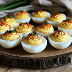 - 6 large eggs - 3 tablespoons mayonnaise - 1 teaspoon Dijon mustard - 1 teaspoon apple cider vinegar - Salt and pepper to taste - 1/4 teaspoon smoked paprika (plus extra for garnish) - Fresh chives or parsley for garnish When measuring ingredients, use a standard measuring spoon. Level off each spoonful for accuracy. For the mayonnaise, a heaping spoon is fine if you like a creamier filling. If you prefer a tangier taste, add a splash more of apple cider vinegar. Use fresh eggs for the best flavor and color. Older eggs tend to peel more easily after boiling. Garnishing your deviled eggs can make them pop! Here are some fun ideas: - Smoked paprika gives a nice color and smoky taste. - Fresh chives or parsley add a green touch and fresh flavor. - Capers or pickles can give a salty bite. - Bacon bits add crunch and a savory flavor. You can mix and match these garnishes to suit your taste. Get creative and have fun! For the full recipe, check out the Devilishly Delicious Deviled Eggs. Start with six large eggs. Place them in a pot and cover with cold water. Turn the heat to medium-high and bring the water to a boil. Once boiling, cover the pot and remove it from the heat. Let the eggs sit for 12 minutes. This process helps cook the eggs evenly. After 12 minutes, move the eggs to a bowl of ice water. Let them cool for about 5 minutes. This step makes peeling easier. When you peel the eggs, do it under running water. This method helps remove the shell without damaging the egg. Pat the eggs dry with a paper towel. Next, slice the eggs in half lengthwise. Gently scoop out the yolks into a mixing bowl. Add three tablespoons of mayonnaise to the yolks. Then, mix in one teaspoon of Dijon mustard and one teaspoon of apple cider vinegar. Season with salt and pepper to taste. To add some flair, sprinkle in 1/4 teaspoon of smoked paprika. Use a fork to mash everything together. Keep mixing until the filling is smooth and creamy. This step is key for great flavor and texture. Now it’s time to fill the egg whites. Use a spoon or a piping bag to add the yolk mixture. Make sure to fill each egg half generously. This makes them look nice and appetizing. For the final touch, sprinkle a little extra smoked paprika on top. Chop fresh chives or parsley for garnish. This adds color and freshness. Your deviled eggs are now ready to serve! For the full recipe, check the earlier section. To get the best hard-boiled eggs, start with older eggs. Fresh eggs are hard to peel. Place your eggs in a pot and cover them with cold water. Bring this water to a boil over medium-high heat. Once boiling, cover the pot and take it off the heat. Let the eggs sit for 12 minutes. This method cooks the eggs evenly and keeps the yolks bright yellow. One common mistake is cooking the eggs for too long. Overcooked eggs turn green around the yolk. This happens when they sit too long in hot water. Also, avoid peeling eggs right after cooking. Letting them cool in ice water for 5 minutes makes peeling easier. Lastly, don’t skip the seasoning. A pinch of salt and pepper will enhance the flavors. For a creamy filling, use good-quality mayonnaise. I recommend about 3 tablespoons for six eggs. Mix the yolks with the mayo, mustard, and vinegar until smooth. You want a thick, spreadable texture. If it's too thick, add a tiny bit of water. A dash of smoked paprika adds a nice depth of flavor too. For a fun touch, use a piping bag to fill the egg whites. This makes a pretty presentation. For the full recipe, refer to the link. {{image_2}} To add some heat, try spicy deviled eggs. Simply mix in a bit of hot sauce or cayenne pepper. You can start with just a pinch and adjust to your taste. This variation gives a nice kick without being overwhelming. You can also top these eggs with sliced jalapeños for extra spice. Avocado deviled eggs are creamy and rich. Instead of using all mayonnaise, substitute half with ripe avocado. This adds a fresh flavor and a beautiful green color. Mash the avocado with the yolks and mix in lime juice for a tangy twist. This version is perfect for those looking for a healthier option. For a savory twist, try bacon and cheddar deviled eggs. Add crumbled crispy bacon and shredded cheddar cheese to the egg yolk mixture. This version is great for serving at parties or gatherings. The smoky flavor from the bacon pairs well with the creamy filling. Top with extra bacon bits for a crunchy finish. You can find the full recipe for classic deviled eggs, which serves as a fantastic base for these variations. To keep your deviled eggs fresh, place them in an airtight container. Line the bottom with a paper towel. This helps absorb any moisture. Lay the eggs on the towel. Cover the eggs with another layer of paper towel. Seal the container tightly. You can also cover the eggs with plastic wrap. Deviled eggs stay fresh for about 3 to 4 days in the fridge. Keep an eye on the smell or appearance. If they look or smell off, discard them. Always store them in the fridge until you’re ready to eat. Deviled eggs are best eaten cold and do not reheat well. If you have leftovers, you can use them in salads or sandwiches. Just chop them up and mix with your favorite ingredients. Try adding them to a potato salad for extra flavor! For more tips on making deviled eggs, check the Full Recipe section. The best way to hard-boil eggs is simple. Start with cold eggs and place them in a pot. Cover the eggs with cold water. Make sure the water is at least an inch above the eggs. Turn the heat to medium-high and bring the water to a boil. Once the water boils, cover the pot and take it off the heat. Let the eggs sit for 12 minutes. After that, move them to ice water for about 5 minutes. This method makes peeling easy and keeps the eggs tender. Yes, you can make deviled eggs ahead of time. Prepare the eggs and the filling, then store them separately. Place the egg whites in one container and the yolk filling in another. Cover them tightly with plastic wrap or a lid. When you are ready to serve, just fill the egg whites with the yolk mixture. This way, they stay fresh and look great. To prevent a runny filling, use the right amount of mayonnaise. Start with 3 tablespoons, as noted in the full recipe. If your filling is too thin, add more mashed yolk. You can also add a bit of mustard or vinegar slowly until you reach your desired texture. Mixing the yolks well helps to create a creamy filling without being runny. In this post, we explored how to make great deviled eggs. We covered key ingredients, preparation steps, and tips for perfect results. I shared variations to add fun twists, like spicy or avocado options. Proper storage was also discussed, ensuring you keep them fresh. Now you can enjoy deviled eggs that impress at any gathering. Keep trying new flavors and techniques. Your deviled eggs will always be a hit!