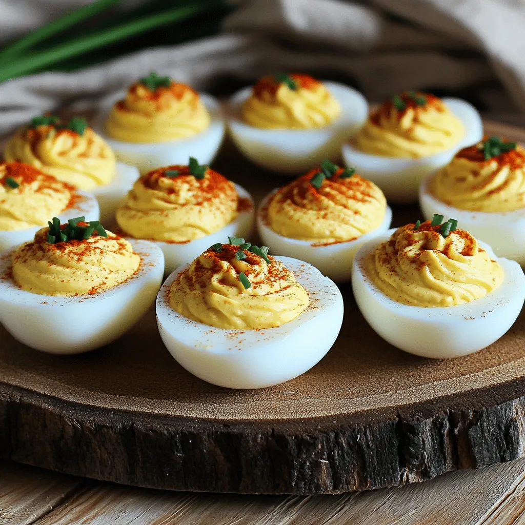 - 6 large eggs - 3 tablespoons mayonnaise - 1 teaspoon Dijon mustard - 1 teaspoon apple cider vinegar - Salt and pepper to taste - 1/4 teaspoon smoked paprika (plus extra for garnish) - Fresh chives or parsley for garnish When measuring ingredients, use a standard measuring spoon. Level off each spoonful for accuracy. For the mayonnaise, a heaping spoon is fine if you like a creamier filling. If you prefer a tangier taste, add a splash more of apple cider vinegar. Use fresh eggs for the best flavor and color. Older eggs tend to peel more easily after boiling. Garnishing your deviled eggs can make them pop! Here are some fun ideas: - Smoked paprika gives a nice color and smoky taste. - Fresh chives or parsley add a green touch and fresh flavor. - Capers or pickles can give a salty bite. - Bacon bits add crunch and a savory flavor. You can mix and match these garnishes to suit your taste. Get creative and have fun! For the full recipe, check out the Devilishly Delicious Deviled Eggs. Start with six large eggs. Place them in a pot and cover with cold water. Turn the heat to medium-high and bring the water to a boil. Once boiling, cover the pot and remove it from the heat. Let the eggs sit for 12 minutes. This process helps cook the eggs evenly. After 12 minutes, move the eggs to a bowl of ice water. Let them cool for about 5 minutes. This step makes peeling easier. When you peel the eggs, do it under running water. This method helps remove the shell without damaging the egg. Pat the eggs dry with a paper towel. Next, slice the eggs in half lengthwise. Gently scoop out the yolks into a mixing bowl. Add three tablespoons of mayonnaise to the yolks. Then, mix in one teaspoon of Dijon mustard and one teaspoon of apple cider vinegar. Season with salt and pepper to taste. To add some flair, sprinkle in 1/4 teaspoon of smoked paprika. Use a fork to mash everything together. Keep mixing until the filling is smooth and creamy. This step is key for great flavor and texture. Now it’s time to fill the egg whites. Use a spoon or a piping bag to add the yolk mixture. Make sure to fill each egg half generously. This makes them look nice and appetizing. For the final touch, sprinkle a little extra smoked paprika on top. Chop fresh chives or parsley for garnish. This adds color and freshness. Your deviled eggs are now ready to serve! For the full recipe, check the earlier section. To get the best hard-boiled eggs, start with older eggs. Fresh eggs are hard to peel. Place your eggs in a pot and cover them with cold water. Bring this water to a boil over medium-high heat. Once boiling, cover the pot and take it off the heat. Let the eggs sit for 12 minutes. This method cooks the eggs evenly and keeps the yolks bright yellow. One common mistake is cooking the eggs for too long. Overcooked eggs turn green around the yolk. This happens when they sit too long in hot water. Also, avoid peeling eggs right after cooking. Letting them cool in ice water for 5 minutes makes peeling easier. Lastly, don’t skip the seasoning. A pinch of salt and pepper will enhance the flavors. For a creamy filling, use good-quality mayonnaise. I recommend about 3 tablespoons for six eggs. Mix the yolks with the mayo, mustard, and vinegar until smooth. You want a thick, spreadable texture. If it's too thick, add a tiny bit of water. A dash of smoked paprika adds a nice depth of flavor too. For a fun touch, use a piping bag to fill the egg whites. This makes a pretty presentation. For the full recipe, refer to the link. {{image_2}} To add some heat, try spicy deviled eggs. Simply mix in a bit of hot sauce or cayenne pepper. You can start with just a pinch and adjust to your taste. This variation gives a nice kick without being overwhelming. You can also top these eggs with sliced jalapeños for extra spice. Avocado deviled eggs are creamy and rich. Instead of using all mayonnaise, substitute half with ripe avocado. This adds a fresh flavor and a beautiful green color. Mash the avocado with the yolks and mix in lime juice for a tangy twist. This version is perfect for those looking for a healthier option. For a savory twist, try bacon and cheddar deviled eggs. Add crumbled crispy bacon and shredded cheddar cheese to the egg yolk mixture. This version is great for serving at parties or gatherings. The smoky flavor from the bacon pairs well with the creamy filling. Top with extra bacon bits for a crunchy finish. You can find the full recipe for classic deviled eggs, which serves as a fantastic base for these variations. To keep your deviled eggs fresh, place them in an airtight container. Line the bottom with a paper towel. This helps absorb any moisture. Lay the eggs on the towel. Cover the eggs with another layer of paper towel. Seal the container tightly. You can also cover the eggs with plastic wrap. Deviled eggs stay fresh for about 3 to 4 days in the fridge. Keep an eye on the smell or appearance. If they look or smell off, discard them. Always store them in the fridge until you’re ready to eat. Deviled eggs are best eaten cold and do not reheat well. If you have leftovers, you can use them in salads or sandwiches. Just chop them up and mix with your favorite ingredients. Try adding them to a potato salad for extra flavor! For more tips on making deviled eggs, check the Full Recipe section. The best way to hard-boil eggs is simple. Start with cold eggs and place them in a pot. Cover the eggs with cold water. Make sure the water is at least an inch above the eggs. Turn the heat to medium-high and bring the water to a boil. Once the water boils, cover the pot and take it off the heat. Let the eggs sit for 12 minutes. After that, move them to ice water for about 5 minutes. This method makes peeling easy and keeps the eggs tender. Yes, you can make deviled eggs ahead of time. Prepare the eggs and the filling, then store them separately. Place the egg whites in one container and the yolk filling in another. Cover them tightly with plastic wrap or a lid. When you are ready to serve, just fill the egg whites with the yolk mixture. This way, they stay fresh and look great. To prevent a runny filling, use the right amount of mayonnaise. Start with 3 tablespoons, as noted in the full recipe. If your filling is too thin, add more mashed yolk. You can also add a bit of mustard or vinegar slowly until you reach your desired texture. Mixing the yolks well helps to create a creamy filling without being runny. In this post, we explored how to make great deviled eggs. We covered key ingredients, preparation steps, and tips for perfect results. I shared variations to add fun twists, like spicy or avocado options. Proper storage was also discussed, ensuring you keep them fresh. Now you can enjoy deviled eggs that impress at any gathering. Keep trying new flavors and techniques. Your deviled eggs will always be a hit!