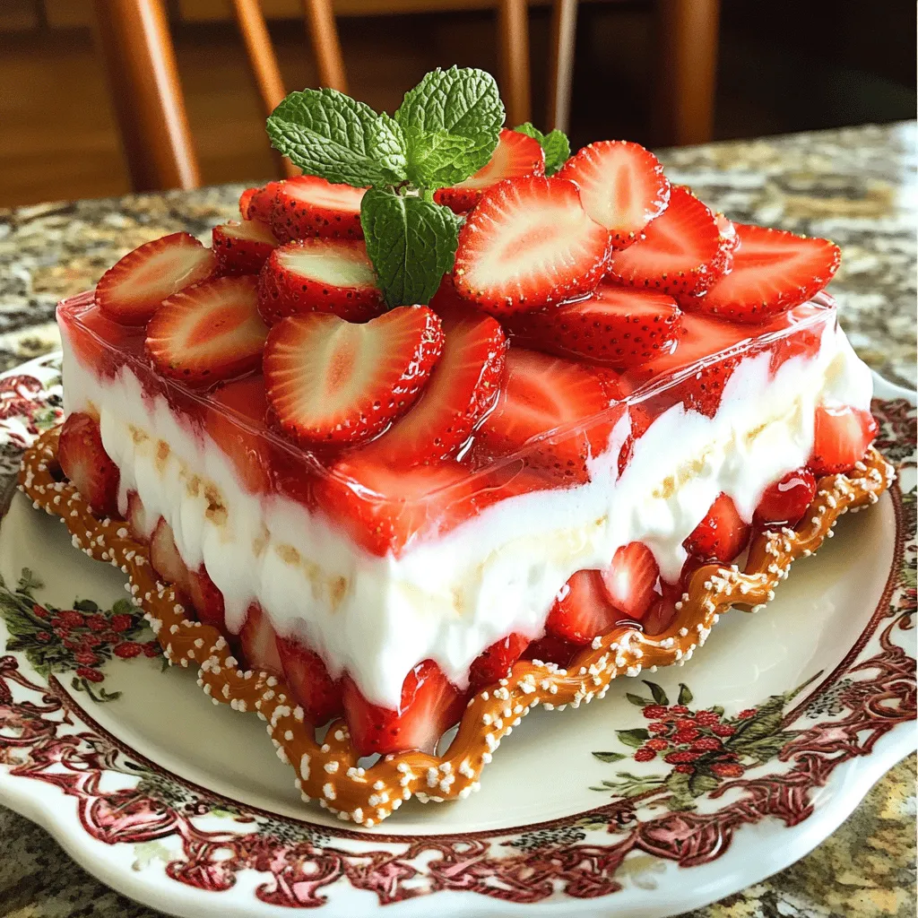 To make a delicious Strawberry Pretzel Salad, you will need the following ingredients: - 2 cups crushed pretzels - ½ cup unsalted butter, melted - ¾ cup granulated sugar, divided - 8 oz cream cheese, softened - 1 cup whipped topping (like Cool Whip) - 1 package (6 oz) strawberry gelatin (Jell-O) - 2 cups boiling water - 2 cups fresh strawberries, sliced - 1 cup cold water Using high-quality ingredients makes a big difference. For example, choose fresh strawberries that are ripe and sweet. They will enhance the flavor of your salad. I recommend using unsalted butter to keep the salty taste of pretzels balanced. Also, select a smooth cream cheese to create a creamy filling. This salad is all about layers, so make each ingredient count! For a fun twist, you can use flavored gelatin for extra flair. Just remember that the classic strawberry flavor really shines through. By following the Full Recipe, you can create a beautiful, tasty dish that everyone will love! 1. Preheat your oven to 350°F (175°C). This step warms your oven for the crust. 2. Combine the crushed pretzels, melted butter, and ¼ cup of sugar. Mix well in a medium bowl until pretzels are coated. 3. Press the pretzel mixture into a 9x13-inch baking dish. Form a crust that is firm and even. 4. Bake for 10 minutes. This helps the crust become crisp. After baking, let it cool completely. 5. Beat cream cheese and remaining sugar. In another bowl, mix until smooth and creamy. 6. Fold in whipped topping gently. Combine until mixed well and spread over the cooled crust. 7. Dissolve the strawberry gelatin in boiling water. Stir until fully dissolved, then add 1 cup of cold water. Let it cool slightly. 8. Stir in sliced strawberries. Once the gelatin mix is cool, carefully mix in the strawberries. 9. Pour the strawberry mixture over the cream cheese layer. Do this slowly to keep the layers separate. 10. Refrigerate for at least 4 hours. Let it set until firm. Baking Tips: To ensure a perfect crust, press the mixture down firmly. This keeps it from crumbling later. Strawberry Layer Tips: Make sure the gelatin is cool before adding strawberries. This helps keep the fruit from sinking. For the full recipe and detailed measurements, check out the [Full Recipe]. When making your Strawberry Pretzel Salad, some mistakes can change how it tastes or feels. One common mistake is not letting the pretzel crust cool. If it’s warm, it can melt the cream cheese layer. Make sure to let it cool completely. Another mistake is not mixing the cream cheese well. If you don't beat it enough, lumps will stay. This can make the texture uneven. To get a smooth cream cheese mixture, start with room-temperature cream cheese. Use a hand mixer for the best results. Beat it until it’s creamy, then add the sugar slowly. Presentation matters! To make your salad shine, cut it into neat squares. Place them on a pretty plate. Add extra slices of strawberries on top for color. A sprig of mint adds a fresh look. For gatherings, set the salad out in a clear dish. This lets the layers show off their beauty. You can also serve it with a side of whipped topping for guests to add more if they like. For the [Full Recipe](#), follow the steps carefully, and enjoy every bit of this tasty dish! {{image_2}} You can change strawberries for other fruits. Blueberries and raspberries work well. They add a new taste and color. Blueberries give a sweet, juicy bite. Raspberries bring a bit of tartness. Each fruit changes the texture too. For instance, raspberries are softer than strawberries. You may want to adjust the sugar level. Taste as you go! You can make your salad even better with some fun flavors. Add lemon or orange zest for a citrus kick. Citrus brightens the whole dish. Try flavored pretzels too! Garlic or ranch-flavored pretzels add a unique twist. Just crush them like you do with the regular pretzels. These changes keep your salad fresh and exciting. Each bite will surprise your taste buds! For the full recipe, check out the details above. After making your Strawberry Pretzel Salad, you want to keep it fresh. Store leftovers in the fridge. Use an airtight container to prevent drying out. This keeps the pretzel crust crunchy and the cream cheese layer smooth. Make sure the container is not too full. This allows air to circulate and keeps the salad from getting soggy. If you have too much salad, you can freeze it. However, the texture might change a bit. To freeze, cut the salad into squares and place them in a freezer-safe container. Keep a layer of plastic wrap between the salad and the lid. This helps prevent freezer burn. When you want to eat it, move the container to the fridge. Let it thaw overnight. After thawing, the pretzel crust may be softer. You can serve it cold, but it might taste better after a few hours in the fridge. For the best results, enjoy the salad fresh. However, freezing can work in a pinch. For the full recipe, check out the details above. How long does the salad need to set? The salad needs to set for at least 4 hours. This time helps the layers blend well. If you want a firmer salad, let it set overnight. Can you make it ahead of time? Yes, you can make it ahead of time. This dish is great for parties. Make it a day before, and it will taste amazing. What are some substitutions for dietary restrictions? You can use gluten-free pretzels for a gluten-free option. Also, try dairy-free cream cheese for lactose intolerance. Sweeteners can replace sugar if needed. What to do if the gel doesn't set properly? If the gel doesn’t set, it might need more time. Check if you used the right amount of water. If it still doesn’t work, try adding more gelatin. How to fix a soggy pretzel crust? A soggy crust can result from too much moisture. Make sure to bake the crust properly. You can also cool it longer before adding the cream cheese layer. To sum up, we covered key ingredients that create great flavor. I shared simple steps for perfect baking and tips to avoid common mistakes. You learned how to present your dish beautifully while exploring tasty variations with different fruits. Finally, I gave you advice on storage and answered common questions. With these tips, you can make a delicious strawberry pretzel salad that impresses everyone. Enjoy experimenting and sharing this treat with family and friends!
