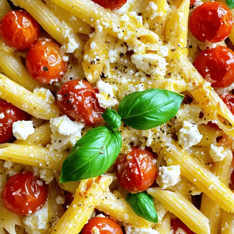 - 200g pasta (penne or fusilli) - 1 block (200g) feta cheese - 2 cups cherry tomatoes, halved - 1/4 cup extra-virgin olive oil - 4 cloves garlic, minced - 1 teaspoon dried oregano - 1/2 teaspoon red pepper flakes (optional) - Salt and black pepper to taste - Fresh basil leaves for garnish - Grated Parmesan cheese for serving (optional) - You can use any pasta you like, such as spaghetti or rotini. - For a dairy-free option, try using a plant-based feta cheese. - Feel free to add seasonal veggies like zucchini or spinach for more flavor. Using different ingredients can change the taste and make this dish your own. 1. Preheat the oven and prep the baking dish Start by setting your oven to 400°F (200°C). This ensures even baking for your meal. Grab a large baking dish. This is where you will mix all your ingredients. 2. Prepare the cherry tomatoes and garlic mixture Take 2 cups of cherry tomatoes and cut them in half. Place the halved tomatoes in the baking dish. Next, mince 4 cloves of garlic. Add the garlic to the tomatoes. Drizzle 1/4 cup of extra-virgin olive oil over the mix. Season it with salt and black pepper. Add 1 teaspoon of dried oregano and, if you like heat, 1/2 teaspoon of red pepper flakes. Mix everything gently to coat the tomatoes and garlic. 1. Baking time and temperatures explained Place a block of feta cheese in the center of the tomato mix. Bake this dish for 25-30 minutes. You want the tomatoes to burst, and the feta should turn golden and soft. Keep an eye on it, as oven times may vary. 2. How to identify when the dish is ready After 25 minutes, check your dish. The tomatoes should be soft and juicy. The feta should look melted and slightly browned. This is the perfect time to take it out. 1. Mixing the baked ingredients with pasta While the feta and tomatoes are baking, cook 200g of pasta in a pot of salted boiling water. Follow the package instructions for the best texture. Once cooked, drain the pasta. After taking the baking dish out of the oven, use a fork to mash the feta into the tomatoes. Mix them well until you get a creamy sauce. Add the drained pasta to the dish. Toss everything together, ensuring the pasta is well coated. 2. Adjusting seasonings before serving Taste your dish. If it needs more flavor, add extra salt, black pepper, or red pepper flakes. Serve hot, and finish with fresh basil leaves on top. You can also sprinkle grated Parmesan cheese if you wish. Enjoy this simple and tasty weeknight meal! For a full guide on this recipe, check out the Full Recipe. To make perfect pasta, cook it until it's al dente. This means it should be firm yet tender. Follow the package instructions for time. Remember to salt the water; it adds flavor. After draining, toss the pasta with a bit of olive oil to prevent sticking. Roasting tomatoes is easy. Preheat the oven to 400°F (200°C). Place halved cherry tomatoes in a baking dish. Drizzle them with olive oil and season with salt. Bake until they burst and soften. This brings out their natural sweetness and flavor. Choose high-quality feta cheese for the best taste. Look for feta made from sheep's milk or a blend. Avoid pre-crumbled feta; it lacks the creamy texture. A block of feta melts nicely with the tomatoes, creating a rich sauce. Olive oil is key to this dish. Use extra-virgin olive oil for its fruity flavor. It enhances both the feta and tomatoes. A good oil can elevate the entire meal. Don't skimp; it makes a big difference. Baked Feta Pasta pairs well with a simple green salad. This adds freshness and crunch. Garlic bread is another great side. It soaks up the tasty sauce and complements the dish. For plating, use a large bowl. Spoon the pasta into the center. Garnish with fresh basil and a sprinkle of Parmesan cheese. This makes the dish look even more inviting. {{image_2}} You can make Baked Feta Pasta even more tasty. Adding spices or fresh herbs can change the flavor. I love using fresh basil or thyme. You can also try adding a pinch of garlic powder or onion powder for extra taste. Want to boost protein? You can add chicken or shrimp. Cook the protein separately, then mix it in with the pasta. This makes the meal hearty and filling. If you want a vegan version, swap out the feta cheese. There are great dairy-free feta options made from nuts. You can also skip the cheese entirely. Just add more veggies and spices to keep it flavorful. For gluten-free pasta, use pasta made from rice or quinoa. These options work well and taste great. You won’t miss the regular pasta at all. Seasonal vegetables can change the dish's vibe. In summer, add zucchini or bell peppers. In fall, use butternut squash or spinach. Just toss in what you find fresh at the market. Adjusting flavors based on what you have is also fun. If you have lemon, add a squeeze for brightness. If you find fresh cherry tomatoes, use those instead of canned. Always feel free to mix it up! For the full recipe, check out [Full Recipe]. To keep your Baked Feta Pasta fresh, store it in an airtight container. Let the dish cool before sealing it. Place it in the fridge within two hours of cooking. This helps keep bacteria away. Eat the leftovers within three to four days for the best taste. When reheating, you want to keep that creamy texture. The oven works best for this. Preheat your oven to 350°F (175°C). Place the pasta in a baking dish and cover it with foil. Heat for about 15-20 minutes. If you’re short on time, you can use the microwave. Place a portion in a microwave-safe bowl. Heat for one to two minutes, stirring halfway. This method is quick but may dry out the pasta a bit. Always check that it's hot before serving. Enjoy your delicious Baked Feta Pasta over again! How do I store leftovers of Baked Feta Pasta? To store leftovers, put them in an airtight container. Keep the pasta in the fridge. It will stay fresh for up to three days. When you want to eat it, just reheat it. Can I use crumbled feta instead of a block? Yes, you can use crumbled feta. It will melt nicely. Just be sure to adjust the baking time. Crumbled feta may cook faster than a block. What’s the best way to serve Baked Feta Pasta? Serve Baked Feta Pasta hot, straight from the oven. Add fresh basil on top for color and taste. A sprinkle of grated Parmesan can also enhance the dish. How long does Baked Feta Pasta take to make? Baked Feta Pasta takes about 40 minutes total. This includes 10 minutes of prep time and 25-30 minutes of baking. Can I make Baked Feta Pasta ahead of time? You can prep the dish ahead of time. Mix the tomatoes, garlic, and feta in a baking dish. Cover it and store it in the fridge. Bake it when you’re ready to eat. Is Baked Feta Pasta suitable for meal prep? Yes, it is great for meal prep! You can make a big batch and divide it into portions. It reheats well and tastes great later. Baked Feta Pasta combines simple ingredients into a delicious dish. We covered essential items, clever swaps, and easy steps for preparation. You learned about tips for perfect cooking and creative variations. I hope you feel ready to try this recipe in your kitchen. Cooking can be fun and simple. Enjoy the flavors, and don’t forget to share your results!