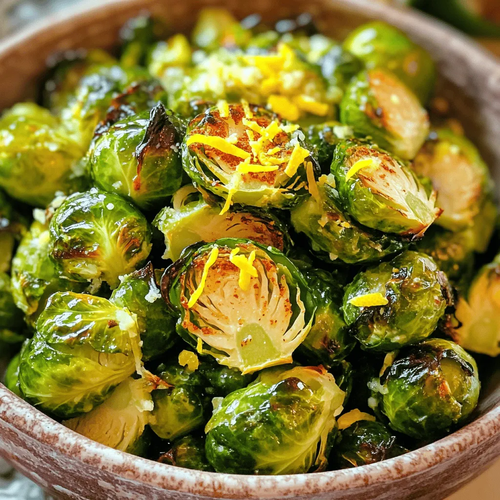 - 1 pound Brussels sprouts, trimmed and halved - 4 cloves garlic, minced - 3 tablespoons olive oil - 1 teaspoon lemon zest - 1 tablespoon balsamic vinegar - 1 teaspoon smoked paprika - Salt and pepper to taste - 2 tablespoons grated Parmesan cheese (optional) Each serving has about 120 calories. You get 10 grams of fat, 8 grams of carbs, and 3 grams of protein. This dish gives you a good source of fiber and vitamins. Brussels sprouts are full of vitamins C and K. They help your immune system and bone health. Garlic adds flavor and has compounds that may boost your heart health. Together, they make a tasty and healthy dish. Enjoy this recipe for Garlic Roasted Brussels Sprouts to get the best of both worlds. For the full recipe, check out the details above. - Preheat your oven to 400°F (200°C). - Grab a baking sheet and line it with parchment paper for easy cleanup. - In a large mixing bowl, add 1 pound of halved Brussels sprouts and 4 minced garlic cloves. - Pour in 3 tablespoons of olive oil and 1 tablespoon of balsamic vinegar. - Add 1 teaspoon of lemon zest, 1 teaspoon of smoked paprika, and salt and pepper to taste. - Toss everything well until the Brussels sprouts are coated evenly. - Spread the Brussels sprouts in a single layer on the prepared baking sheet. - Place the baking sheet in the preheated oven. - Roast them for 25-30 minutes until they turn golden brown and crispy. - Halfway through, take them out and toss the sprouts for even cooking. - If you want, add 2 tablespoons of grated Parmesan cheese during the last five minutes of roasting. This will melt the cheese slightly for extra flavor. - Once done, remove them from the oven and serve hot. - For a nice touch, serve the Brussels sprouts in a rustic bowl and top with extra lemon zest and a sprinkle of Parmesan. Enjoy your garlic roasted Brussels sprouts! For the complete recipe, check out the Full Recipe. To get the best garlic roasted Brussels sprouts, I recommend roasting them at 400°F (200°C). This temperature helps them cook evenly and achieve a nice crisp. Roast them for about 25-30 minutes. Halfway through, give them a toss. This step ensures they brown on all sides. For a crispy texture, make sure to space them out. If they sit too close, they will steam instead of roast. You can enhance the flavor with smoked paprika and fresh garlic. The garlic adds depth, while the paprika gives a hint of smokiness. One common mistake is overcrowding the baking sheet. If the sprouts are too close, they won’t crisp up. Always leave space between them. Another mistake is not using enough seasoning. Salt and pepper bring out the natural flavors. Use a generous amount to make them shine. Garlic roasted Brussels sprouts pair well with many main dishes. They go great with roasted chicken or grilled salmon. They also complement pasta dishes nicely. You can serve them alongside a hearty steak for a balanced meal. For a vegetarian option, try them with quinoa or a grain salad. For the full recipe, check out the [Full Recipe]. {{image_2}} You can boost the flavor of garlic roasted Brussels sprouts with herbs or spices. Try adding thyme or rosemary for a fresh twist. These herbs pair well with garlic and enhance the dish’s taste. A sprinkle of crushed red pepper flakes can add heat if you enjoy spice. Experimenting with flavors keeps the dish exciting. You can switch out olive oil for other oils like avocado or coconut oil. Each oil has a unique taste and can change the overall flavor. If you want a richer taste, try using melted butter instead. For cheese lovers, substituting Parmesan with feta or goat cheese adds a creamy texture and tangy notes. Making this dish vegan is easy. Simply skip the Parmesan cheese or use a plant-based alternative. You can also ensure the recipe is gluten-free by checking the labels on your ingredients. This way, you can enjoy garlic roasted Brussels sprouts while catering to your dietary needs. For the full recipe, check the section above. To keep your garlic roasted Brussels sprouts fresh, use a sealed container. Store them in the fridge for best results. They should last up to three days. If you want to keep them longer, freeze them. Place the sprouts in a freezer bag, squeezing out excess air. They can stay in the freezer for up to three months. When you want to enjoy them again, just thaw in the fridge overnight. To best reheat your garlic roasted Brussels sprouts, use an oven or an air fryer. Preheat your oven to 350°F (175°C). Spread the sprouts on a baking sheet and heat for about 10-15 minutes. This keeps them crisp. If using an air fryer, set it to 350°F and cook for 5-7 minutes. Avoid using the microwave, as it can make them soggy. Garlic roasted Brussels sprouts last about three days in the fridge. If you freeze them, they can last up to three months. Always check for any off smells or discoloration before eating. Proper storage keeps your sprouts tasty and safe to eat. Yes, you can use frozen Brussels sprouts. They are quick and easy. However, fresh Brussels sprouts taste better. Frozen sprouts may not get as crispy. They also lose some flavor and texture. If using frozen, thaw them first. Pat them dry to help them crisp up. Brussels sprouts are done when they turn golden brown and crispy. Look for a nice char on the edges. A fork should easily pierce through them. If they are soft but not mushy, they are ready. Toss them halfway through roasting for even cooking. This helps all sides get that perfect crisp. You can use red wine vinegar or apple cider vinegar instead. Both add a tangy flavor. If you want less tang, try lemon juice. It brightens the dish and keeps it fresh. These options work well in the recipe. Explore your taste and find what you like best. For the full recipe, check the earlier section. In this post, we explored roasted Brussels sprouts with garlic, discussing key ingredients, nutrition, and preparation methods. You learned tips for perfect roasting and how to avoid common mistakes. We also covered fun variations and ideal pairings. Remember, these sprouts are not just tasty; they also offer great health benefits. Enjoy making this dish your own. With these tips, your cooking should be fun and delicious! Dive into the kitchen and make this meal a favorite. You won’t regret it!