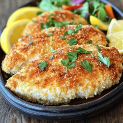 - 4 boneless, skinless chicken breasts - 1 cup grated Parmesan cheese - 1 cup panko breadcrumbs - 1 teaspoon garlic powder - 1 teaspoon onion powder - 1 teaspoon Italian seasoning - Salt and pepper to taste - 2 large eggs - 1 tablespoon Dijon mustard - Olive oil spray Using the right ingredients makes this recipe shine. I love using fresh chicken breasts for this dish. The Parmesan cheese adds a great salty flavor, while panko breadcrumbs give a nice crunch. The garlic and onion powders bring warmth and depth. Italian seasoning ties everything together, adding a hint of herbs. For binding, I use eggs and Dijon mustard. The mustard not only adds flavor but helps the crust stick. Don’t forget salt and pepper; they make a big difference in taste. Olive oil spray helps the chicken brown nicely in the oven. If you want the full recipe, check out the details above. Cooking with quality ingredients will always lead to a tasty dinner delight! - Preheat the oven to 425°F (220°C). - Line a baking sheet with parchment paper for easy cleanup. - In a shallow bowl, mix the grated Parmesan cheese, panko breadcrumbs, garlic powder, onion powder, Italian seasoning, salt, and pepper. - Stir well until all ingredients blend together nicely. - Pat the chicken breasts dry with paper towels. - Season both sides with salt and pepper. - In another bowl, whisk together the eggs and Dijon mustard. This mixture will be your egg wash. - Dip each chicken breast into the egg wash, covering it evenly. Let any excess drip off. - Next, coat the chicken in the Parmesan breadcrumb mixture. Press gently to ensure the crust sticks well. - Place the coated chicken on the prepared baking sheet. - Lightly spray the tops with olive oil to help them crisp. - Bake for about 20-25 minutes. The chicken should reach an internal temperature of 165°F (75°C) and the crust should look golden. - Once done, take the chicken out and let it rest for a few minutes. This helps keep it juicy. - Garnish with fresh parsley before serving. Follow these steps for a delicious, crispy dinner delight. For the complete cooking process, refer to the Full Recipe. To get a nice crunch, use panko breadcrumbs instead of regular ones. Panko has a lighter texture, which helps create a crispier crust. It absorbs less oil, so it stays crunchy longer. The egg wash is also key. It helps the breadcrumbs stick to the chicken. Whisk the eggs with Dijon mustard for added flavor. Make sure to coat the chicken fully to ensure an even crust. For a great presentation, serve the chicken on a nice platter. Add lemon wedges for color and a fresh taste. A side of salad or steamed vegetables looks lovely and adds balance to the meal. The bright colors will make your dish pop and entice your guests. You can easily boost flavor by adding spices and herbs. Try paprika for a smoky taste or thyme for an earthy note. You can also mix in some cayenne for a spicy kick. Feel free to substitute different cheese varieties too. Pecorino Romano can give a sharper flavor, while mozzarella adds creaminess. Experiment to find your perfect blend of flavors! For the full recipe, check out the detailed instructions above. {{image_2}} You can switch up the chicken type for different flavors. Use thighs or drumsticks instead of breasts. Thighs are juicier and add more flavor. Drumsticks are fun and perfect for dipping. For a vegetarian twist, try eggplant or tofu. Slice them thick, coat them, and bake just like chicken. Both options offer a tasty experience. Feel free to play with flavors in your crust. You can add different herbs and spices to the mix. Try basil, thyme, or paprika for a new taste. If you like zest, add some lemon or lime zest. For heat, sprinkle in red pepper flakes or cayenne. These small changes can make a big difference. You have a few cooking methods to choose from. Oven baking gives a great crispy finish, but air frying is faster. It creates a nice crunch without much oil. You can also grill the chicken for a smoky flavor. Stovetop cooking works too; just use a non-stick pan. Each method offers a unique result, so experiment to find your favorite. For the full experience, check out the Full Recipe for Crispy Parmesan Crusted Chicken! To store your leftovers, let the chicken cool first. Place the chicken in an airtight container. This keeps moisture in and prevents drying out. I recommend using glass or plastic containers with tight-fitting lids. These work best for maintaining flavor and texture. To regain crispiness, use the oven. Preheat it to 375°F (190°C). Place the chicken on a baking sheet. Bake for about 10-15 minutes. This method helps the crust stay crunchy. Avoid using the microwave, as it makes the chicken soggy. If you must use a microwave, try reheating in short bursts and then crisping it back in the oven. You can freeze the chicken both before and after cooking. If freezing before cooking, wrap each piece in plastic wrap and place in a freezer bag. For cooked chicken, allow it to cool completely before freezing. When ready to eat, thaw the chicken in the fridge overnight. To cook from frozen, bake at 375°F (190°C) for about 30-35 minutes. Always check the internal temperature. It should reach 165°F (75°C) to be safe. Bake the chicken for 20-25 minutes at 425°F. This high heat gives a crispy crust. The internal temperature should reach 165°F for safety. Check with a meat thermometer. Rest the chicken for a few minutes before serving. This helps keep it juicy and tender. Yes, you can use regular breadcrumbs. They will change the texture. Panko gives a lighter, crunchier crust. Regular breadcrumbs create a denser texture. The flavor will also differ slightly. If you prefer a softer crust, regular breadcrumbs work well. Many sides complement this dish. Roasted vegetables add color and nutrients. A fresh salad balances the rich flavors. Consider mashed potatoes for a hearty option. For dips, try marinara or garlic aioli. These enhance the chicken's taste and add variety. To keep chicken juicy, avoid overcooking. The right baking time is crucial. After baking, let the chicken rest for five minutes. This allows the juices to redistribute. Pat the chicken dry before coating. This helps the crust stick better and keeps moisture inside. This post covered a simple way to make Crispy Parmesan Crusted Chicken. You learned about essential ingredients, step-by-step baking, and helpful tips for a perfect dish. Remember, using panko gives that extra crunch, while the right seasoning brings out great flavor. Feel free to explore variations, like trying different chicken cuts or adding spices. Properly store leftovers and reheat them to maintain crispiness. Enjoy your cooking and impress everyone with this tasty meal!