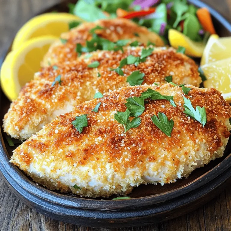 - 4 boneless, skinless chicken breasts - 1 cup grated Parmesan cheese - 1 cup panko breadcrumbs - 1 teaspoon garlic powder - 1 teaspoon onion powder - 1 teaspoon Italian seasoning - Salt and pepper to taste - 2 large eggs - 1 tablespoon Dijon mustard - Olive oil spray Using the right ingredients makes this recipe shine. I love using fresh chicken breasts for this dish. The Parmesan cheese adds a great salty flavor, while panko breadcrumbs give a nice crunch. The garlic and onion powders bring warmth and depth. Italian seasoning ties everything together, adding a hint of herbs. For binding, I use eggs and Dijon mustard. The mustard not only adds flavor but helps the crust stick. Don’t forget salt and pepper; they make a big difference in taste. Olive oil spray helps the chicken brown nicely in the oven. If you want the full recipe, check out the details above. Cooking with quality ingredients will always lead to a tasty dinner delight! - Preheat the oven to 425°F (220°C). - Line a baking sheet with parchment paper for easy cleanup. - In a shallow bowl, mix the grated Parmesan cheese, panko breadcrumbs, garlic powder, onion powder, Italian seasoning, salt, and pepper. - Stir well until all ingredients blend together nicely. - Pat the chicken breasts dry with paper towels. - Season both sides with salt and pepper. - In another bowl, whisk together the eggs and Dijon mustard. This mixture will be your egg wash. - Dip each chicken breast into the egg wash, covering it evenly. Let any excess drip off. - Next, coat the chicken in the Parmesan breadcrumb mixture. Press gently to ensure the crust sticks well. - Place the coated chicken on the prepared baking sheet. - Lightly spray the tops with olive oil to help them crisp. - Bake for about 20-25 minutes. The chicken should reach an internal temperature of 165°F (75°C) and the crust should look golden. - Once done, take the chicken out and let it rest for a few minutes. This helps keep it juicy. - Garnish with fresh parsley before serving. Follow these steps for a delicious, crispy dinner delight. For the complete cooking process, refer to the Full Recipe. To get a nice crunch, use panko breadcrumbs instead of regular ones. Panko has a lighter texture, which helps create a crispier crust. It absorbs less oil, so it stays crunchy longer. The egg wash is also key. It helps the breadcrumbs stick to the chicken. Whisk the eggs with Dijon mustard for added flavor. Make sure to coat the chicken fully to ensure an even crust. For a great presentation, serve the chicken on a nice platter. Add lemon wedges for color and a fresh taste. A side of salad or steamed vegetables looks lovely and adds balance to the meal. The bright colors will make your dish pop and entice your guests. You can easily boost flavor by adding spices and herbs. Try paprika for a smoky taste or thyme for an earthy note. You can also mix in some cayenne for a spicy kick. Feel free to substitute different cheese varieties too. Pecorino Romano can give a sharper flavor, while mozzarella adds creaminess. Experiment to find your perfect blend of flavors! For the full recipe, check out the detailed instructions above. {{image_2}} You can switch up the chicken type for different flavors. Use thighs or drumsticks instead of breasts. Thighs are juicier and add more flavor. Drumsticks are fun and perfect for dipping. For a vegetarian twist, try eggplant or tofu. Slice them thick, coat them, and bake just like chicken. Both options offer a tasty experience. Feel free to play with flavors in your crust. You can add different herbs and spices to the mix. Try basil, thyme, or paprika for a new taste. If you like zest, add some lemon or lime zest. For heat, sprinkle in red pepper flakes or cayenne. These small changes can make a big difference. You have a few cooking methods to choose from. Oven baking gives a great crispy finish, but air frying is faster. It creates a nice crunch without much oil. You can also grill the chicken for a smoky flavor. Stovetop cooking works too; just use a non-stick pan. Each method offers a unique result, so experiment to find your favorite. For the full experience, check out the Full Recipe for Crispy Parmesan Crusted Chicken! To store your leftovers, let the chicken cool first. Place the chicken in an airtight container. This keeps moisture in and prevents drying out. I recommend using glass or plastic containers with tight-fitting lids. These work best for maintaining flavor and texture. To regain crispiness, use the oven. Preheat it to 375°F (190°C). Place the chicken on a baking sheet. Bake for about 10-15 minutes. This method helps the crust stay crunchy. Avoid using the microwave, as it makes the chicken soggy. If you must use a microwave, try reheating in short bursts and then crisping it back in the oven. You can freeze the chicken both before and after cooking. If freezing before cooking, wrap each piece in plastic wrap and place in a freezer bag. For cooked chicken, allow it to cool completely before freezing. When ready to eat, thaw the chicken in the fridge overnight. To cook from frozen, bake at 375°F (190°C) for about 30-35 minutes. Always check the internal temperature. It should reach 165°F (75°C) to be safe. Bake the chicken for 20-25 minutes at 425°F. This high heat gives a crispy crust. The internal temperature should reach 165°F for safety. Check with a meat thermometer. Rest the chicken for a few minutes before serving. This helps keep it juicy and tender. Yes, you can use regular breadcrumbs. They will change the texture. Panko gives a lighter, crunchier crust. Regular breadcrumbs create a denser texture. The flavor will also differ slightly. If you prefer a softer crust, regular breadcrumbs work well. Many sides complement this dish. Roasted vegetables add color and nutrients. A fresh salad balances the rich flavors. Consider mashed potatoes for a hearty option. For dips, try marinara or garlic aioli. These enhance the chicken's taste and add variety. To keep chicken juicy, avoid overcooking. The right baking time is crucial. After baking, let the chicken rest for five minutes. This allows the juices to redistribute. Pat the chicken dry before coating. This helps the crust stick better and keeps moisture inside. This post covered a simple way to make Crispy Parmesan Crusted Chicken. You learned about essential ingredients, step-by-step baking, and helpful tips for a perfect dish. Remember, using panko gives that extra crunch, while the right seasoning brings out great flavor. Feel free to explore variations, like trying different chicken cuts or adding spices. Properly store leftovers and reheat them to maintain crispiness. Enjoy your cooking and impress everyone with this tasty meal!