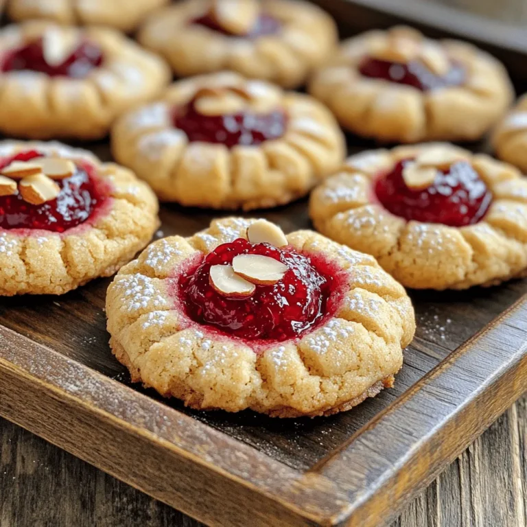 - 1 cup unsalted butter - 1 cup granulated sugar - 1 large egg yolk - 1 teaspoon almond extract - 2 cups all-purpose flour - 1/2 teaspoon salt - 1/2 cup raspberry jam - 1/4 cup sliced almonds - Optional: powdered sugar for dusting For these Raspberry Almond Thumbprint Cookies, each ingredient plays a key role. The unsalted butter gives the cookies a rich taste. Granulated sugar adds the sweet touch we all love. The egg yolk helps bind the dough and adds moisture. Almond extract gives a nice nutty flavor that pairs well with raspberry. All-purpose flour forms the base of the dough, while salt balances the sweetness. Raspberry jam brings a fruity finish, and sliced almonds add crunch. Accurate measurements are key for baking success. Use a measuring cup for dry ingredients and a liquid measuring cup for wet ones. Level off the flour with a knife to avoid extra flour. This ensures the cookies have the right texture. Too much flour can make them dry. You can swap almond extract for vanilla extract. This change will give a different flavor but still taste great. For a low-sugar option, choose a low-sugar raspberry jam. This keeps the cookies tasty without too much sweetness. You can also use different types of jam if you want to mix things up! First, you need to preheat your oven to 350°F (175°C). This step is key for even baking. While it heats, take two baking sheets and line them with parchment paper. This helps the cookies not stick. Set them aside for later. Now, let’s make the dough. In a mixing bowl, cream together 1 cup of softened butter and 1 cup of granulated sugar. Beat them until the mixture is light and fluffy. This takes about 3 to 4 minutes. Next, add 1 large egg yolk and 1 teaspoon of almond extract to the bowl. Mix until everything is well combined. In another bowl, whisk together 2 cups of all-purpose flour and 1/2 teaspoon of salt. Gradually add this dry mixture into the butter mixture. Stir just until combined; don't overmix. Time to shape the cookies! Roll the dough into 1-inch balls. Place them on your prepared baking sheets, leaving about 2 inches of space between each cookie. This lets them spread while baking. Using your thumb or the back of a teaspoon, make an indentation in the center of each ball. This is where the jam will go. Then, spoon about 1/2 teaspoon of raspberry jam into each indentation. Make sure not to overfill, or the jam will spill out. To add some crunch, sprinkle sliced almonds around the edges of the jam in each cookie. Press them lightly into the dough so they stick. Now it’s time to bake! Place the baking sheets in the oven and bake for 12 to 15 minutes. Keep an eye on the edges. They should turn lightly golden. Once they look good, take them out of the oven. Let the cookies cool on the baking sheets for about 5 minutes. Then, transfer them to a wire rack to cool completely. For extra sweetness, you can dust them with powdered sugar before serving. Enjoy your Raspberry Almond Thumbprint Cookies! You can find the Full Recipe for more details. To get creamy cookie dough, start with softened butter. This helps it mix well with sugar. Beat the butter and sugar until light and fluffy. This takes about 3-4 minutes. For fluffy cookies, don’t over-mix the dough after adding flour. If you bake them too long, they can turn hard. Keep an eye on them. Bake until the edges are lightly golden, about 12-15 minutes. Use high-quality raspberry jam for the best taste. Cheap jam may lack the fruit flavor you want. You can also add a few drops of lemon juice. This brightens the taste of the cookies. If you like, try adding a bit of vanilla extract for depth. For making indentations in the cookies, you can use your thumb or a teaspoon. If you want a uniform shape, use a teaspoon. This gives you a nice round indentation. If you prefer a more rustic look, use your thumb. Both methods work well for holding the jam. {{image_2}} You can use many types of jam for these cookies. Try strawberry, apricot, or blueberry jam. Each jam brings its own flavor twist. You can mix and match flavors to find your favorite. Just remember to keep the jam thick enough to hold its shape. Thinner jams may spread out too much in the oven. If you want to switch up the nuts, pecans, walnuts, or peanuts work well. Each nut adds a unique taste. Pecans give a soft, buttery flavor. Walnuts add a slight bitterness that pairs nicely with sweet jam. Peanuts can add a fun crunch and a savory note. Feel free to experiment with your favorites! You can easily make these cookies gluten-free. Use a gluten-free flour blend instead of all-purpose flour. They still taste great! For vegan cookies, swap the butter for coconut oil and the egg yolk for a flax egg. Mix one tablespoon of ground flaxseed with two and a half tablespoons of water. Let it sit for a few minutes until it thickens. This works well in most cookie recipes. To keep your Raspberry Almond Thumbprint Cookies fresh, put them in an airtight container. Line the bottom with parchment paper. This will help keep moisture away. Store them at room temperature, away from sunlight. If you want to keep them longer, you can refrigerate them. Just let them come to room temperature before serving. You can freeze both the dough and the baked cookies. For the dough, shape it into balls and freeze on a baking sheet first. Once frozen, place the balls in a zip-top bag. For baked cookies, let them cool completely before freezing. Store them in an airtight container or a freezer bag. Enjoy them within three months for best taste. These cookies can last about a week at room temperature. If you store them in the fridge, they can last up to two weeks. The jam helps keep them moist, but they taste best fresh. For longer storage, use the freezing tips above. If your dough feels too sticky, don't worry! You can fix it easily. Start by adding a bit more flour, one tablespoon at a time. Mix it well after each addition. This helps balance the moisture. If the dough is still sticky, chill it in the fridge for about 15 minutes. Chilling firms up the dough and makes it easier to work with. Yes, you can! Making these cookies ahead of time is a great idea. You can prepare the dough and roll it into balls. Then, place the balls on a baking sheet and freeze them for about an hour. Once frozen, transfer the cookie balls to a zip-top bag. When you're ready to bake, just pop them in the oven. You might need to bake them a few minutes longer. To know when your cookies are done, look for a few signs. They should be lightly golden around the edges. The center might look a bit soft, but that’s okay. The cookies will firm up as they cool. You can also gently press the edge with your finger. If it feels set, you’re good to go! You can find the complete recipe for these delicious Raspberry Almond Thumbprint Cookies [here](#). You now have all the details to make perfect Raspberry Almond Thumbprint Cookies. We covered essential ingredients, precise measurements, and helpful tips for excellent results. Remember to try different jams or nuts to make this recipe your own. Store your cookies properly to keep them fresh for longer. Enjoy these tasty delights anytime! Happy baking, and I hope these cookies bring joy to your kitchen.