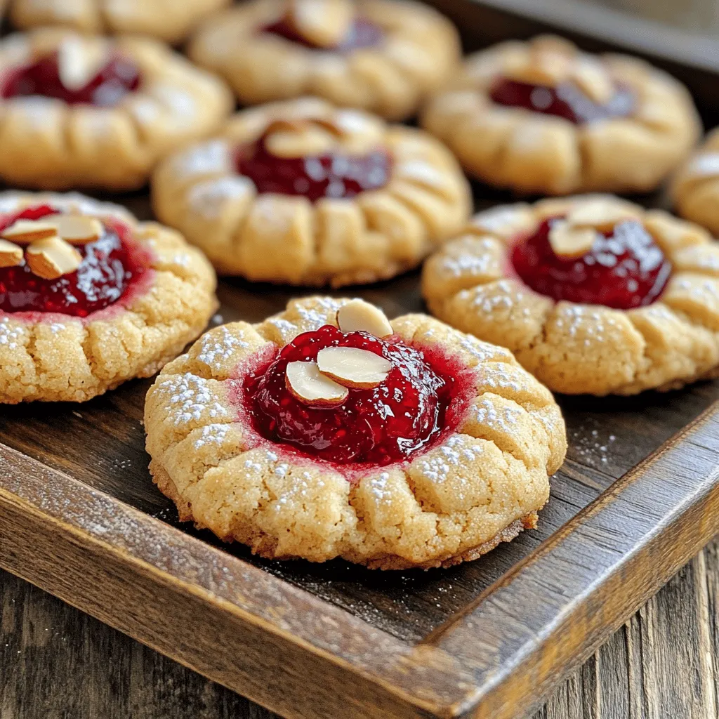 - 1 cup unsalted butter - 1 cup granulated sugar - 1 large egg yolk - 1 teaspoon almond extract - 2 cups all-purpose flour - 1/2 teaspoon salt - 1/2 cup raspberry jam - 1/4 cup sliced almonds - Optional: powdered sugar for dusting For these Raspberry Almond Thumbprint Cookies, each ingredient plays a key role. The unsalted butter gives the cookies a rich taste. Granulated sugar adds the sweet touch we all love. The egg yolk helps bind the dough and adds moisture. Almond extract gives a nice nutty flavor that pairs well with raspberry. All-purpose flour forms the base of the dough, while salt balances the sweetness. Raspberry jam brings a fruity finish, and sliced almonds add crunch. Accurate measurements are key for baking success. Use a measuring cup for dry ingredients and a liquid measuring cup for wet ones. Level off the flour with a knife to avoid extra flour. This ensures the cookies have the right texture. Too much flour can make them dry. You can swap almond extract for vanilla extract. This change will give a different flavor but still taste great. For a low-sugar option, choose a low-sugar raspberry jam. This keeps the cookies tasty without too much sweetness. You can also use different types of jam if you want to mix things up! First, you need to preheat your oven to 350°F (175°C). This step is key for even baking. While it heats, take two baking sheets and line them with parchment paper. This helps the cookies not stick. Set them aside for later. Now, let’s make the dough. In a mixing bowl, cream together 1 cup of softened butter and 1 cup of granulated sugar. Beat them until the mixture is light and fluffy. This takes about 3 to 4 minutes. Next, add 1 large egg yolk and 1 teaspoon of almond extract to the bowl. Mix until everything is well combined. In another bowl, whisk together 2 cups of all-purpose flour and 1/2 teaspoon of salt. Gradually add this dry mixture into the butter mixture. Stir just until combined; don't overmix. Time to shape the cookies! Roll the dough into 1-inch balls. Place them on your prepared baking sheets, leaving about 2 inches of space between each cookie. This lets them spread while baking. Using your thumb or the back of a teaspoon, make an indentation in the center of each ball. This is where the jam will go. Then, spoon about 1/2 teaspoon of raspberry jam into each indentation. Make sure not to overfill, or the jam will spill out. To add some crunch, sprinkle sliced almonds around the edges of the jam in each cookie. Press them lightly into the dough so they stick. Now it’s time to bake! Place the baking sheets in the oven and bake for 12 to 15 minutes. Keep an eye on the edges. They should turn lightly golden. Once they look good, take them out of the oven. Let the cookies cool on the baking sheets for about 5 minutes. Then, transfer them to a wire rack to cool completely. For extra sweetness, you can dust them with powdered sugar before serving. Enjoy your Raspberry Almond Thumbprint Cookies! You can find the Full Recipe for more details. To get creamy cookie dough, start with softened butter. This helps it mix well with sugar. Beat the butter and sugar until light and fluffy. This takes about 3-4 minutes. For fluffy cookies, don’t over-mix the dough after adding flour. If you bake them too long, they can turn hard. Keep an eye on them. Bake until the edges are lightly golden, about 12-15 minutes. Use high-quality raspberry jam for the best taste. Cheap jam may lack the fruit flavor you want. You can also add a few drops of lemon juice. This brightens the taste of the cookies. If you like, try adding a bit of vanilla extract for depth. For making indentations in the cookies, you can use your thumb or a teaspoon. If you want a uniform shape, use a teaspoon. This gives you a nice round indentation. If you prefer a more rustic look, use your thumb. Both methods work well for holding the jam. {{image_2}} You can use many types of jam for these cookies. Try strawberry, apricot, or blueberry jam. Each jam brings its own flavor twist. You can mix and match flavors to find your favorite. Just remember to keep the jam thick enough to hold its shape. Thinner jams may spread out too much in the oven. If you want to switch up the nuts, pecans, walnuts, or peanuts work well. Each nut adds a unique taste. Pecans give a soft, buttery flavor. Walnuts add a slight bitterness that pairs nicely with sweet jam. Peanuts can add a fun crunch and a savory note. Feel free to experiment with your favorites! You can easily make these cookies gluten-free. Use a gluten-free flour blend instead of all-purpose flour. They still taste great! For vegan cookies, swap the butter for coconut oil and the egg yolk for a flax egg. Mix one tablespoon of ground flaxseed with two and a half tablespoons of water. Let it sit for a few minutes until it thickens. This works well in most cookie recipes. To keep your Raspberry Almond Thumbprint Cookies fresh, put them in an airtight container. Line the bottom with parchment paper. This will help keep moisture away. Store them at room temperature, away from sunlight. If you want to keep them longer, you can refrigerate them. Just let them come to room temperature before serving. You can freeze both the dough and the baked cookies. For the dough, shape it into balls and freeze on a baking sheet first. Once frozen, place the balls in a zip-top bag. For baked cookies, let them cool completely before freezing. Store them in an airtight container or a freezer bag. Enjoy them within three months for best taste. These cookies can last about a week at room temperature. If you store them in the fridge, they can last up to two weeks. The jam helps keep them moist, but they taste best fresh. For longer storage, use the freezing tips above. If your dough feels too sticky, don't worry! You can fix it easily. Start by adding a bit more flour, one tablespoon at a time. Mix it well after each addition. This helps balance the moisture. If the dough is still sticky, chill it in the fridge for about 15 minutes. Chilling firms up the dough and makes it easier to work with. Yes, you can! Making these cookies ahead of time is a great idea. You can prepare the dough and roll it into balls. Then, place the balls on a baking sheet and freeze them for about an hour. Once frozen, transfer the cookie balls to a zip-top bag. When you're ready to bake, just pop them in the oven. You might need to bake them a few minutes longer. To know when your cookies are done, look for a few signs. They should be lightly golden around the edges. The center might look a bit soft, but that’s okay. The cookies will firm up as they cool. You can also gently press the edge with your finger. If it feels set, you’re good to go! You can find the complete recipe for these delicious Raspberry Almond Thumbprint Cookies [here](#). You now have all the details to make perfect Raspberry Almond Thumbprint Cookies. We covered essential ingredients, precise measurements, and helpful tips for excellent results. Remember to try different jams or nuts to make this recipe your own. Store your cookies properly to keep them fresh for longer. Enjoy these tasty delights anytime! Happy baking, and I hope these cookies bring joy to your kitchen.