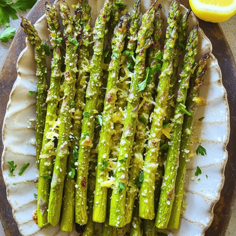 - 1 pound fresh asparagus - 3 tablespoons olive oil - 3 cloves garlic, minced - Zest of 1 lemon - 2 tablespoons fresh lemon juice - Salt and pepper to taste - ¼ teaspoon red pepper flakes - 2 tablespoons grated Parmesan cheese - Fresh parsley for garnish To make Lemon Garlic Roasted Asparagus, you need just a few items. First, choose 1 pound of fresh asparagus. This gives your dish a bright and crisp base. Next, grab 3 tablespoons of olive oil. This adds richness and helps the flavor stick. You will also need 3 cloves of garlic, minced. Garlic brings a lovely aroma and depth. Zest of 1 lemon is key for that fresh punch. You will add 2 tablespoons of fresh lemon juice later to enhance the flavor even more. Optional items can take your dish up a notch. For taste, add salt and pepper to your liking. If you want heat, sprinkle in ¼ teaspoon of red pepper flakes. For a cheesy twist, mix in 2 tablespoons of grated Parmesan cheese. Finally, fresh parsley makes a great garnish and adds a pop of color. You can find the full recipe [here](#). - Preheat the oven to 400°F (200°C). - In a large bowl, mix the olive oil, minced garlic, lemon zest, and lemon juice. - Toss the asparagus in the garlic-lemon mix until well coated. - Spread the asparagus on a baking sheet lined with parchment paper. - If you like, sprinkle Parmesan cheese on top in the last two minutes of cooking. - Transfer the roasted asparagus to a platter and garnish with fresh parsley. This dish is a bright, tasty side that pairs well with many meals. For the full recipe, check the details above. Enjoy your cooking! - Adjust roasting time for thinner or thicker asparagus. Thinner asparagus cooks faster, while thicker stalks need more time. Test for tenderness at 12 minutes and add more time as needed. - Use fresh garlic for better flavor. Fresh garlic gives a strong, bright taste that dried garlic cannot match. Mince it just before using for the best flavor. - Arrange asparagus in a fan shape for visual appeal. This layout makes the dish look more inviting. Use a large platter to showcase your beautifully roasted asparagus. - Drizzle with extra lemon juice before serving. This adds a fresh burst of flavor and makes the dish shine. A sprinkle of lemon zest on top enhances the look, too. - Experiment with additional seasonings like lemon pepper. This adds a zesty kick that pairs well with the garlic and lemon. A little goes a long way in boosting flavor. - Try adding nuts for crunch. Toasted almonds or pine nuts add a satisfying texture. They also bring a nutty flavor that complements the lemon and garlic. For a complete guide, refer to the [Full Recipe]. {{image_2}} You can make this dish vegan by simply omitting the Parmesan cheese. The lemon and garlic will still give you great flavor. This keeps the dish light and fresh, perfect for any meal. To boost the color and taste, add cherry tomatoes or bell peppers. They roast well and add a sweet pop. You can also mix the roasted asparagus with cooked quinoa. This creates a hearty salad that is both tasty and filling. Feel free to switch up the citrus. Lime or orange zest can bring a fun twist to the dish. You can also try adding fresh herbs like basil or thyme. These herbs will add layers of flavor and make your meal even more exciting. After enjoying your lemon garlic roasted asparagus, store any leftovers in an airtight container. This keeps the flavors fresh and prevents drying out. For the best taste, aim to eat them within three days. Asparagus can lose its crunch over time, so enjoy them soon! To bring back the crispiness, reheat your asparagus in the oven. Set it to 350°F (175°C) and warm for about 5-10 minutes. This method gives you the best texture. If you're in a hurry, you can use the microwave. Just heat it for 30 seconds at a time until warm. Keep an eye on it to avoid overcooking. I don't recommend freezing roasted asparagus. The texture changes when frozen and thawed. It can become mushy, losing that delightful crunch. If you want to enjoy asparagus later, consider prepping it fresh instead. This way, you can savor the perfect texture and flavor. For the full recipe on how to prepare this dish, check out [Full Recipe]. Roast for 12-15 minutes at 400°F (200°C). This time helps the asparagus become tender and slightly crispy. Keep an eye on it to avoid overcooking. Fresh is recommended; frozen may not achieve desired crispness. Frozen asparagus can be mushy and lose its bright color. Fresh asparagus gives the best taste and texture. It makes a great side dish for grilled meats or added to pasta dishes. The lemon and garlic flavor pairs well with chicken, fish, or steak. You can also toss it into your favorite pasta for a fresh twist. For more ideas, check out the full recipe. Lemon garlic roasted asparagus is a simple, tasty dish. We covered the ingredients, steps, and tips to nail this recipe. Remember, fresh asparagus shines here, especially with a zesty kick. Feel free to adjust flavors, and try new add-ins. This dish pairs well with many meals. Enjoy your cooking, and savor each bite of this bright, healthy vegetable!
