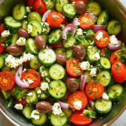 - 2 large cucumbers, diced - 1 cup cherry tomatoes, halved - 1/2 red onion, thinly sliced For this salad, pick firm cucumbers. Their crunch makes a big difference. I like using fresh cherry tomatoes, too. They add sweetness and color. Slice the red onion thinly for a milder taste. This mix brings brightness to your dish. - 1/2 cup Kalamata olives, pitted and halved - 1 cup feta cheese, crumbled - 1/4 cup extra-virgin olive oil - 2 tablespoons red wine vinegar (or lemon juice for a non-vinegar option) Kalamata olives give a salty kick. Their rich flavor works well with the salad. Feta cheese adds creaminess and tang. Use good quality olive oil for the best taste. Red wine vinegar or lemon juice brightens the dish further. Feel free to switch the vinegar for lemon if you prefer. - 1 teaspoon dried oregano - Salt and pepper to taste - Fresh parsley, for garnish Dried oregano is a must for that classic Greek flavor. Add salt and pepper to make everything pop. Fresh parsley adds a nice touch and color. You can find the full recipe for these ingredients in my section on step-by-step instructions. To start, you need to prepare the vegetables. First, grab your two large cucumbers. Dice them into small, even pieces. This helps them mix well with other ingredients. Next, take one cup of cherry tomatoes. Halve each tomato carefully. This step adds sweetness and color to your salad. Finally, slice half of a red onion. Thin slices will give a nice crunch and flavor. Now, let’s combine everything. In a large mixing bowl, add your diced cucumbers and halved cherry tomatoes. Then, stir in the sliced red onion and half a cup of Kalamata olives. The olives bring a briny taste that contrasts nicely with the fresh veggies. Next, we need to make the dressing. In a smaller bowl, whisk together a quarter cup of extra-virgin olive oil and two tablespoons of red wine vinegar. If you prefer, you can use lemon juice instead of vinegar. Add one teaspoon of dried oregano, and season with salt and pepper. Whisk until everything is well combined. It’s time to toss the salad! Pour the dressing over the salad ingredients. Gently toss to coat everything evenly. Be careful with the mixing, so you don’t break the veggies too much. Now, fold in one cup of crumbled feta cheese. This adds creaminess and tang. Transfer the salad to a nice serving dish. For a pop of color, garnish with freshly chopped parsley. You can serve the salad right away or chill it for 30 minutes. This resting time helps the flavors blend beautifully. For the full recipe, check the section above. Enjoy your fresh and flavorful Greek cucumber salad! To make a tasty Greek cucumber salad, start with fresh cucumbers. Look for firm, shiny cucumbers with no soft spots. Thin-skinned varieties, like Persian or English cucumbers, add a nice crunch. Next, choose ripe tomatoes. Look for bright colors and a sweet smell. The cherry tomatoes should feel slightly soft but not mushy. For feta cheese, opt for a block instead of crumbled. This way, you can crumble it yourself, keeping it fresh and flavorful. To take your salad to the next level, consider adding fresh herbs. Dill, mint, or basil work well with the flavors of cucumber and tomato. These herbs add a burst of freshness. Also, adjust the seasoning to your taste. Start with salt and pepper, then taste as you mix. If you want more tang, add a bit more vinegar or lemon juice. Just remember, balance is key. When serving your salad, think about how it looks. Use a large, shallow bowl to show off the colors. Layer the ingredients for a beautiful display. For garnishing, sprinkle fresh parsley on top just before serving. You can also add a few extra Kalamata olives for color. This small touch makes the salad look even more inviting and delicious. For the full recipe, visit the section above. Enjoy making your Greek cucumber salad! {{image_2}} You can change some ingredients in this salad without losing the flavor. If you don’t have Kalamata olives, try green olives or capers. For cheese, you can use goat cheese or leave it out for a lighter option. Adding other veggies can also bring new flavors. Consider including bell peppers, radishes, or even zucchini. These additions make your salad colorful and crunchy. You can make your dressing unique by trying different vinegars. Use balsamic or apple cider vinegar for a twist. Adding garlic gives a nice kick, while lemon zest brightens the taste. Feel free to mix herbs in your dressing, too. Fresh dill or mint can change the vibe of your salad. To make this salad vegan, skip the feta cheese. You can add avocado for creaminess instead. For gluten-free options, this salad is already safe since it does not contain gluten. If you want low-carb, focus on more cucumbers and add fewer tomatoes. These little changes can help you customize your Greek cucumber salad to fit your needs and taste! You can find the full recipe above. To keep your Greek cucumber salad fresh, store it in the fridge. Use an airtight container to seal the salad well. This helps keep out air and moisture. The salad is best when eaten within three days. For best taste, enjoy your salad in one to two days. As time goes by, the cucumbers can become soggy. Look for signs of spoilage, like off smells or slimy textures. If you see these signs, it’s best to toss the salad. You can make this salad ahead of time for easy meals. Just prepare the salad, but wait to add the dressing until you’re ready to serve. Chilling the salad for about 30 minutes makes the flavors pop. This way, you can enjoy a fresh, tasty dish without much fuss. For the full recipe, check out the details above. To boost flavor, add fresh herbs. Try dill, basil, or mint. They add a bright taste. You can also use more dried oregano. A squeeze of fresh lemon juice adds zest. Mix and taste until you find your perfect blend. Yes! You can add grilled chicken for heartiness. Shrimp is another tasty option. For a meatless choice, use chickpeas or black beans. They give protein and keep it fresh. Just mix them in before serving. For the best shape, slice cucumbers into half-moons or quarters. This makes them easy to eat. A sharp knife helps you get nice, clean cuts. You can peel them if you want a smoother texture. The goal is to keep them bite-sized. Yes, Greek Cucumber Salad is gluten-free. It contains fresh veggies, olives, and feta. Make sure any additional ingredients are also gluten-free. You can enjoy this dish worry-free if you follow this. You can keep the salad in the fridge for up to three days. Store it in an airtight container. The flavors will deepen over time, but the veggies may soften. For the best taste, eat it fresh. For the full recipe, check out the earlier section. This blog post covered how to make a Greek cucumber salad. We went through choosing fresh ingredients like cucumbers, cherry tomatoes, and feta cheese. I shared tips on preparing, mixing, and serving. We also explored ways to customize this salad, including ingredient swaps and dressing options. Remember, good ingredients and seasoning make a tasty salad. With proper storage, you can enjoy this dish for days. Now you’re ready to make a delicious Greek cucumber salad that fits your taste!
