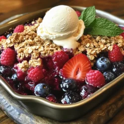- 1 cup strawberries, hulled and quartered - 1 cup blueberries - 1 cup raspberries Berries are the star of this dish. Strawberries add sweetness, while blueberries and raspberries bring a nice tartness. You can mix and match, but I love this trio for balance. - 1 tablespoon lemon juice - 1/2 cup granulated sugar, divided - 1 tablespoon cornstarch - 1 teaspoon vanilla extract - 1 cup rolled oats - 1/2 cup all-purpose flour - 1/2 teaspoon cinnamon - 1/4 cup brown sugar - 1/4 cup unsalted butter, melted - Pinch of salt The sugars help the berries shine and thicken the juices. Lemon juice brightens the flavor. Oats and flour create a crunchy topping. Cinnamon adds warmth, and butter brings richness. - Gluten-free options: Use almond flour instead of all-purpose flour. - Low-sugar alternatives: Replace granulated sugar with a sugar substitute, like stevia. - Dairy-free substitutes: Use coconut oil instead of butter. These swaps make the recipe fit various diets. You can enjoy a tasty dessert no matter your needs. For the full recipe, check the earlier section! 1. Preheating the oven: Start by setting your oven to 350°F (175°C). This step is key to help your crisp bake evenly. 2. Preparing the berry mixture: In a large bowl, mix together: - 1 cup strawberries, hulled and quartered - 1 cup blueberries - 1 cup raspberries Add 1 tablespoon of lemon juice, 1/4 cup of granulated sugar, and 1 tablespoon of cornstarch. Pour in 1 teaspoon of vanilla extract. Gently toss everything to coat the berries. Once mixed, pour it into a greased 9-inch baking dish. 1. Combining dry ingredients: In another bowl, mix together: - 1 cup rolled oats - 1/2 cup all-purpose flour - 1/2 teaspoon cinnamon - 1/4 cup brown sugar - 1/4 cup granulated sugar - A pinch of salt Stir these until they blend well. 2. Mixing in butter: Add 1/4 cup of melted unsalted butter to the dry mix. Stir until the mixture becomes crumbly but holds together when pressed. This is your topping. 1. Pouring mixtures into the baking dish: Spread the oat mixture evenly over the berry layer. Make sure to cover the berries well for a perfect bake. 2. Optimal baking times and temperatures: Place the baking dish in the oven. Bake for 30-35 minutes. Look for the berries to bubble and the topping to turn golden brown. After baking, let it cool for at least 10 minutes before serving. You can find the complete recipe details in the Full Recipe. To get the best topping, aim for a crumbly texture. Mix the dry ingredients well before adding the melted butter. This helps the topping stay light and crunchy. You want it to clump, but not too much. When baking, watch the berries closely. They should bubble gently when done. This means they are cooked but not mushy. If the topping turns golden brown, it’s ready. Always let it cool for a few minutes before serving. Triple berry crisp shines when served warm. Pair it with a scoop of vanilla ice cream. The cold ice cream melts into the warm crisp, creating a great mix of flavors. You can also add a dollop of yogurt for a tangy twist. For presentation, try adding mint leaves on top. They add color and flavor. A sprinkle of extra berries makes it look beautiful. One common mistake is overmixing the topping. This can make it dense instead of light. Mix just enough to combine the ingredients. Another mistake is using unripe berries. They won’t have the right sweetness or flavor. Always choose ripe, juicy berries for the best taste. For more detailed tips and a full recipe, check out the [Full Recipe]. {{image_2}} You can mix and match berries in this crisp. Strawberries, blueberries, and raspberries are classic choices. However, you can also try peaches or cherries for a different flavor. Seasonal fruits work well too. In summer, use fresh berries. In winter, frozen berries can be a great option. To boost flavor, consider adding nuts or spices. Walnuts or almonds add a nice crunch. You can also sprinkle in some cinnamon or nutmeg for warmth. Infusing flavors is simple. Add a bit of vanilla or almond extract to the berry mix. It adds depth and makes your crisp even tastier. If you want a healthier crisp, switch oats for flour. Oats give it a nice chew and extra fiber. You can also reduce sugar in the recipe. Use less sugar or try honey or maple syrup instead. These changes make the dessert lighter while still being delicious. For the full recipe, check out the details above! To store leftover Triple Berry Crisp, let it cool down first. Once cool, cover it with plastic wrap or transfer it to an airtight container. This keeps it fresh. It lasts for about 3-4 days in the fridge. You can freeze Triple Berry Crisp both before and after baking. If you freeze it before baking, wrap the dish tightly in plastic wrap, then foil. This helps prevent freezer burn. To freeze after baking, let it cool, then follow the same wrapping method. For reheating, bake from frozen at 350°F (175°C) for 45-55 minutes. If thawed, it will take about 25-30 minutes. When reheating, the best method is to use an oven. This keeps the topping crisp. Microwave reheating can make it soggy. Let it cool for a few minutes after reheating for the best texture. Enjoy it warm with a scoop of ice cream for a delightful treat! Making Triple Berry Crisp is quick and easy. It takes about 15 minutes to prep. After that, bake it for 30-35 minutes. In total, you need around 50 minutes to enjoy this delicious dessert. Yes, you can prepare Triple Berry Crisp in advance. Mix the berry filling and the crumble topping separately. Store them in the fridge. When you’re ready, just combine them and bake. This way, you save time on busy days. To freeze Triple Berry Crisp, let it cool first. Then, cover it tightly with plastic wrap or foil. You can also use an airtight container. When you want to eat it, thaw it in the fridge overnight. Just reheat it in the oven at 350°F (175°C) until warm. You can use frozen berries for this recipe. Just keep a few things in mind. First, do not thaw them before using. Add a little extra cornstarch to help thicken the juices. This will keep your crisp from getting too soggy. Enjoy the same great taste with less fuss! You now have everything you need to make a delicious Triple Berry Crisp. We explored the key ingredients, like strawberries, blueberries, and raspberries, along with helpful substitutions. The step-by-step instructions guide you from preparation to baking. I shared tips for the perfect crisp and fun variations to try. Finally, we covered storage and answered common questions. Enjoy this simple recipe, and make it your own! Your berry crisp will impress family and friends.