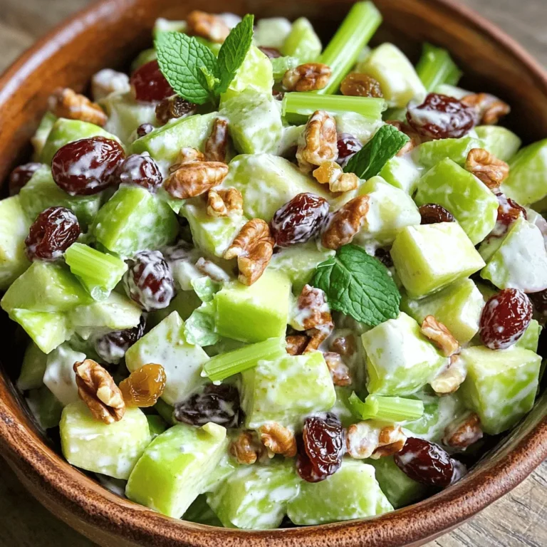 Waldorf salad is fresh and simple. It uses a mix of fruits, nuts, and a creamy dressing. Here is what you need: - Fresh produce: - 2 cups diced green apples (preferably Granny Smith) - 1 cup diced celery - 1 cup red seedless grapes, halved - Nuts and dried fruits: - 1 cup walnuts, lightly toasted and chopped - 1/2 cup raisins - Dressing components: - 1/2 cup plain Greek yogurt - 2 tablespoons mayonnaise - 1 tablespoon lemon juice - Seasoning: - Salt and pepper to taste - 1 teaspoon honey (optional) - Garnish ideas: - Fresh mint leaves for garnish (optional) You can find the full recipe above. Each ingredient adds a unique flavor and texture. The apples give crunch, while the grapes add sweetness. The walnuts add a nutty crunch, making the salad satisfying. The creamy dressing ties it all together. Enjoy this delightful mix of tastes and textures! Mixing the fruits and nuts Start by gathering your ingredients. In a large bowl, mix the diced green apples, diced celery, halved grapes, chopped walnuts, and raisins. Make sure to combine them well. This mix brings a nice crunch and sweetness to the salad. Making the dressing In a separate bowl, take the plain Greek yogurt, mayonnaise, lemon juice, and honey if you want. Whisk them together until the mix is smooth. This dressing gives the salad a creamy texture and tangy flavor. Combining the salad Pour the dressing over your fruit and nut mix. Gently toss everything together until all pieces are well-coated. This step makes sure every bite is full of flavor. Chilling the mixture Now, cover the bowl and place it in the fridge for about 30 minutes. Chilling helps the flavors blend nicely. When you take it out, it will be cool and fresh. Follow these steps, and you’ll have a delightful Classic Waldorf Salad. For the complete details, check the Full Recipe. Choosing the right apples Select crisp green apples, like Granny Smith. These apples add a tartness that balances well with the sweetness of grapes and raisins. Their crunchiness makes the salad refreshing. Toasting walnuts for enhanced flavor Lightly toast your walnuts in a dry skillet over medium heat. This step brings out their rich, nutty taste. Just a few minutes will do. Watch them closely to avoid burning. Adjusting seasoning to taste Taste your salad as you mix. If you want more zing, add a pinch of salt or a dash of pepper. A small amount of honey can add sweetness, making the flavors pop. Best chilling times for optimal flavor Chill your Waldorf salad for at least 30 minutes. This time allows the flavors to blend and deepen. If you can wait longer, an hour is even better. Enjoy the crisp, cool salad! For the full recipe, check out Crunchy Waldorf Bliss. {{image_2}} You can change up the Waldorf salad to fit your taste. Here are some fun swaps: - Using different nuts: Instead of walnuts, try pecans or sliced almonds. These nuts add a different crunch and flavor. Pecans give a sweet touch, while almonds are a bit sharper. - Alternative dressings: If you want a lighter salad, use yogurt-only dressing. It’s creamy and tangy. A vinaigrette also works well if you want a zesty kick. Just mix olive oil, vinegar, and a pinch of salt. - Adding proteins: For a heartier salad, toss in cooked chicken or turkey. These proteins make the salad more filling. You can grill or roast the meat for extra flavor. These swaps keep the salad fresh and exciting. Feel free to mix and match based on what you have at home. Enjoy experimenting with these variations in your Classic Waldorf Salad! Check the Full Recipe for more details on making this delightful dish. To keep your Classic Waldorf Salad fresh, follow these simple tips. First, store it in an airtight container. This helps keep moisture in and air out. Place a piece of plastic wrap directly on the salad before sealing the container. This extra layer keeps the salad crisp for longer. In the fridge, the salad will last for about 3 days. After that, the apples may turn brown, and the nuts can become soggy. If you want to enjoy it later, consider freezing some of the ingredients separately. For freezing, you can freeze the grapes and walnuts. Just make sure they are in a sealed bag. The apples and yogurt do not freeze well. They lose their texture and taste. When you are ready to eat, simply thaw the grapes and walnuts in the fridge. Then mix them back into a fresh batch of salad. For the full recipe, check out the Crunchy Waldorf Bliss! Waldorf salad dates back to the late 1800s. A chef at the Waldorf Hotel in New York created it. The original recipe included apples, celery, and walnuts. It became popular at parties and events. Over time, people added their twists, but the core ingredients stayed the same. Yes, you can! Making the salad a few hours ahead works well. Just store it in the fridge. This allows the flavors to mix and taste better. However, if you add apples, they may brown. To avoid this, toss them with lemon juice. Waldorf salad pairs nicely with many dishes. You can serve it as a side with grilled chicken. It also goes well with fish or ham. For a lighter meal, enjoy it with crusty bread. You can even serve it on a bed of greens. Yes, Classic Waldorf Salad is gluten-free. The main ingredients are fruits, nuts, and yogurt. Just make sure to check your mayonnaise. Some brands may contain gluten. Always read labels to be safe. To wrap up, we explored the Classic Waldorf Salad in detail. We covered the fresh ingredients, the steps to prepare it, and tips for the best taste. I shared helpful variations and storage tips to keep your salad fresh. This salad is both tasty and easy to make. Remember, you can adjust it to fit your likes. Use this guide to impress your family or friends with a delightful dish. Enjoy making your Waldorf salad!