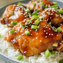 - 4 chicken thighs, skinless and boneless - 1/2 cup soy sauce (low sodium) - 1/4 cup honey - 2 tablespoons rice vinegar - 2 tablespoons freshly grated ginger - 2 cloves garlic, minced - 1 tablespoon sesame oil - 1 tablespoon cornstarch mixed with 2 tablespoons water (for thickening) - 1/4 cup sliced green onions (for garnish) - Sesame seeds (for garnish) This dish shines with its juicy chicken and rich teriyaki flavor. Using chicken thighs keeps the meat tender. I prefer low-sodium soy sauce to control the saltiness. Honey gives the dish a sweet twist. Rice vinegar adds a nice tang. Fresh ginger brings warmth, and garlic adds depth. The sesame oil adds a nutty aroma. Cornstarch thickens the sauce for a glossy finish. For garnishing, I love fresh green onions and sesame seeds. They add color and texture. This combination creates a delightful and flavorful meal. Check out the Full Recipe for all the details! 1. Preheat your oven to 400°F (200°C). This step is key for even cooking. 2. Prepare a baking dish by lightly greasing it. This helps the chicken not stick. 3. In a medium bowl, whisk together the teriyaki sauce ingredients. Combine 1/2 cup soy sauce, 1/4 cup honey, 2 tablespoons rice vinegar, 2 tablespoons grated ginger, 2 minced garlic cloves, and 1 tablespoon sesame oil. Mix until it’s smooth and well blended. 1. Place the chicken thighs in your baking dish. Pour the teriyaki sauce over the chicken. Make sure each piece is coated. 2. Cover the baking dish with aluminum foil. This keeps moisture in while baking. 3. Bake the chicken for 25 minutes. This ensures the chicken cooks through. 4. Remove the foil and bake for another 15 minutes. This step lets the sauce caramelize and adds flavor. 5. While the chicken finishes, take the remaining sauce and pour it into a saucepan. Heat it over medium heat until it simmers. 6. Stir in the cornstarch mixture and cook for 2-3 minutes. This will thicken the sauce nicely. 1. Once the chicken is done, take it out of the oven. Let it rest for a few minutes before slicing. 2. Drizzle the thickened sauce over the chicken. This adds extra flavor. 3. Garnish with sliced green onions and sesame seeds for a nice touch. Enjoy your delicious meal! For more details, check out the Full Recipe for Baked Teriyaki Chicken. To bake chicken perfectly, set your oven to 400°F. This temperature cooks the chicken evenly. Use skinless, boneless chicken thighs for the best results. They stay juicy and tender. Place the chicken in a baking dish and cover it with foil. This helps trap moisture while baking. After 25 minutes, remove the foil. Let the sauce caramelize for 15 more minutes. This adds flavor and color. For juiciness, marinate the chicken in the teriyaki sauce. I recommend letting it soak for at least 30 minutes. If you have time, marinate overnight in the fridge. This gives the chicken a deep flavor. Always use fresh ingredients for the best taste. Grate fresh ginger and mince fresh garlic. These add a vibrant flavor to the sauce. If you like some heat, add a pinch of red pepper flakes or sriracha. This gives the dish an exciting kick. You can also try adding pineapple juice for a sweet twist. Plating is key to making your dish appealing. Slice the chicken after it rests. This helps keep the juices inside. Arrange the pieces on a clean plate. Drizzle the thickened teriyaki sauce over the top. Sprinkle green onions and sesame seeds for a nice touch. For side dishes, steamed rice or stir-fried veggies work well. They complement the flavors of the teriyaki chicken. Enjoy this savory baked teriyaki chicken, and don't forget to check the Full Recipe for full details! {{image_2}} You can change some ingredients in the teriyaki sauce. If you want a different sweet taste, try maple syrup or agave syrup. Both can add a nice twist. If you do not have chicken thighs, you can use chicken breasts or even tofu for a vegetarian option. Each protein brings its own flavor and texture. Adding pineapple can give your dish a bright, tropical taste. Just chop some fresh pineapple and mix it in with the chicken before baking. If you like spicy food, add a bit of sriracha or chili flakes to the sauce. This will give your teriyaki chicken a nice kick! For gluten-free diets, use tamari instead of soy sauce. It has the same flavor but is safe for those avoiding gluten. If you are on a low-carb diet, skip the honey and use a sugar-free sweetener instead. This keeps the dish tasty without the extra carbs. Explore these variations to find your perfect baked teriyaki chicken! For the full recipe, check out the details above. After enjoying your baked teriyaki chicken, store leftovers safely. First, let the chicken cool down. Then, place it in an airtight container. Refrigerate within two hours of cooking. The chicken stays fresh for up to three days. To keep it flavorful, try to separate the chicken from the sauce. This way, it won't get too soggy. If you want to save some for later, freezing is a great option. Wrap the cooled chicken tightly in plastic wrap or aluminum foil. Then, place it in a freezer-safe bag. Remove as much air as possible. This helps prevent freezer burn. You can freeze baked teriyaki chicken for up to three months. When you're ready to eat it, move it to the fridge overnight to thaw. Reheating your chicken properly keeps it moist and tasty. The best method is to use the oven. Preheat the oven to 350°F (175°C). Place the chicken in a baking dish and cover it with foil. Heat for about 15-20 minutes. You can also add a splash of water or sauce to help keep it juicy. If you’re in a hurry, you can use the microwave. Just cover it and heat in short bursts, checking often to avoid drying it out. Enjoy your meal again! To ensure your chicken is safe to eat, check its internal temperature. Use a meat thermometer to measure the thickest part of the chicken. The safe cooking temperature for chicken is 165°F (75°C). This ensures the meat is juicy and safe. When cooking baked teriyaki chicken, follow these steps: - Preheat your oven to 400°F (200°C). - Bake covered for 25 minutes, then uncovered for 15 minutes. - Check the temperature after baking to confirm doneness. Yes, you can easily swap chicken for other meats. Here are some options: - Pork: Use pork tenderloin or chops for a different flavor. - Beef: Thin strips of beef work well in teriyaki sauce. - Tofu: Firm tofu is a great vegetarian option. Just ensure it is pressed to remove excess water. Adjust cooking times based on the meat you choose. Pair your baked teriyaki chicken with many tasty side dishes. Here are some ideas: - Steamed rice: White or brown rice absorbs the teriyaki sauce well. - Vegetables: Broccoli, green beans, or stir-fried veggies add color and nutrition. - Salad: A fresh salad with a light dressing complements the rich flavors. These sides create a balanced and delicious meal. For the full recipe, visit the [Full Recipe]. In this post, we covered how to make flavorful teriyaki chicken. We explored key ingredients like chicken thighs, soy sauce, and honey. I provided simple steps for preparation and cooking, along with tips for juiciness. We discussed variations and substitutions to suit different tastes, plus storage and reheating advice. Teriyaki chicken is easy to make and delicious. Try it yourself to impress your friends and family. You’ll enjoy the flavors and the joy of cooking!
