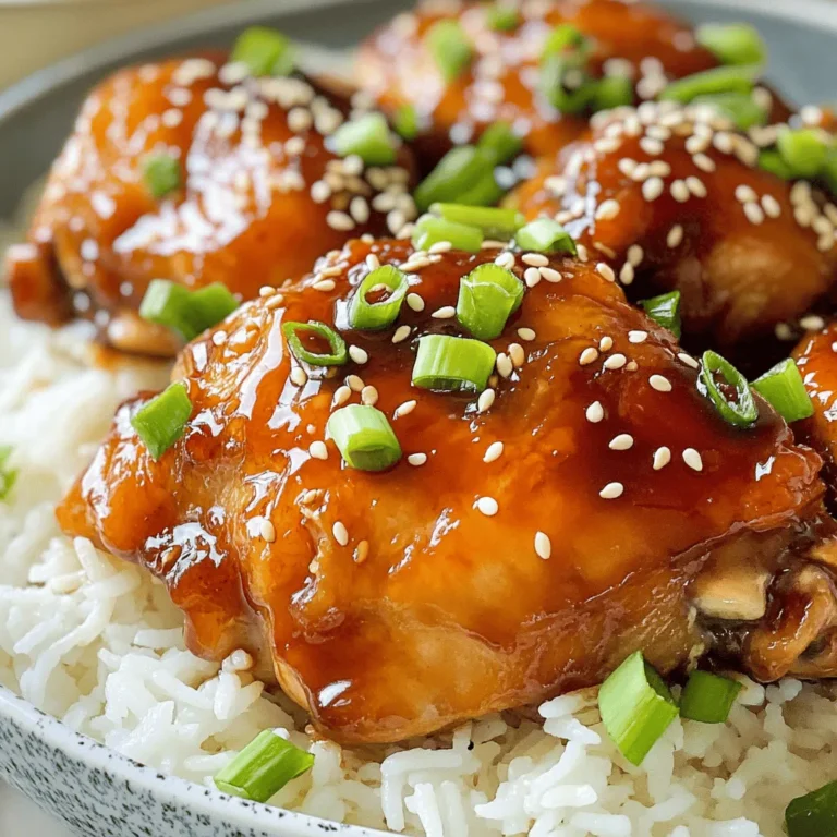 - 4 chicken thighs, skinless and boneless - 1/2 cup soy sauce (low sodium) - 1/4 cup honey - 2 tablespoons rice vinegar - 2 tablespoons freshly grated ginger - 2 cloves garlic, minced - 1 tablespoon sesame oil - 1 tablespoon cornstarch mixed with 2 tablespoons water (for thickening) - 1/4 cup sliced green onions (for garnish) - Sesame seeds (for garnish) This dish shines with its juicy chicken and rich teriyaki flavor. Using chicken thighs keeps the meat tender. I prefer low-sodium soy sauce to control the saltiness. Honey gives the dish a sweet twist. Rice vinegar adds a nice tang. Fresh ginger brings warmth, and garlic adds depth. The sesame oil adds a nutty aroma. Cornstarch thickens the sauce for a glossy finish. For garnishing, I love fresh green onions and sesame seeds. They add color and texture. This combination creates a delightful and flavorful meal. Check out the Full Recipe for all the details! 1. Preheat your oven to 400°F (200°C). This step is key for even cooking. 2. Prepare a baking dish by lightly greasing it. This helps the chicken not stick. 3. In a medium bowl, whisk together the teriyaki sauce ingredients. Combine 1/2 cup soy sauce, 1/4 cup honey, 2 tablespoons rice vinegar, 2 tablespoons grated ginger, 2 minced garlic cloves, and 1 tablespoon sesame oil. Mix until it’s smooth and well blended. 1. Place the chicken thighs in your baking dish. Pour the teriyaki sauce over the chicken. Make sure each piece is coated. 2. Cover the baking dish with aluminum foil. This keeps moisture in while baking. 3. Bake the chicken for 25 minutes. This ensures the chicken cooks through. 4. Remove the foil and bake for another 15 minutes. This step lets the sauce caramelize and adds flavor. 5. While the chicken finishes, take the remaining sauce and pour it into a saucepan. Heat it over medium heat until it simmers. 6. Stir in the cornstarch mixture and cook for 2-3 minutes. This will thicken the sauce nicely. 1. Once the chicken is done, take it out of the oven. Let it rest for a few minutes before slicing. 2. Drizzle the thickened sauce over the chicken. This adds extra flavor. 3. Garnish with sliced green onions and sesame seeds for a nice touch. Enjoy your delicious meal! For more details, check out the Full Recipe for Baked Teriyaki Chicken. To bake chicken perfectly, set your oven to 400°F. This temperature cooks the chicken evenly. Use skinless, boneless chicken thighs for the best results. They stay juicy and tender. Place the chicken in a baking dish and cover it with foil. This helps trap moisture while baking. After 25 minutes, remove the foil. Let the sauce caramelize for 15 more minutes. This adds flavor and color. For juiciness, marinate the chicken in the teriyaki sauce. I recommend letting it soak for at least 30 minutes. If you have time, marinate overnight in the fridge. This gives the chicken a deep flavor. Always use fresh ingredients for the best taste. Grate fresh ginger and mince fresh garlic. These add a vibrant flavor to the sauce. If you like some heat, add a pinch of red pepper flakes or sriracha. This gives the dish an exciting kick. You can also try adding pineapple juice for a sweet twist. Plating is key to making your dish appealing. Slice the chicken after it rests. This helps keep the juices inside. Arrange the pieces on a clean plate. Drizzle the thickened teriyaki sauce over the top. Sprinkle green onions and sesame seeds for a nice touch. For side dishes, steamed rice or stir-fried veggies work well. They complement the flavors of the teriyaki chicken. Enjoy this savory baked teriyaki chicken, and don't forget to check the Full Recipe for full details! {{image_2}} You can change some ingredients in the teriyaki sauce. If you want a different sweet taste, try maple syrup or agave syrup. Both can add a nice twist. If you do not have chicken thighs, you can use chicken breasts or even tofu for a vegetarian option. Each protein brings its own flavor and texture. Adding pineapple can give your dish a bright, tropical taste. Just chop some fresh pineapple and mix it in with the chicken before baking. If you like spicy food, add a bit of sriracha or chili flakes to the sauce. This will give your teriyaki chicken a nice kick! For gluten-free diets, use tamari instead of soy sauce. It has the same flavor but is safe for those avoiding gluten. If you are on a low-carb diet, skip the honey and use a sugar-free sweetener instead. This keeps the dish tasty without the extra carbs. Explore these variations to find your perfect baked teriyaki chicken! For the full recipe, check out the details above. After enjoying your baked teriyaki chicken, store leftovers safely. First, let the chicken cool down. Then, place it in an airtight container. Refrigerate within two hours of cooking. The chicken stays fresh for up to three days. To keep it flavorful, try to separate the chicken from the sauce. This way, it won't get too soggy. If you want to save some for later, freezing is a great option. Wrap the cooled chicken tightly in plastic wrap or aluminum foil. Then, place it in a freezer-safe bag. Remove as much air as possible. This helps prevent freezer burn. You can freeze baked teriyaki chicken for up to three months. When you're ready to eat it, move it to the fridge overnight to thaw. Reheating your chicken properly keeps it moist and tasty. The best method is to use the oven. Preheat the oven to 350°F (175°C). Place the chicken in a baking dish and cover it with foil. Heat for about 15-20 minutes. You can also add a splash of water or sauce to help keep it juicy. If you’re in a hurry, you can use the microwave. Just cover it and heat in short bursts, checking often to avoid drying it out. Enjoy your meal again! To ensure your chicken is safe to eat, check its internal temperature. Use a meat thermometer to measure the thickest part of the chicken. The safe cooking temperature for chicken is 165°F (75°C). This ensures the meat is juicy and safe. When cooking baked teriyaki chicken, follow these steps: - Preheat your oven to 400°F (200°C). - Bake covered for 25 minutes, then uncovered for 15 minutes. - Check the temperature after baking to confirm doneness. Yes, you can easily swap chicken for other meats. Here are some options: - Pork: Use pork tenderloin or chops for a different flavor. - Beef: Thin strips of beef work well in teriyaki sauce. - Tofu: Firm tofu is a great vegetarian option. Just ensure it is pressed to remove excess water. Adjust cooking times based on the meat you choose. Pair your baked teriyaki chicken with many tasty side dishes. Here are some ideas: - Steamed rice: White or brown rice absorbs the teriyaki sauce well. - Vegetables: Broccoli, green beans, or stir-fried veggies add color and nutrition. - Salad: A fresh salad with a light dressing complements the rich flavors. These sides create a balanced and delicious meal. For the full recipe, visit the [Full Recipe]. In this post, we covered how to make flavorful teriyaki chicken. We explored key ingredients like chicken thighs, soy sauce, and honey. I provided simple steps for preparation and cooking, along with tips for juiciness. We discussed variations and substitutions to suit different tastes, plus storage and reheating advice. Teriyaki chicken is easy to make and delicious. Try it yourself to impress your friends and family. You’ll enjoy the flavors and the joy of cooking!