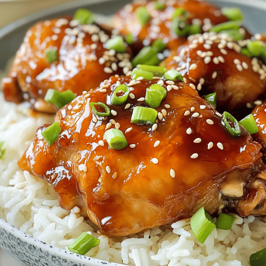 - 4 chicken thighs, skinless and boneless - 1/2 cup soy sauce (low sodium) - 1/4 cup honey - 2 tablespoons rice vinegar - 2 tablespoons freshly grated ginger - 2 cloves garlic, minced - 1 tablespoon sesame oil - 1 tablespoon cornstarch mixed with 2 tablespoons water (for thickening) - 1/4 cup sliced green onions (for garnish) - Sesame seeds (for garnish) This dish shines with its juicy chicken and rich teriyaki flavor. Using chicken thighs keeps the meat tender. I prefer low-sodium soy sauce to control the saltiness. Honey gives the dish a sweet twist. Rice vinegar adds a nice tang. Fresh ginger brings warmth, and garlic adds depth. The sesame oil adds a nutty aroma. Cornstarch thickens the sauce for a glossy finish. For garnishing, I love fresh green onions and sesame seeds. They add color and texture. This combination creates a delightful and flavorful meal. Check out the Full Recipe for all the details! 1. Preheat your oven to 400°F (200°C). This step is key for even cooking. 2. Prepare a baking dish by lightly greasing it. This helps the chicken not stick. 3. In a medium bowl, whisk together the teriyaki sauce ingredients. Combine 1/2 cup soy sauce, 1/4 cup honey, 2 tablespoons rice vinegar, 2 tablespoons grated ginger, 2 minced garlic cloves, and 1 tablespoon sesame oil. Mix until it’s smooth and well blended. 1. Place the chicken thighs in your baking dish. Pour the teriyaki sauce over the chicken. Make sure each piece is coated. 2. Cover the baking dish with aluminum foil. This keeps moisture in while baking. 3. Bake the chicken for 25 minutes. This ensures the chicken cooks through. 4. Remove the foil and bake for another 15 minutes. This step lets the sauce caramelize and adds flavor. 5. While the chicken finishes, take the remaining sauce and pour it into a saucepan. Heat it over medium heat until it simmers. 6. Stir in the cornstarch mixture and cook for 2-3 minutes. This will thicken the sauce nicely. 1. Once the chicken is done, take it out of the oven. Let it rest for a few minutes before slicing. 2. Drizzle the thickened sauce over the chicken. This adds extra flavor. 3. Garnish with sliced green onions and sesame seeds for a nice touch. Enjoy your delicious meal! For more details, check out the Full Recipe for Baked Teriyaki Chicken. To bake chicken perfectly, set your oven to 400°F. This temperature cooks the chicken evenly. Use skinless, boneless chicken thighs for the best results. They stay juicy and tender. Place the chicken in a baking dish and cover it with foil. This helps trap moisture while baking. After 25 minutes, remove the foil. Let the sauce caramelize for 15 more minutes. This adds flavor and color. For juiciness, marinate the chicken in the teriyaki sauce. I recommend letting it soak for at least 30 minutes. If you have time, marinate overnight in the fridge. This gives the chicken a deep flavor. Always use fresh ingredients for the best taste. Grate fresh ginger and mince fresh garlic. These add a vibrant flavor to the sauce. If you like some heat, add a pinch of red pepper flakes or sriracha. This gives the dish an exciting kick. You can also try adding pineapple juice for a sweet twist. Plating is key to making your dish appealing. Slice the chicken after it rests. This helps keep the juices inside. Arrange the pieces on a clean plate. Drizzle the thickened teriyaki sauce over the top. Sprinkle green onions and sesame seeds for a nice touch. For side dishes, steamed rice or stir-fried veggies work well. They complement the flavors of the teriyaki chicken. Enjoy this savory baked teriyaki chicken, and don't forget to check the Full Recipe for full details! {{image_2}} You can change some ingredients in the teriyaki sauce. If you want a different sweet taste, try maple syrup or agave syrup. Both can add a nice twist. If you do not have chicken thighs, you can use chicken breasts or even tofu for a vegetarian option. Each protein brings its own flavor and texture. Adding pineapple can give your dish a bright, tropical taste. Just chop some fresh pineapple and mix it in with the chicken before baking. If you like spicy food, add a bit of sriracha or chili flakes to the sauce. This will give your teriyaki chicken a nice kick! For gluten-free diets, use tamari instead of soy sauce. It has the same flavor but is safe for those avoiding gluten. If you are on a low-carb diet, skip the honey and use a sugar-free sweetener instead. This keeps the dish tasty without the extra carbs. Explore these variations to find your perfect baked teriyaki chicken! For the full recipe, check out the details above. After enjoying your baked teriyaki chicken, store leftovers safely. First, let the chicken cool down. Then, place it in an airtight container. Refrigerate within two hours of cooking. The chicken stays fresh for up to three days. To keep it flavorful, try to separate the chicken from the sauce. This way, it won't get too soggy. If you want to save some for later, freezing is a great option. Wrap the cooled chicken tightly in plastic wrap or aluminum foil. Then, place it in a freezer-safe bag. Remove as much air as possible. This helps prevent freezer burn. You can freeze baked teriyaki chicken for up to three months. When you're ready to eat it, move it to the fridge overnight to thaw. Reheating your chicken properly keeps it moist and tasty. The best method is to use the oven. Preheat the oven to 350°F (175°C). Place the chicken in a baking dish and cover it with foil. Heat for about 15-20 minutes. You can also add a splash of water or sauce to help keep it juicy. If you’re in a hurry, you can use the microwave. Just cover it and heat in short bursts, checking often to avoid drying it out. Enjoy your meal again! To ensure your chicken is safe to eat, check its internal temperature. Use a meat thermometer to measure the thickest part of the chicken. The safe cooking temperature for chicken is 165°F (75°C). This ensures the meat is juicy and safe. When cooking baked teriyaki chicken, follow these steps: - Preheat your oven to 400°F (200°C). - Bake covered for 25 minutes, then uncovered for 15 minutes. - Check the temperature after baking to confirm doneness. Yes, you can easily swap chicken for other meats. Here are some options: - Pork: Use pork tenderloin or chops for a different flavor. - Beef: Thin strips of beef work well in teriyaki sauce. - Tofu: Firm tofu is a great vegetarian option. Just ensure it is pressed to remove excess water. Adjust cooking times based on the meat you choose. Pair your baked teriyaki chicken with many tasty side dishes. Here are some ideas: - Steamed rice: White or brown rice absorbs the teriyaki sauce well. - Vegetables: Broccoli, green beans, or stir-fried veggies add color and nutrition. - Salad: A fresh salad with a light dressing complements the rich flavors. These sides create a balanced and delicious meal. For the full recipe, visit the [Full Recipe]. In this post, we covered how to make flavorful teriyaki chicken. We explored key ingredients like chicken thighs, soy sauce, and honey. I provided simple steps for preparation and cooking, along with tips for juiciness. We discussed variations and substitutions to suit different tastes, plus storage and reheating advice. Teriyaki chicken is easy to make and delicious. Try it yourself to impress your friends and family. You’ll enjoy the flavors and the joy of cooking!