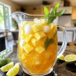 To make Pineapple Mint Iced Tea, you will need these ingredients: - 4 cups water - 4 black tea bags (or green tea if preferred) - 1 cup fresh pineapple, diced - 1/2 cup fresh mint leaves (plus extra for garnish) - 1/2 cup honey or agave syrup (adjust to taste) - Juice of 1 lime - Ice cubes Using fresh ingredients is key to a great drink. Always choose ripe, sweet pineapples. Look for mint that smells strong and fresh. Fresh tea bags or loose tea provide the best flavor. You can switch out honey or agave for other sweeteners. Try maple syrup or stevia for a different taste. If you want less sweetness, you can reduce the amount used. For tea, black tea gives a bold flavor, but green tea is lighter. You could also try herbal teas like chamomile or hibiscus for a unique twist. Just remember, the type of tea you choose will change the drink’s overall flavor. First, we need to make the tea. In a medium saucepan, bring 4 cups of water to a boil. Once it boils, remove it from heat. Place 4 tea bags into the hot water. Let it steep for about 5 to 7 minutes. This makes a strong and tasty base for our drink. While the tea is steeping, it’s time to prepare the pineapple. Take 1 cup of fresh pineapple and chop it into small pieces. Then, blend the pineapple in a blender until it is smooth. If you like some chunks, you can mash it with a fork instead. After blending, we will combine everything. In a large pitcher, mix the steeped tea, the blended pineapple, 1/2 cup of honey or agave syrup, the juice of 1 lime, and 1/2 cup of fresh mint leaves. Stir it well to dissolve the honey. Next, let the mix cool down to room temperature. After that, transfer it to the fridge. Chill it for at least 1 hour. This makes sure the drink is nice and cold. When you are ready to serve, grab some glasses. Fill them with ice cubes. Pour the chilled Pineapple Mint Iced Tea over the ice. For a nice touch, garnish with extra mint leaves. This will make your drink look fun and fresh! To make your Pineapple Mint Iced Tea truly shine, balance sweetness and acidity. Start by tasting as you mix. If it’s too sweet, add a bit more lime juice. This will brighten the drink. If it’s too tart, stir in a little more honey or agave syrup. You can also add other herbs or spices. Try using basil for a unique twist. A dash of ginger can give it a spicy kick. Experiment and find what you love best! Prepping ingredients in advance can save you time. Chop your pineapple and mint the day before. Store them in the fridge for easy use. You can also steep the tea ahead of time. Just keep it in the fridge until you are ready to mix. Using bottled juices can be a great shortcut. Pineapple juice or lime juice works well. However, check for added sugars. Fresh is best, but bottled can save you time if needed. {{image_2}} You can change the taste of Pineapple Mint Iced Tea in fun ways. Adding other fruits brings new flavors. Try strawberries, mango, or even blueberries. Each fruit gives a unique twist. You can also use herbs like basil or lemongrass. These herbs add a fresh and exciting taste to your drink. For a floral touch, consider adding lavender or hibiscus. Both pair well with pineapple and mint. You can also mix different teas. Black tea is great, but green or herbal teas work too. Try chamomile for a calming effect or chai for a spicy kick. Experiment with your favorite flavors. Want to make your iced tea a cocktail? It's simple and fun! Adding spirits can elevate your drink. Light rum is a great choice. It blends well with pineapple and mint. Vodka is another good option. Its neutral taste lets the tea shine. For a tropical twist, try coconut rum. It pairs perfectly with the fruity notes. If you enjoy gin, add it for a herbal touch. You can muddle some mint leaves for more flavor. Mix your chosen spirit into the tea before serving. Garnish with mint or a slice of fruit for a fancy look. For a refreshing summer drink, check out the Full Recipe. To keep your Pineapple Mint Iced Tea fresh, store leftovers in the fridge. Use a clean glass pitcher or an airtight container. This helps keep the flavors strong. Avoid using metal containers, as they can change the taste. If you have extra mint leaves for garnish, store them in a damp paper towel in a plastic bag. This keeps them fresh longer. Your iced tea stays fresh for about 3 to 5 days in the fridge. After that, it can lose flavor and freshness. Watch for signs of spoilage. If you see any strange smells or colors, throw it away. If the drink starts to taste off, it’s best to discard it. Enjoy your Pineapple Mint Iced Tea while it's fresh for the best flavor! What is the best type of tea to use? I recommend using black tea for this drink. It has a strong flavor that mixes well with pineapple and mint. Green tea is a great choice too if you want a lighter taste. Both options work well. Can I make this iced tea ahead of time? Yes, you can make this iced tea ahead. It tastes even better after chilling in the fridge for a few hours. Just follow the Full Recipe, and store it in a pitcher. Pineapple and mint both have great health benefits. Pineapple is rich in vitamin C and helps digestion. It can boost your immune system too. Mint adds a refreshing touch and may help with digestion and freshening breath. This drink has about 60 calories per serving. It mainly comes from honey or agave syrup, depending on what you choose. Each glass also gives you vitamins from pineapple and mint. Pair your Pineapple Mint Iced Tea with light snacks. Fresh fruit, cheese, or crackers work great. You can also enjoy it with salads or light sandwiches. For a fun presentation, serve in clear glasses. Add a slice of lime on the rim and a sprig of mint for color. This makes it look as good as it tastes! You learned how to make Pineapple Mint Iced Tea. We covered required ingredients, possible substitutions, and step-by-step instructions. Flavor tips, variations, and storage advice also helped enhance your drink. Experiment with options like adding fruits or herbs to suit your taste. Remember, nice storage keeps your tea fresh. Enjoy this refreshing drink anytime, and share your own twists on it. Your iced tea can impress at any gathering!