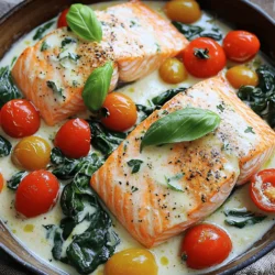 To make a delicious Creamy Tuscan Salmon, gather these simple ingredients: - Salmon fillets - Olive oil - Garlic - Cherry tomatoes - Spinach - Heavy cream - Grated Parmesan cheese - Italian seasoning - Salt and pepper - Fresh basil leaves Each ingredient plays a key role in creating the rich and tasty sauce. The salmon fillets provide a hearty base. Olive oil adds flavor and helps with cooking. Garlic brings a lovely aroma and taste. Cherry tomatoes offer sweetness and color. Spinach adds a fresh and healthy touch. Heavy cream creates that creamy texture we love. Grated Parmesan cheese gives depth and richness to the sauce. Italian seasoning blends all the flavors nicely. Finally, salt and pepper enhance the dish's taste. These ingredients work together to create a meal that is both comforting and elegant. You can find the full recipe for detailed steps on how to bring this dish to life. First, heat 2 tablespoons of olive oil in a large skillet over medium-high heat. While the oil warms, season your 4 salmon fillets with salt and pepper. When the oil is hot, add the salmon fillets, skin side down. Sear them for about 4-5 minutes until the skin gets crispy. Then, flip the fillets and cook for another 3-4 minutes. Once done, remove the salmon from the skillet and set it aside. Next, in the same skillet, add 3 cloves of minced garlic. Sauté for about 30 seconds until it smells great. Then, toss in 1 cup of halved cherry tomatoes. Cook these for about 3-4 minutes until they start to soften. The tomatoes will add a sweet burst of flavor to the dish. Now, stir in 1 cup of roughly chopped spinach. Cook it until it wilts, which should take about 1-2 minutes. After the spinach is ready, pour in 1 cup of heavy cream. Bring the mixture to a gentle simmer. This will create a rich and creamy sauce. Reduce the heat to low, then mix in 1/2 cup of grated Parmesan cheese and 1 teaspoon of Italian seasoning. Stir until the cheese melts and the sauce is nice and creamy. Now, taste it. Adjust the seasoning with salt and pepper as needed. Gently place the seared salmon back into the skillet. Spoon some of the creamy sauce over the top of the salmon. Let it cook for an additional 2-3 minutes so it heats through. For a beautiful finish, garnish your dish with fresh basil leaves. Serve immediately over a bed of rice, pasta, or with crusty bread to soak up that delicious sauce. For the full recipe, check out the link! To get that perfect crispiness on your salmon, start with a hot skillet. Heat the olive oil well before adding the salmon. Place the fillets skin-side down and let them cook without moving them for 4-5 minutes. This helps the skin get crispy. For a juicy inside, aim for a medium cooking temperature. If you prefer it well-done, extend the cooking time slightly. You can switch things up in the sauce. If you want to change the flavor, try using sun-dried tomatoes instead of fresh ones. You can also add a splash of lemon juice for brightness. For a kick, toss in some red pepper flakes. Each twist creates a new experience while keeping it creamy and rich. To save time, you can prep the ingredients ahead. Chop the garlic and tomatoes before you start. This way, you can cook without pausing. For thinner fillets, cook for 3-4 minutes on each side. Thicker ones may need up to 6 minutes per side. Keep an eye on them to avoid overcooking. For the full recipe, check out the steps above! {{image_2}} When making Creamy Tuscan Salmon, you can choose between wild and farmed salmon. Wild salmon has a richer flavor and firmer texture. Farmed salmon is often more affordable and easier to find. If you want variety, consider using trout or Arctic char. Both fish have a taste that works well with this creamy dish. If you need gluten-free options, this recipe is already safe. The ingredients do not contain gluten. For a dairy-free version, use coconut cream instead of heavy cream. Nutritional yeast can replace Parmesan cheese, giving a cheesy flavor without dairy. These swaps keep the dish tasty and suitable for different diets. To enhance the flavor, try adding fresh herbs like dill or tarragon. These herbs bring a fresh twist that pairs well with salmon. If you like spice, add red pepper flakes or diced jalapeños. This will give your dish a warm kick that many enjoy. You can experiment with different herbs and spices to make it your own. To keep your Creamy Tuscan Salmon fresh, follow these tips: - Cool Down: Let the salmon cool to room temperature. - Use Airtight Containers: Place the salmon in airtight containers. - Refrigerate Promptly: Store in the fridge within two hours. - Consume Quickly: For best quality, eat leftovers within 2-3 days. Reheating your salmon is easy if you follow these steps: - Skillet Method: Heat a non-stick skillet over low heat. Add a splash of water or cream. Place the salmon in the skillet. Cover and heat for about 5 minutes. This keeps the salmon moist. - Oven Method: Preheat your oven to 275°F (135°C). Place the salmon on a baking dish. Cover with foil to retain moisture. Heat for about 10-15 minutes. This method works well for larger portions. Both methods keep the salmon juicy and flavorful, so pick your favorite! You can pair this dish with several tasty sides. Here are some popular options: - Steamed asparagus - Garlic mashed potatoes - Rice pilaf - Crusty bread For wine, I suggest a crisp white wine. A Chardonnay or Pinot Grigio works well. These wines balance the richness of the cream and salmon. To make this dish lighter, you can use low-fat ingredients. Try these swaps: - Use Greek yogurt instead of heavy cream for a tangy taste. - Substitute low-fat cheese for the Parmesan. Reducing cream content helps, too. You can cut the amount in half and still keep the sauce creamy. Yes, you can make Creamy Tuscan Salmon ahead of time. Here are some tips: - Cook the salmon and sauce, then store them separately. - Keep leftovers in an airtight container in the fridge for up to three days. Reheat gently in a skillet over low heat. This method keeps the salmon moist and the sauce creamy. For the full recipe, check out the detailed instructions. This blog post shared a tasty recipe for Creamy Tuscan Salmon. We covered the key ingredients and laid out step-by-step instructions for cooking. I also shared tips for perfecting your dish and explored variations to suit different diets. Don’t forget storage tips for leftovers and easy reheating methods. Now it's your turn to impress friends and family with this meal. Enjoy cooking and experimenting with flavors.