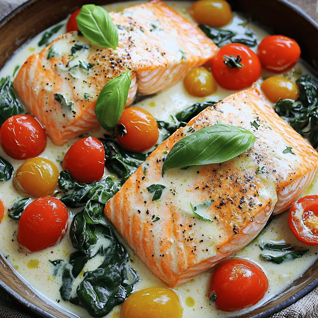 To make a delicious Creamy Tuscan Salmon, gather these simple ingredients: - Salmon fillets - Olive oil - Garlic - Cherry tomatoes - Spinach - Heavy cream - Grated Parmesan cheese - Italian seasoning - Salt and pepper - Fresh basil leaves Each ingredient plays a key role in creating the rich and tasty sauce. The salmon fillets provide a hearty base. Olive oil adds flavor and helps with cooking. Garlic brings a lovely aroma and taste. Cherry tomatoes offer sweetness and color. Spinach adds a fresh and healthy touch. Heavy cream creates that creamy texture we love. Grated Parmesan cheese gives depth and richness to the sauce. Italian seasoning blends all the flavors nicely. Finally, salt and pepper enhance the dish's taste. These ingredients work together to create a meal that is both comforting and elegant. You can find the full recipe for detailed steps on how to bring this dish to life. First, heat 2 tablespoons of olive oil in a large skillet over medium-high heat. While the oil warms, season your 4 salmon fillets with salt and pepper. When the oil is hot, add the salmon fillets, skin side down. Sear them for about 4-5 minutes until the skin gets crispy. Then, flip the fillets and cook for another 3-4 minutes. Once done, remove the salmon from the skillet and set it aside. Next, in the same skillet, add 3 cloves of minced garlic. Sauté for about 30 seconds until it smells great. Then, toss in 1 cup of halved cherry tomatoes. Cook these for about 3-4 minutes until they start to soften. The tomatoes will add a sweet burst of flavor to the dish. Now, stir in 1 cup of roughly chopped spinach. Cook it until it wilts, which should take about 1-2 minutes. After the spinach is ready, pour in 1 cup of heavy cream. Bring the mixture to a gentle simmer. This will create a rich and creamy sauce. Reduce the heat to low, then mix in 1/2 cup of grated Parmesan cheese and 1 teaspoon of Italian seasoning. Stir until the cheese melts and the sauce is nice and creamy. Now, taste it. Adjust the seasoning with salt and pepper as needed. Gently place the seared salmon back into the skillet. Spoon some of the creamy sauce over the top of the salmon. Let it cook for an additional 2-3 minutes so it heats through. For a beautiful finish, garnish your dish with fresh basil leaves. Serve immediately over a bed of rice, pasta, or with crusty bread to soak up that delicious sauce. For the full recipe, check out the link! To get that perfect crispiness on your salmon, start with a hot skillet. Heat the olive oil well before adding the salmon. Place the fillets skin-side down and let them cook without moving them for 4-5 minutes. This helps the skin get crispy. For a juicy inside, aim for a medium cooking temperature. If you prefer it well-done, extend the cooking time slightly. You can switch things up in the sauce. If you want to change the flavor, try using sun-dried tomatoes instead of fresh ones. You can also add a splash of lemon juice for brightness. For a kick, toss in some red pepper flakes. Each twist creates a new experience while keeping it creamy and rich. To save time, you can prep the ingredients ahead. Chop the garlic and tomatoes before you start. This way, you can cook without pausing. For thinner fillets, cook for 3-4 minutes on each side. Thicker ones may need up to 6 minutes per side. Keep an eye on them to avoid overcooking. For the full recipe, check out the steps above! {{image_2}} When making Creamy Tuscan Salmon, you can choose between wild and farmed salmon. Wild salmon has a richer flavor and firmer texture. Farmed salmon is often more affordable and easier to find. If you want variety, consider using trout or Arctic char. Both fish have a taste that works well with this creamy dish. If you need gluten-free options, this recipe is already safe. The ingredients do not contain gluten. For a dairy-free version, use coconut cream instead of heavy cream. Nutritional yeast can replace Parmesan cheese, giving a cheesy flavor without dairy. These swaps keep the dish tasty and suitable for different diets. To enhance the flavor, try adding fresh herbs like dill or tarragon. These herbs bring a fresh twist that pairs well with salmon. If you like spice, add red pepper flakes or diced jalapeños. This will give your dish a warm kick that many enjoy. You can experiment with different herbs and spices to make it your own. To keep your Creamy Tuscan Salmon fresh, follow these tips: - Cool Down: Let the salmon cool to room temperature. - Use Airtight Containers: Place the salmon in airtight containers. - Refrigerate Promptly: Store in the fridge within two hours. - Consume Quickly: For best quality, eat leftovers within 2-3 days. Reheating your salmon is easy if you follow these steps: - Skillet Method: Heat a non-stick skillet over low heat. Add a splash of water or cream. Place the salmon in the skillet. Cover and heat for about 5 minutes. This keeps the salmon moist. - Oven Method: Preheat your oven to 275°F (135°C). Place the salmon on a baking dish. Cover with foil to retain moisture. Heat for about 10-15 minutes. This method works well for larger portions. Both methods keep the salmon juicy and flavorful, so pick your favorite! You can pair this dish with several tasty sides. Here are some popular options: - Steamed asparagus - Garlic mashed potatoes - Rice pilaf - Crusty bread For wine, I suggest a crisp white wine. A Chardonnay or Pinot Grigio works well. These wines balance the richness of the cream and salmon. To make this dish lighter, you can use low-fat ingredients. Try these swaps: - Use Greek yogurt instead of heavy cream for a tangy taste. - Substitute low-fat cheese for the Parmesan. Reducing cream content helps, too. You can cut the amount in half and still keep the sauce creamy. Yes, you can make Creamy Tuscan Salmon ahead of time. Here are some tips: - Cook the salmon and sauce, then store them separately. - Keep leftovers in an airtight container in the fridge for up to three days. Reheat gently in a skillet over low heat. This method keeps the salmon moist and the sauce creamy. For the full recipe, check out the detailed instructions. This blog post shared a tasty recipe for Creamy Tuscan Salmon. We covered the key ingredients and laid out step-by-step instructions for cooking. I also shared tips for perfecting your dish and explored variations to suit different diets. Don’t forget storage tips for leftovers and easy reheating methods. Now it's your turn to impress friends and family with this meal. Enjoy cooking and experimenting with flavors.