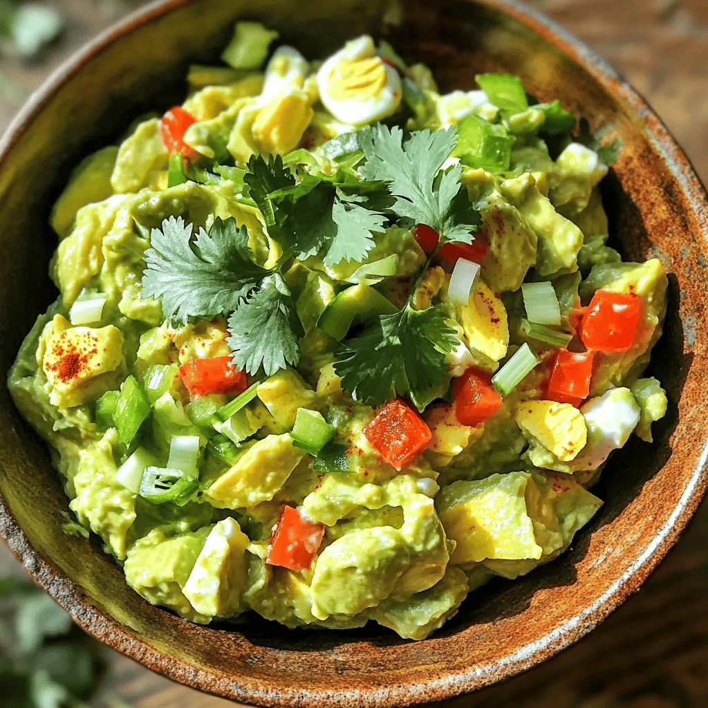 - 4 large eggs - 1 ripe avocado - 2 tablespoons Greek yogurt - 1 tablespoon Dijon mustard - 1 tablespoon fresh lemon juice - 1/4 teaspoon garlic powder - 1/4 teaspoon smoked paprika - Salt and pepper to taste - 1/4 cup red bell pepper, finely diced - 1/4 cup green onions, sliced - Fresh cilantro for garnish Alternatives to Greek yogurt You can use sour cream or plant-based yogurt. Both add creaminess. Different types of mustard Try yellow mustard or whole grain mustard. Each offers a unique taste. Options for seasoning For a spicy kick, use cayenne pepper. You can also add fresh herbs for extra flavor. To boil eggs perfectly, start with a medium saucepan. Place the eggs in the pan and cover them with water. Bring the water to a boil over medium heat. When it starts to boil, cover the pot, turn off the heat, and let the eggs sit. This method gives you eggs that are firm but not overcooked. Let them sit for about 10-12 minutes. Next, cool the eggs in an ice bath. Fill a large bowl with cold water and ice cubes. After the time is up, gently transfer the eggs into the ice bath. Let them cool for about 5 minutes. Cooling them fast makes them easy to peel without tearing. Now, let’s mash the avocado correctly. Take your ripe avocado and cut it in half. Remove the pit and scoop the flesh into a mixing bowl. Use a fork to mash it until it’s smooth but still has some small chunks. This texture adds a nice bite to your salad. Next, we add flavors and seasoning. Mix in 2 tablespoons of Greek yogurt, 1 tablespoon of Dijon mustard, and 1 tablespoon of fresh lemon juice. Then sprinkle in 1/4 teaspoon each of garlic powder and smoked paprika. Don’t forget salt and pepper to taste. Stir until everything blends well. Now it’s time to fold in the eggs and veggies. First, peel and chop the cooled eggs into small pieces. Add them to the avocado mixture, along with 1/4 cup each of finely diced red bell pepper and sliced green onions. Gently mix everything together. Be careful not to break the eggs too much; you want some nice chunks. Here are some tips for maintaining texture: Use a folding motion when you mix. This keeps the eggs whole and fluffy. Taste the salad and adjust the seasoning with more salt, pepper, or lemon juice if you want. For a full experience, check out the [Full Recipe]. Enjoy your creamy and flavorful avocado egg salad! To pick a great avocado, look for one that feels slightly soft when you press it. The skin should be dark green or black. Avoid avocados with large dents or brown spots. If you find one that is not ripe, leave it out at room temperature for a few days. Once ripe, store it in the fridge to keep it fresh for longer. One common mistake is over-mashing the avocado. You want a creamy texture but still some chunks. If you mash it too much, it will become a puree. Another mistake is not seasoning enough. Taste your salad after mixing. Add a little salt and pepper to enhance the flavors. You can also add more lemon juice for a zesty kick. For a delightful meal, serve the avocado egg salad on whole-grain toast or in a wrap. You can also place it on a bed of greens for a fresh salad. Try adding sliced tomatoes or cucumber for extra crunch. Garnish with fresh cilantro for a lovely finish. This dish is perfect for lunch or a light dinner. Enjoy it with your favorite chips or crackers for a tasty bite! {{image_2}} You can add different veggies to your avocado egg salad. Try chopped celery for a nice crunch. Diced cucumber gives a fresh taste. Even sweet corn can add a lovely sweetness. For protein, consider adding shredded chicken or canned tuna. These options make the salad heartier and more filling. To make this salad vegan, replace the eggs with chickpeas. Mash them well to mimic the texture of eggs. Use a vegan yogurt instead of Greek yogurt for creaminess. For vegetarian eaters, this is a great option. If you need a gluten-free version, the salad is naturally gluten-free. Just check your mustard and any added dressings to ensure they are gluten-free. To elevate the taste, consider adding spices or herbs. A bit of cumin can add warmth, while dill brings a nice freshness. You can also mix in different dressings. Try a bit of sriracha for heat or a splash of balsamic vinegar for tang. Each of these changes brings a new twist to the classic avocado egg salad. To keep your avocado egg salad fresh, use airtight containers. Glass or plastic containers work well. Make sure the lid seals tightly to prevent air from getting in. Store it in the fridge. It stays good for about 3 days. After this time, the avocado may turn brown and lose flavor. You should not reheat avocado egg salad. The avocado will change texture and taste. Instead, you can refresh it. Add a squeeze of lemon juice and mix gently. This helps brighten the flavors and keeps it tasty. Avocado egg salad is not suitable for freezing. When thawed, the texture of the avocado will get mushy. If you want to freeze it, try leaving out the avocado. You can mix it in fresh when you thaw the rest. This way, you will keep the nice texture and taste. Avocado egg salad lasts about 2 to 3 days in the fridge. Make sure to store it in an airtight container. This keeps it fresh and tasty for a few days. If you notice browning, just mix it well before serving. Yes, you can make avocado egg salad ahead of time. It is best to prepare it a day in advance. This allows the flavors to mix well. However, try to add the avocado just before serving. This prevents browning and keeps it looking fresh. Avocado egg salad pairs well with many sides. Here are some great options: - Toasted whole-grain bread - Fresh greens or mixed salad - Crunchy vegetable sticks like carrots and celery - Tortilla chips for a fun crunch - Sliced cucumbers topped with salt and pepper You can find the full detailed recipe for Avocado Egg Salad Fiesta 🥑🥚 [here](#). This blog post covered all you need to know about making avocado egg salad. You learned about key ingredients, substitutions, and step-by-step instructions. I shared tips to avoid common mistakes and ideas for serving. Remember, you can customize this dish with different veggies or proteins. Proper storage is also key to keeping it fresh. With all this info, you're ready to craft a delicious avocado egg salad. Enjoy creating and sharing this tasty treat!