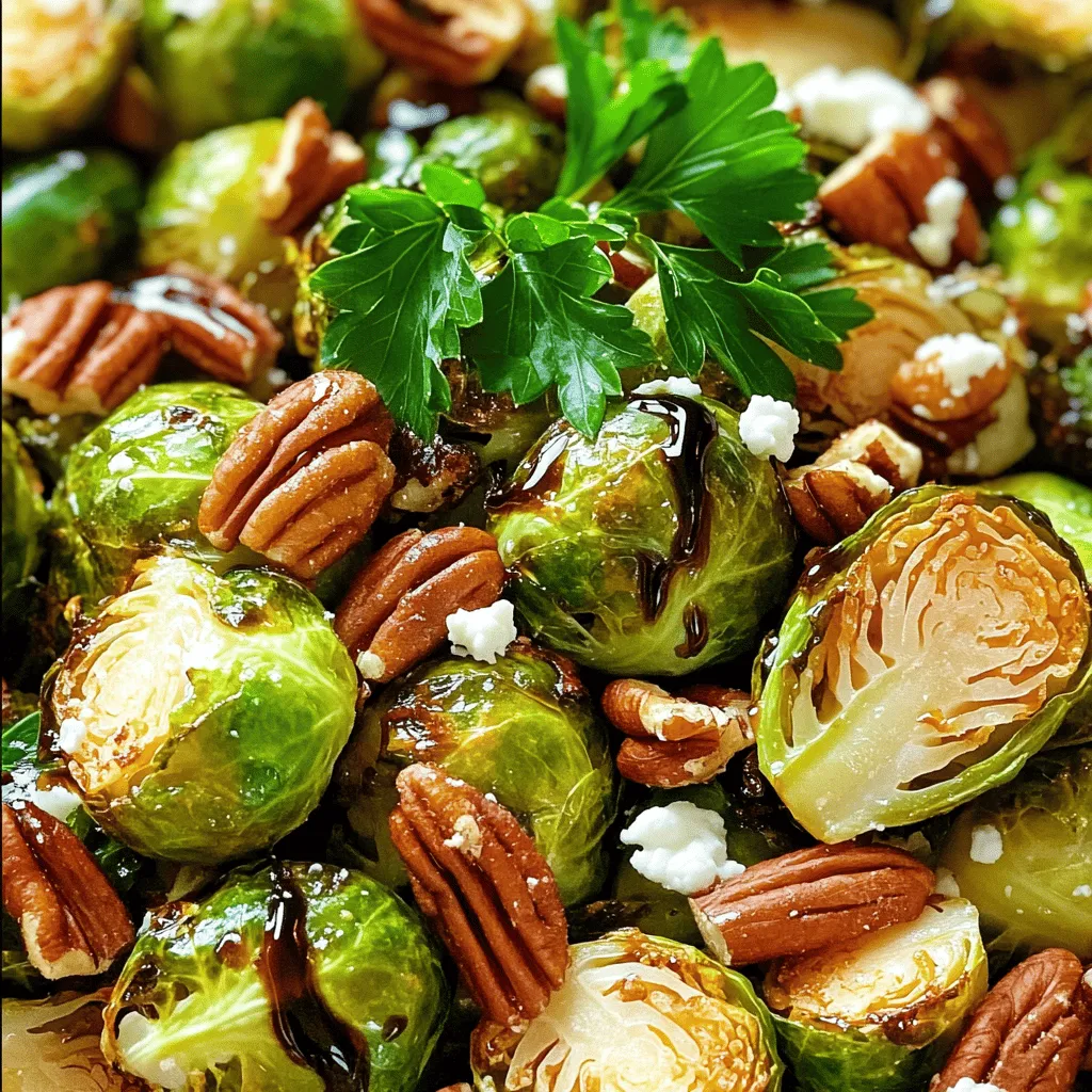For a tasty dish, you need these main ingredients: - 1 lb Brussels sprouts, trimmed and halved - 3 tablespoons balsamic vinegar - 2 tablespoons olive oil - 1 tablespoon honey - 2 cloves garlic, minced - Salt and pepper to taste These ingredients bring out the best flavors. The balsamic adds sweetness and tang. The honey gives a nice glaze, while garlic offers a warm kick. You can add extra items for more taste: - 1/4 cup pecans, roughly chopped - 1/4 cup goat cheese, crumbled (optional) - Fresh parsley for garnish Pecans add a crunchy texture. Goat cheese gives a creamy touch. Parsley brightens the dish and adds color. This dish is not just tasty; it is also nutritious. Each serving has: - Calories: about 160 - Protein: 4g - Carbohydrates: 10g - Fat: 12g - Fiber: 4g Brussels sprouts are full of vitamins and minerals. They support your health while keeping the meal light. You can find the Full Recipe for more details on this delicious meal. First, gather your ingredients. You will need: - 1 lb Brussels sprouts, trimmed and halved - 3 tablespoons balsamic vinegar - 2 tablespoons olive oil - 1 tablespoon honey - 2 cloves garlic, minced - Salt and pepper to taste - 1/4 cup pecans, roughly chopped - 1/4 cup goat cheese, crumbled (optional) - Fresh parsley for garnish Next, preheat your oven to 425°F (220°C). This step is key for getting that nice crisp. In a large bowl, whisk together the balsamic vinegar, olive oil, honey, minced garlic, salt, and pepper. This mixture gives the sprouts a lovely flavor. Now, add the halved Brussels sprouts to the bowl. Toss them well in the balsamic mixture until they are evenly coated. This ensures that every bite is packed with flavor. Spread the Brussels sprouts out on a baking sheet in a single layer. Make sure they have room to breathe. If they are crowded, they won’t roast well. Roast them in your preheated oven for about 20 to 25 minutes. Stir them halfway through to help them cook evenly. You want them to become golden brown and crispy on the edges. Once they are done, take them out of the oven. Immediately sprinkle the chopped pecans over the sprouts. The heat will toast them slightly and add a nice crunch. If you want to add a creamy touch, sprinkle crumbled goat cheese over the top. Finally, garnish with fresh parsley for a pop of color. For the best results, use fresh Brussels sprouts. They taste better and roast nicely. Cut them in half for more surface area. This helps them get crispy. Don’t skip stirring them halfway through cooking. This step prevents burning and ensures even cooking. For added sweetness, adjust the honey to your taste. If you want more flavor, try adding some red pepper flakes for heat. This small change can elevate the dish. Trust me, following these tips will make your Balsamic Glazed Brussels Sprouts shine. For the full recipe, click here. To make the best balsamic glaze, focus on balance. Use quality balsamic vinegar. The right blend of sweet and tangy makes a great glaze. Mix balsamic vinegar with honey for sweetness. Heat this mixture gently on the stove. Simmer it until it thickens. This process brings out rich flavors. A thicker glaze clings better to the sprouts. Avoid overcooking your Brussels sprouts. If you roast them too long, they can turn mushy. Check them at the 20-minute mark. Stir them halfway through cooking for even browning. Another mistake is using low-quality vinegar. Cheap balsamic can ruin the flavor. Always opt for a good brand for the best taste. You need a few simple tools for this recipe. A large mixing bowl helps you combine the ingredients. Use a whisk to mix your glaze smoothly. A baking sheet lined with parchment paper makes cleanup easier. Tongs or a spatula help you turn the sprouts while roasting. With these tools, you can cook like a pro! For the full recipe, refer to the earlier section. {{image_2}} You can switch up the flavors in your balsamic glazed Brussels sprouts. Try adding different nuts like walnuts or almonds. They bring a nice crunch and taste. For a sweet touch, use maple syrup instead of honey. If you want a spicy kick, add a pinch of red pepper flakes. Balsamic glazed Brussels sprouts are great on their own, but they pair well with many dishes. Serve them alongside roasted chicken or grilled steak for a hearty meal. They also fit nicely with quinoa or rice for a lighter option. You can even add them to a salad for extra flavor. This dish can easily fit many diets. To make it vegan, simply skip the honey and use agave nectar instead. All the other ingredients are naturally gluten-free. This makes it a great side dish for everyone at the table. For the full recipe, check out the guidelines above! After enjoying your Balsamic Glazed Brussels Sprouts, store any leftovers in an airtight container. This keeps them fresh. Make sure they cool completely before sealing the container. You can store them in the fridge for up to four days. To reheat, place the Brussels sprouts on a baking sheet. Preheat your oven to 350°F (175°C). Bake for about 10-15 minutes or until warmed through. You can also use a microwave, but they may lose some crispness. Heat in short bursts, about 30 seconds at a time, stirring in between. If you want to freeze them, do it before roasting. Toss the halved Brussels sprouts in the balsamic mix, then spread them on a baking sheet. Freeze them for about an hour, then transfer to a freezer bag. This keeps them from clumping together. They can last up to three months in the freezer. When you're ready, roast them straight from the freezer. Just remember, they may need a few extra minutes to cook. For the full recipe, check out Balsamic Bliss Brussels Sprouts. To make Brussels sprouts crispy, start by cutting them in half. This helps them cook evenly. Use high heat, like 425°F (220°C), when roasting. The hot oven gives them a nice crunch. Toss the sprouts in olive oil and balsamic vinegar for flavor. Spread them in a single layer on the baking sheet. Avoid overcrowding, as this can cause steaming instead of roasting. Stir them halfway through to brown all sides. Follow the full recipe for best results. Yes, you can use other veggies with the balsamic glaze. Carrots, broccoli, and cauliflower work well. Just cut them into similar sizes to Brussels sprouts. This way, they cook evenly. Toss them in the same balsamic mixture for added flavor. You can even mix different vegetables for a colorful dish! If you need to avoid honey, try maple syrup or agave nectar. Both add sweetness and work well in the glaze. You can also use brown sugar, but it may change the texture slightly. Adjust the amount to your taste. Each option will give a unique flavor to the dish. In this blog post, we explored the key ingredients for making balsamic glazed Brussels sprouts. I shared step-by-step instructions and tips for the perfect roast. You learned about variations and storage options to keep your sprouts tasty. Remember, cooking is about fun and creativity. Experiment with flavors and make this dish your own. Enjoy your cooking journey!