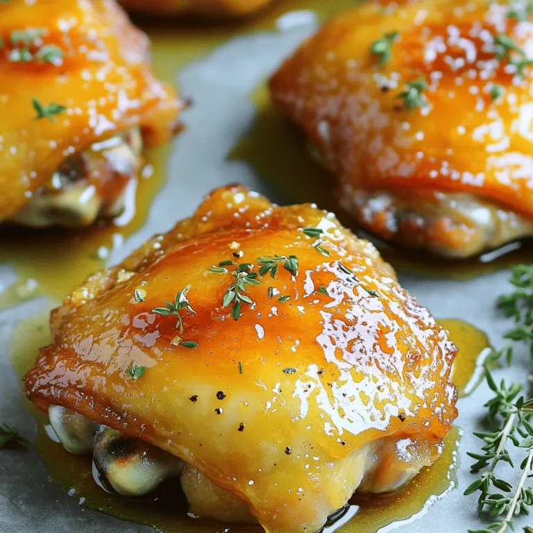 - 4 chicken thighs, bone-in and skin-on - 1/4 cup honey - 1/4 cup Dijon mustard - 2 tablespoons apple cider vinegar - 2 cloves garlic, minced - 1 teaspoon smoked paprika - 1 teaspoon salt - 1/2 teaspoon black pepper - 2 tablespoons olive oil - Fresh thyme sprigs for garnish You need these simple ingredients for honey mustard chicken thighs. Each item brings its own flavor. The chicken thighs give you juicy meat and crispy skin. Honey adds sweetness, while Dijon mustard provides a nice tang. Apple cider vinegar enhances the sauce's flavor. Garlic adds depth with its strong taste, and smoked paprika brings warmth. Salt and pepper season the dish just right. Olive oil helps the chicken brown beautifully. Fresh thyme adds a nice herbal note for garnish. - Additional spices for flavor - Alternative sweeteners Feel free to experiment with optional ingredients. You can add spices like cayenne for heat or rosemary for a fresh taste. If you want to adjust the sweetness, try maple syrup or agave nectar. Each choice can create a new twist on this classic dish. This flexibility makes it fun and exciting to cook. Don't forget to check the [Full Recipe] for detailed steps! - Preheat the oven to 400°F (200°C). - In a bowl, whisk together the honey, Dijon mustard, apple cider vinegar, minced garlic, smoked paprika, salt, and black pepper. Mix until it is smooth and creamy. This sauce is the star of the dish. - Pat the chicken thighs dry with paper towels. This will help them get crispy. - Heat 2 tablespoons of olive oil in an oven-safe skillet over medium-high heat. - Once the oil is hot, place the chicken thighs skin-side down in the skillet. - Sear the chicken for about 5-7 minutes. You want the skin to be golden brown and crispy. - Flip the chicken thighs over and pour the honey mustard sauce over them. Make sure they are well coated. - Transfer the skillet to your preheated oven. Bake for about 25-30 minutes. The chicken should reach an internal temperature of 165°F (74°C). - Once done, take the skillet out of the oven. Let the chicken rest for 5 minutes. This helps keep it juicy. - Drizzle some of the sauce from the skillet over the thighs before serving. - Garnish with fresh thyme sprigs for added flavor and a nice look. You can find the full recipe for this delicious dish to make it easily at home. Enjoy your meal! To get crispy skin on chicken thighs, start by drying them well with paper towels. This helps the skin brown nicely. Use medium-high heat when searing the thighs. Place them skin-side down in a hot skillet. Cook for about 5-7 minutes until the skin is golden brown. This step adds flavor and texture. Ensure your chicken is cooked thoroughly by using a meat thermometer. The internal temperature should reach 165°F (74°C). This guarantees the chicken is safe to eat. After baking, let the chicken rest for 5 minutes. This keeps the juices inside and makes the meat tender. Adjust the sweetness or tanginess of the sauce to fit your taste. If you like it sweeter, add more honey. For more tang, increase the apple cider vinegar. Taste as you mix to find the perfect balance for you. When coating the chicken, pour the sauce evenly over the thighs. Make sure each piece is well covered. This helps the flavors soak in while cooking. Use a spoon to drizzle extra sauce over the thighs when serving. It adds a nice touch and enhances the dish. For the full recipe, check out the details above. {{image_2}} You can play with the mustard type in this recipe. Dijon mustard gives a nice kick, but you can also try yellow mustard or whole grain mustard. Each type brings its own flavor. If you want a milder taste, yellow mustard works well. Whole grain mustard adds texture and depth. You might also swap chicken thighs for chicken breasts. Chicken breasts cook faster and are leaner. Just be careful not to overcook them. They can dry out more quickly than thighs. Adjust the cooking time to suit the breasts. Adding herbs and spices can make a big difference. Fresh herbs like rosemary or parsley can brighten up the dish. You can also use dried herbs such as oregano or thyme. A pinch of red pepper flakes adds heat if you like spice. You can modify the sauce for different flavors too. Try adding soy sauce for a savory twist. A splash of orange juice can give a sweet and zesty note. Experiment with what you have on hand to keep it fresh and exciting. For the full recipe, check out the details above. To store honey mustard chicken thighs, let them cool first. Place the chicken in an airtight container. This way, it stays fresh longer. You can keep it in the fridge for up to 3 days. When you want to eat it again, just reheat gently. If you have leftovers, freezing is a great option. Wrap each chicken thigh tightly in plastic wrap. Then, place them in a freezer bag. This helps to keep the flavor and moisture. You can freeze them for up to 3 months. When you're ready to enjoy, take the chicken out of the freezer. Let it thaw in the fridge overnight. To reheat, place it in a preheated oven at 350°F (175°C) for about 20-25 minutes. This will help keep it juicy and tasty. Can I use boneless chicken thighs for this recipe? Yes, you can use boneless chicken thighs. They cook faster than bone-in thighs. Watch the cooking time closely. Boneless thighs should reach 165°F (74°C) quickly. How can I tell when the chicken is fully cooked? Use a meat thermometer. Insert it into the thickest part of the thigh. It should read 165°F (74°C). The juices should run clear, not pink. What sides pair well with honey mustard chicken thighs? I love serving honey mustard chicken with: - Roasted vegetables - Garlic mashed potatoes - Steamed green beans - A fresh garden salad Can this recipe be made on the grill? Yes, grilling is a great option! Preheat your grill to medium heat. Marinate the chicken in the honey mustard sauce for at least 30 minutes. Grill for 6-8 minutes on each side until cooked through. How to adapt this recipe for an air fryer? To use an air fryer, preheat it to 375°F (190°C). Coat the chicken thighs with the sauce. Place them in the air fryer basket. Cook for about 20-25 minutes or until they reach 165°F (74°C). Enjoy the crispy skin! For the full recipe, check out the detailed cooking steps provided earlier. This recipe for honey mustard chicken thighs is simple and tasty. We covered the ingredients, preparation steps, and cooking tips that ensure success. You can vary flavors easily or store leftovers for later. Remember, cooking can be fun and creative! Whether you use chicken thighs or try new spices, enjoy making this dish. With easy steps and twists, you can impress family and friends. Happy cooking!