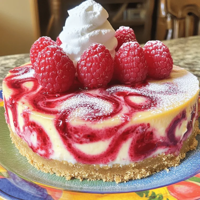 - 1 ½ cups graham cracker crumbs - ½ cup unsalted butter, melted - 2 tablespoons sugar - 16 oz cream cheese, softened - ¾ cup sugar - 3 large eggs - 1 teaspoon vanilla extract - 1 cup sour cream - 1 cup fresh raspberries - 2 tablespoons raspberry jam To get the best results, measure your ingredients carefully. Use a kitchen scale for precise amounts. For graham cracker crumbs, crush them finely for a smooth crust. When measuring butter, use a liquid measuring cup. If you need to substitute, you can use low-fat cream cheese or coconut cream, but the texture may change. When choosing cream cheese, opt for full-fat varieties. They provide a rich taste and creamy texture. For raspberries, fresh is best. Look for ripe, plump berries. If using frozen raspberries, thaw them first. This will help maintain the swirl's quality in your cheesecake. To start, preheat your oven to 325°F (160°C). This is important for even baking. Next, grab a 9-inch springform pan. Grease it well with non-stick cooking spray. This will help the cheesecake come out easily later. In a mixing bowl, combine 1 ½ cups of graham cracker crumbs, ½ cup melted unsalted butter, and 2 tablespoons of sugar. Mix until everything is well combined. Then, press this mixture firmly into the bottom of the greased springform pan. Bake your crust for 10 minutes, then take it out and let it cool. In a large bowl, beat 16 oz of softened cream cheese and ¾ cup of sugar. Use an electric mixer on medium speed. Mix until it is smooth and creamy, which takes about 3-4 minutes. Then, add 3 large eggs, one at a time. Mix well after each egg. Add 1 teaspoon of vanilla extract and 1 cup of sour cream. Mix until everything is just combined. In a small saucepan over low heat, combine 1 cup of fresh raspberries and 2 tablespoons of raspberry jam. Cook this mixture for about 3-4 minutes. The raspberries will break down and create a nice thick sauce. After cooking, remove it from heat and allow it to cool slightly. Pour half of the cheesecake batter over the cooled crust. Then, drop spoonfuls of the raspberry sauce over the filling. Pour the rest of the cheesecake batter on top. Use a knife to gently swirl the raspberry sauce into the cheesecake. Bake for 55-60 minutes. The center should be set but slightly jiggly. Turn off the oven and crack the door open. Let the cheesecake cool in the oven for about an hour. After cooling, place the cheesecake in the fridge for at least 4 hours, or better yet, overnight. This step is key for the best flavor and texture. When ready to serve, carefully remove the cheesecake from the springform pan. Slice it into wedges and enjoy! For a lovely touch, serve with fresh raspberries and a little powdered sugar. For the complete guide, check out the Full Recipe. - Overmixing the batter: Mix just until combined. Overmixing adds air and makes cracks. - Not cooling properly: Let the cheesecake cool in the oven. This helps prevent cracks. - Adjusting baking time for different ovens: Ovens vary. Check your cheesecake at 50 minutes. The center should jiggle slightly. - Tips for a creamy cheesecake: Use room temperature ingredients. This ensures a smooth mix without lumps. - Garnishing with raspberries: Place fresh raspberries on top. They make the cheesecake look bright and inviting. - Serving recommendations: Serve slices on colorful plates. Add whipped cream and extra raspberry sauce for flair. {{image_2}} You can change the fruit in your cheesecake. Try using strawberries or blueberries instead of raspberries. They will add a bright color and fresh taste. You can also mix in chocolate or caramel. Drizzling melted chocolate on top gives a rich twist. Caramel adds a sweet, buttery flavor that complements the cream cheese. If you need gluten-free options, use gluten-free graham cracker crumbs for the crust. This small change keeps the cheesecake tasty and safe for those with gluten allergies. For a vegan version, replace cream cheese with a vegan cream cheese alternative. Use a plant-based butter for the crust and flax eggs instead of regular eggs. These swaps keep the creamy texture while making it plant-based. You can make mini cheesecakes by using a muffin tin. This method creates perfect bite-sized treats that are fun to eat. Cheesecake bars are another great option. Simply spread the filling in a baking dish and cut it into squares once set. Both options are easy to share and perfect for parties. To store leftover cheesecake, wrap it tightly in plastic wrap. This keeps the air out and helps the cheesecake stay fresh. You can also place it in an airtight container. Use a container with a lid that seals well for the best results. If you want to save raspberry swirl cheesecake for later, freezing is a great option. First, let the cheesecake cool completely. Then, wrap it in plastic wrap, followed by aluminum foil. This helps prevent freezer burn. When you're ready to enjoy it, thaw the cheesecake in the fridge overnight. Serve it chilled for the best taste. In the fridge, your raspberry swirl cheesecake will stay fresh for about 5 to 7 days. Always check for signs it has gone bad. Look for a change in color, a sour smell, or mold. If you notice any of these, it's best to toss it and make a new one. You can use several options if you want a dairy-free choice. Popular alternatives include: - Silken tofu - Vegan cream cheese - Cashew cream These substitutes offer a similar texture. They may change the flavor slightly, but they still work well. Yes, you can make this cheesecake up to two days in advance. Just follow these tips: - Bake and cool the cheesecake. - Cover it tightly with plastic wrap. - Chill it in the fridge. This method helps the flavors blend nicely. The cheesecake is done when the edges look set. The center should jiggle slightly. Use an instant-read thermometer for best results. It should read 150°F (65°C). Yes, you can use frozen raspberries. They may change the texture a bit. The flavor will be less bright but still delicious. Just thaw and drain excess moisture before using. If you lack a springform pan, use a regular cake pan. Just line it with parchment paper. This makes it easy to remove. You can also use muffin tins for mini cheesecakes. Yes, raspberry swirl cheesecake can be made gluten-free. Use gluten-free graham crackers or almond flour for the crust. Always check labels to ensure all ingredients are safe. Chill the cheesecake for at least four hours. For best results, leave it overnight. This allows the flavors to develop and the texture to firm up. For the full recipe, check the details. This post walked you through making a delicious raspberry swirl cheesecake. You learned about key ingredients, measuring tips, and the best types of raspberries. The step-by-step instructions made the process clear, from preparing your pan to creating a stunning swirl. We also covered ways to avoid common mistakes and tips for the perfect texture. Now you’re ready to enjoy this tasty dessert. Create your version, impress your friends, and savor every bite!