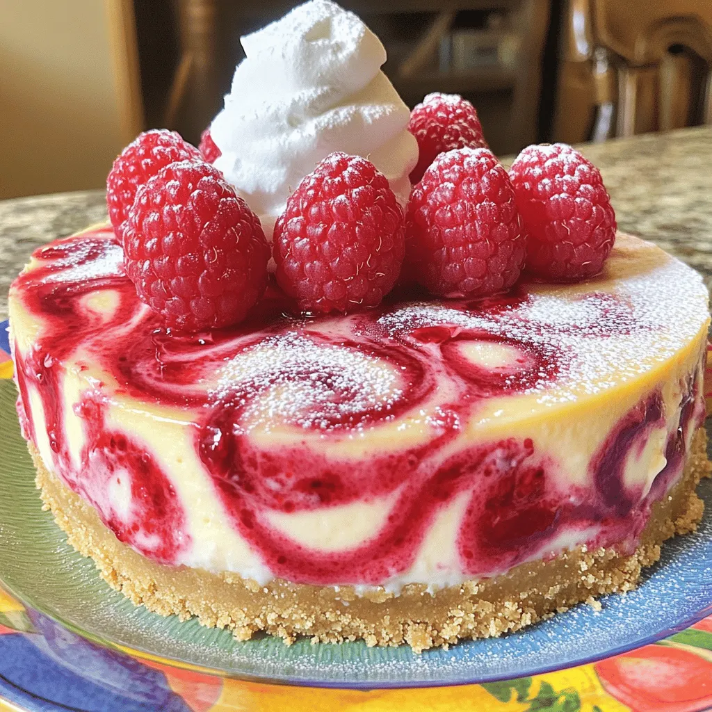 - 1 ½ cups graham cracker crumbs - ½ cup unsalted butter, melted - 2 tablespoons sugar - 16 oz cream cheese, softened - ¾ cup sugar - 3 large eggs - 1 teaspoon vanilla extract - 1 cup sour cream - 1 cup fresh raspberries - 2 tablespoons raspberry jam To get the best results, measure your ingredients carefully. Use a kitchen scale for precise amounts. For graham cracker crumbs, crush them finely for a smooth crust. When measuring butter, use a liquid measuring cup. If you need to substitute, you can use low-fat cream cheese or coconut cream, but the texture may change. When choosing cream cheese, opt for full-fat varieties. They provide a rich taste and creamy texture. For raspberries, fresh is best. Look for ripe, plump berries. If using frozen raspberries, thaw them first. This will help maintain the swirl's quality in your cheesecake. To start, preheat your oven to 325°F (160°C). This is important for even baking. Next, grab a 9-inch springform pan. Grease it well with non-stick cooking spray. This will help the cheesecake come out easily later. In a mixing bowl, combine 1 ½ cups of graham cracker crumbs, ½ cup melted unsalted butter, and 2 tablespoons of sugar. Mix until everything is well combined. Then, press this mixture firmly into the bottom of the greased springform pan. Bake your crust for 10 minutes, then take it out and let it cool. In a large bowl, beat 16 oz of softened cream cheese and ¾ cup of sugar. Use an electric mixer on medium speed. Mix until it is smooth and creamy, which takes about 3-4 minutes. Then, add 3 large eggs, one at a time. Mix well after each egg. Add 1 teaspoon of vanilla extract and 1 cup of sour cream. Mix until everything is just combined. In a small saucepan over low heat, combine 1 cup of fresh raspberries and 2 tablespoons of raspberry jam. Cook this mixture for about 3-4 minutes. The raspberries will break down and create a nice thick sauce. After cooking, remove it from heat and allow it to cool slightly. Pour half of the cheesecake batter over the cooled crust. Then, drop spoonfuls of the raspberry sauce over the filling. Pour the rest of the cheesecake batter on top. Use a knife to gently swirl the raspberry sauce into the cheesecake. Bake for 55-60 minutes. The center should be set but slightly jiggly. Turn off the oven and crack the door open. Let the cheesecake cool in the oven for about an hour. After cooling, place the cheesecake in the fridge for at least 4 hours, or better yet, overnight. This step is key for the best flavor and texture. When ready to serve, carefully remove the cheesecake from the springform pan. Slice it into wedges and enjoy! For a lovely touch, serve with fresh raspberries and a little powdered sugar. For the complete guide, check out the Full Recipe. - Overmixing the batter: Mix just until combined. Overmixing adds air and makes cracks. - Not cooling properly: Let the cheesecake cool in the oven. This helps prevent cracks. - Adjusting baking time for different ovens: Ovens vary. Check your cheesecake at 50 minutes. The center should jiggle slightly. - Tips for a creamy cheesecake: Use room temperature ingredients. This ensures a smooth mix without lumps. - Garnishing with raspberries: Place fresh raspberries on top. They make the cheesecake look bright and inviting. - Serving recommendations: Serve slices on colorful plates. Add whipped cream and extra raspberry sauce for flair. {{image_2}} You can change the fruit in your cheesecake. Try using strawberries or blueberries instead of raspberries. They will add a bright color and fresh taste. You can also mix in chocolate or caramel. Drizzling melted chocolate on top gives a rich twist. Caramel adds a sweet, buttery flavor that complements the cream cheese. If you need gluten-free options, use gluten-free graham cracker crumbs for the crust. This small change keeps the cheesecake tasty and safe for those with gluten allergies. For a vegan version, replace cream cheese with a vegan cream cheese alternative. Use a plant-based butter for the crust and flax eggs instead of regular eggs. These swaps keep the creamy texture while making it plant-based. You can make mini cheesecakes by using a muffin tin. This method creates perfect bite-sized treats that are fun to eat. Cheesecake bars are another great option. Simply spread the filling in a baking dish and cut it into squares once set. Both options are easy to share and perfect for parties. To store leftover cheesecake, wrap it tightly in plastic wrap. This keeps the air out and helps the cheesecake stay fresh. You can also place it in an airtight container. Use a container with a lid that seals well for the best results. If you want to save raspberry swirl cheesecake for later, freezing is a great option. First, let the cheesecake cool completely. Then, wrap it in plastic wrap, followed by aluminum foil. This helps prevent freezer burn. When you're ready to enjoy it, thaw the cheesecake in the fridge overnight. Serve it chilled for the best taste. In the fridge, your raspberry swirl cheesecake will stay fresh for about 5 to 7 days. Always check for signs it has gone bad. Look for a change in color, a sour smell, or mold. If you notice any of these, it's best to toss it and make a new one. You can use several options if you want a dairy-free choice. Popular alternatives include: - Silken tofu - Vegan cream cheese - Cashew cream These substitutes offer a similar texture. They may change the flavor slightly, but they still work well. Yes, you can make this cheesecake up to two days in advance. Just follow these tips: - Bake and cool the cheesecake. - Cover it tightly with plastic wrap. - Chill it in the fridge. This method helps the flavors blend nicely. The cheesecake is done when the edges look set. The center should jiggle slightly. Use an instant-read thermometer for best results. It should read 150°F (65°C). Yes, you can use frozen raspberries. They may change the texture a bit. The flavor will be less bright but still delicious. Just thaw and drain excess moisture before using. If you lack a springform pan, use a regular cake pan. Just line it with parchment paper. This makes it easy to remove. You can also use muffin tins for mini cheesecakes. Yes, raspberry swirl cheesecake can be made gluten-free. Use gluten-free graham crackers or almond flour for the crust. Always check labels to ensure all ingredients are safe. Chill the cheesecake for at least four hours. For best results, leave it overnight. This allows the flavors to develop and the texture to firm up. For the full recipe, check the details. This post walked you through making a delicious raspberry swirl cheesecake. You learned about key ingredients, measuring tips, and the best types of raspberries. The step-by-step instructions made the process clear, from preparing your pan to creating a stunning swirl. We also covered ways to avoid common mistakes and tips for the perfect texture. Now you’re ready to enjoy this tasty dessert. Create your version, impress your friends, and savor every bite!