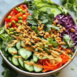 - 4 cups mixed salad greens (such as romaine and spinach) - 1 cup shredded red cabbage - 1 cup shredded carrots - 1 bell pepper (red or yellow), sliced - 1 cucumber, thinly sliced - 1 cup edamame, shelled (cooked if using frozen) - 1/2 cup fresh cilantro, chopped In this Crunchy Thai Peanut Salad, fresh ingredients shine. The mixed greens provide a crisp base. Shredded red cabbage adds color and crunch. Shredded carrots bring a touch of sweetness. The bell pepper adds a slight bite, while cucumber adds coolness. Edamame boosts protein, making the salad filling. Fresh cilantro ties everything together with its bright flavor. - 3 tablespoons peanut butter - 2 tablespoons soy sauce - 1 tablespoon honey or agave syrup - 1 tablespoon rice vinegar - 1 tablespoon sesame oil - 1 teaspoon grated ginger - 1 clove garlic, minced - 1 tablespoon lime juice The dressing transforms this salad into a gourmet dish. Peanut butter gives it a creamy texture. Soy sauce adds umami depth. Honey or agave syrup brings a hint of sweetness. Rice vinegar and lime juice add tang. Sesame oil gives a nutty flavor, while ginger and garlic add warmth. - 1/2 cup roasted peanuts, chopped - Additional cilantro Toppings enhance both the taste and texture. Roasted peanuts provide crunch and richness. Extra cilantro brightens the dish, making it even more fresh. You can play with these toppings as you like. For a nut-free version, skip the peanuts. The salad will still be delicious! For the full recipe, check out the details above. Enjoy making this vibrant salad! To start, gather all fresh ingredients. You need mixed salad greens, shredded cabbage, carrots, bell pepper, cucumber, edamame, and cilantro. In a large salad bowl, combine these ingredients. Toss them gently to mix well. For even distribution, ensure you cut the veggies into similar sizes. This helps everyone enjoy a bit of everything in each bite. Also, use a large bowl. It gives you more space to toss the salad without spilling. Next, let’s make the dressing. In a small bowl, add peanut butter, soy sauce, honey or agave syrup, rice vinegar, sesame oil, grated ginger, minced garlic, and lime juice. Whisk these together until smooth. When whisking, start slowly. This helps combine the peanut butter with the other ingredients. If the dressing is too thick, add a little water. Taste it to see if you want more sweetness or salt. Adjust it to fit your taste. Now it’s time to combine the salad and dressing. Drizzle the dressing over the salad. Use a large spoon to toss everything together gently. You want all the ingredients to be coated evenly. For serving, you can use large bowls or plates. Garnish with extra cilantro and a few whole peanuts on top. This makes the dish look colorful and inviting. Enjoy the crunchy, fresh flavors! For the full recipe, check out the detailed instructions above. Fresh ingredients are key to a great Crunchy Thai Peanut Salad. The greens should be crisp and vibrant. Use salad greens like romaine and spinach for a good mix of textures. Shredded cabbage and carrots also add a nice crunch. For peanuts, I suggest using roasted, unsalted peanuts. They give a great flavor and texture. If you want an extra kick, try spicy peanuts. If you have leftover dressing, store it in an airtight container. Keep it in the fridge for up to a week. You can also use the dressing on other salads. It works well with mixed greens or even grain salads. Adding lean proteins can make this salad a full meal. Try grilled chicken, shrimp, or tofu for a boost. You can also pack in more veggies. Bell peppers, snap peas, or radishes work great. More veggies mean more crunch and nutrients! {{image_2}} For a vegetarian twist, consider using plant-based protein alternatives. You can add chickpeas or lentils for extra protein. These options are hearty and filling. If you want a nut-free dressing, try tahini instead of peanut butter. It has a creamy texture and pairs well with the salad. To make this salad more filling, add grilled chicken or shrimp. They bring a nice flavor and texture. If you want a vegetarian protein, try cubed tofu. It soaks up the dressing well and adds a great bite. If you like spice, add chili flakes for a kick. The heat balances out the creamy dressing. You can also adjust the sweetness. Use maple syrup or agave for a different taste. These small tweaks can make a big difference in flavor. For the full recipe, check out Crunchy Thai Peanut Salad. To keep your Crunchy Thai Peanut Salad fresh, store it in the fridge. Use an airtight container to prevent moisture loss. If you made extra dressing, keep it in a separate container. This keeps the salad crisp and tasty. Your salad will last about three days in the fridge. After that, the veggies might wilt. Look for signs of spoilage, like a sour smell or slimy greens. If you see these signs, it’s best to toss it out. For meal prep, use glass containers. They keep your salad fresh and let you see what’s inside. Portion your salad into single servings. This makes it easy to grab for lunch. Plus, it helps with healthy eating choices. To make this salad vegan, replace honey with agave syrup. Both serve as sweeteners. Agave syrup has a similar taste. For a dairy-free dressing, ensure your peanut butter contains no added dairy and use plant-based alternatives. Yes, you can make the dressing ahead. Store it in the fridge for up to one week. Chilling the dressing can enhance its flavors. It allows the ingredients to blend well and taste better. You can add seasonal vegetables like bell peppers or snap peas. These add color and crunch. For more nutrition, try adding chickpeas or quinoa. These ingredients boost protein and fiber content. Yes, the salad can be gluten-free. Use gluten-free soy sauce, like tamari, instead of regular soy sauce. Always check for cross-contamination when using processed foods. This ensures that your meal stays gluten-free and safe. This blog post covered how to create a Crunchy Thai Peanut Salad from fresh ingredients to dressing. You learned about mixing salad greens, making a tasty peanut dressing, and adding fun toppings. We also shared tips for crunch and storage, plus ways to customize your salad. In summary, this salad is fresh and full of flavor. Experiment with your favorite ingredients to make it unique. Enjoy a healthy meal that tastes amazing while meeting your dietary needs.