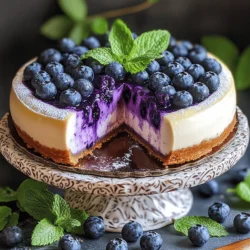 For this vegan blueberry cheesecake, you will need: - 1 ½ cups raw cashews, soaked for at least 4 hours - ½ cup coconut cream - ½ cup maple syrup - ¼ cup fresh lemon juice - 1 cup fresh or frozen blueberries (thawed if frozen) - 1 teaspoon vanilla extract - ½ teaspoon agar-agar powder (for a firmer texture) - 1 cup almond flour (for crust) - ¼ cup coconut oil, melted (for crust) - 2 tablespoons coconut sugar (for crust) - Pinch of salt Fresh blueberries add bright flavor and natural sweetness. They provide a vibrant color that makes the cheesecake appealing. These berries are packed with vitamins and antioxidants, which boost health. Using fresh blueberries enhances the overall taste and makes the cheesecake more enjoyable. If you use frozen blueberries, thaw them first. This step ensures that the texture stays creamy in the filling. If you have allergies or dietary needs, here are some substitutes: - Cashews: Use soaked sunflower seeds for a nut-free option. - Coconut cream: Swap with silken tofu for a lighter texture. - Maple syrup: Honey or agave syrup can work as sweeteners. - Almond flour: Oat flour is a good gluten-free option for the crust. - Agar-agar: You may replace it with cornstarch, but the texture may differ. Use these substitutes thoughtfully to maintain the balance of flavors and textures in your cheesecake. If you want to explore a twist, try mixing in different fruits or flavorings. Check the Full Recipe for detailed steps and enjoy making this delightful dessert! To make this vegan blueberry cheesecake, we start with the crust and then create the filling. This recipe is easy and fun. You can mix the crust in a bowl and blend the filling in a blender. Be ready to enjoy this delicious treat! First, gather all your crust ingredients. You will need: - 1 cup almond flour - ¼ cup coconut oil, melted - 2 tablespoons coconut sugar - Pinch of salt In a mixing bowl, combine the almond flour, melted coconut oil, coconut sugar, and a pinch of salt. Use your hands or a spoon to mix until crumbly. Next, grease a 9-inch springform pan with a little coconut oil. Press the crust mixture evenly into the bottom of the pan. Make sure it is compact and flat. Set the crust aside while you make the filling. Now, let’s make the creamy filling. Start with these ingredients: - 1 ½ cups raw cashews, soaked for at least 4 hours - ½ cup coconut cream - ½ cup maple syrup - ¼ cup fresh lemon juice - 1 cup fresh or frozen blueberries (thawed if frozen) - 1 teaspoon vanilla extract - ½ teaspoon agar-agar powder Drain and rinse the soaked cashews. In a high-speed blender, add the cashews, coconut cream, maple syrup, lemon juice, vanilla extract, and agar-agar. Blend until the mixture is smooth and creamy. Next, gently fold in the blueberries. You can save a few for garnish later. Pour this creamy filling over the crust in the springform pan. Use a spatula to smooth the top. Now, refrigerate the cheesecake for at least 4-6 hours. If you used agar-agar, it may set faster in the freezer. Once it is set, carefully remove the springform pan. Slice and serve chilled, adding reserved blueberries on top for a beautiful finish. Enjoy your vegan blueberry cheesecake! For the full recipe, check out the complete instructions. To get that creamy, dreamy texture, soak your cashews for at least 4 hours. This step softens them, making blending easy. Use a high-speed blender for the smoothest result. If you want it firmer, add half a teaspoon of agar-agar powder. This keeps your cheesecake from being too soft. Make sure to blend until the mixture is silky. I love serving this cheesecake chilled. It tastes best after a few hours in the fridge. You can garnish it with fresh blueberries, mint leaves, or a drizzle of maple syrup. For a fun twist, try serving it on a colorful cake stand. This makes it look inviting and special. If your cheesecake is too soft, check the soaking time of your cashews. They should be soaked well. If it doesn’t set properly, you can try increasing the agar-agar. If the crust crumbles, ensure you mix the crust ingredients well. Press the crust firmly into the pan for a solid base. Follow the Full Recipe for precise steps and enjoy your baking journey! {{image_2}} You can change the fruit in this vegan blueberry cheesecake. Try using raspberries, strawberries, or blackberries. Each fruit gives a unique taste. Cherries also work well if you want something sweet and tart. Just make sure to adjust the sugar if your fruit is very sweet. You can even mix fruits for a fun blend! If you need a gluten-free option, the crust is easy to change. Use almond flour like in the recipe. You can also try oat flour or ground nuts. These options create a tasty base. Just remember to check any labels to ensure they are gluten-free. This way, everyone can enjoy your cheesecake! Add fun flavors to your cheesecake. Try mixing in some lemon zest or orange zest for a citrusy kick. You can also use almond extract instead of vanilla for a nutty taste. If you love chocolate, fold in some cacao powder. This gives a rich flavor and a nice color to your dessert. Experimenting with flavors can make your cheesecake even more exciting! Store leftover vegan blueberry cheesecake in an airtight container. Place it in the fridge. This keeps your cheesecake fresh for up to five days. Make sure to cover the top to avoid drying out. If you want to save space, slice it into pieces before storing. You can freeze vegan blueberry cheesecake for up to three months. Wrap it tightly in plastic wrap first. Then place it in a freezer bag or container. This helps prevent freezer burn. When ready to eat, let it thaw in the fridge overnight for the best texture. To thaw, simply move the cheesecake from the freezer to the fridge. Let it sit overnight. This keeps it creamy and delicious. Avoid using a microwave to thaw, as it can change the texture. If you need it fast, let it sit at room temperature for about 30 minutes. Enjoy your cheesecake cold for the best flavor! Yes, you can make this cheesecake nut-free. Instead of cashews, use silken tofu for the filling. This will give a creamy texture without nuts. Blend it just like you would with cashews. The taste may change a bit, but it will still be delicious. You can also try sunflower seeds as a nut-free option. Just soak them first to soften. The cheesecake lasts about 5 days in the fridge. Store it in an airtight container to keep it fresh. If you want to enjoy it later, you can freeze it. Just wrap it tightly and it will stay good for up to 3 months. Thaw it in the fridge before serving. Agar-agar is a plant-based gelling agent. It helps the cheesecake set and gives it firmness. If you don’t have agar-agar, you can use cornstarch instead. Just mix 2 tablespoons of cornstarch with a little water to create a slurry. Add it to the filling while blending. However, agar-agar gives a better texture for this cheesecake. For the best results, I recommend using agar-agar. For the full recipe, check out the Vegan Blueberry Bliss Cheesecake! This blog post covered making a delicious vegan blueberry cheesecake. We discussed key ingredients, the importance of fresh blueberries, and good substitutes. You learned step-by-step how to prepare the crust and filling. We shared tips for the perfect texture and serving ideas. Variations allow you to customize this dessert with different fruits and gluten-free options. We also explored proper storage and answered common questions. With this guide, you can create a tasty treat that everyone will love. Enjoy your cheesecake adventure!