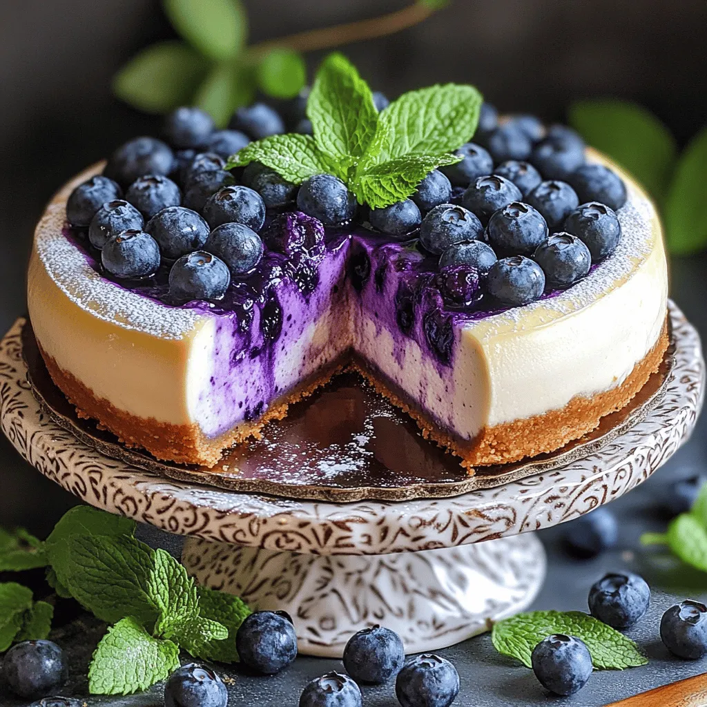 For this vegan blueberry cheesecake, you will need: - 1 ½ cups raw cashews, soaked for at least 4 hours - ½ cup coconut cream - ½ cup maple syrup - ¼ cup fresh lemon juice - 1 cup fresh or frozen blueberries (thawed if frozen) - 1 teaspoon vanilla extract - ½ teaspoon agar-agar powder (for a firmer texture) - 1 cup almond flour (for crust) - ¼ cup coconut oil, melted (for crust) - 2 tablespoons coconut sugar (for crust) - Pinch of salt Fresh blueberries add bright flavor and natural sweetness. They provide a vibrant color that makes the cheesecake appealing. These berries are packed with vitamins and antioxidants, which boost health. Using fresh blueberries enhances the overall taste and makes the cheesecake more enjoyable. If you use frozen blueberries, thaw them first. This step ensures that the texture stays creamy in the filling. If you have allergies or dietary needs, here are some substitutes: - Cashews: Use soaked sunflower seeds for a nut-free option. - Coconut cream: Swap with silken tofu for a lighter texture. - Maple syrup: Honey or agave syrup can work as sweeteners. - Almond flour: Oat flour is a good gluten-free option for the crust. - Agar-agar: You may replace it with cornstarch, but the texture may differ. Use these substitutes thoughtfully to maintain the balance of flavors and textures in your cheesecake. If you want to explore a twist, try mixing in different fruits or flavorings. Check the Full Recipe for detailed steps and enjoy making this delightful dessert! To make this vegan blueberry cheesecake, we start with the crust and then create the filling. This recipe is easy and fun. You can mix the crust in a bowl and blend the filling in a blender. Be ready to enjoy this delicious treat! First, gather all your crust ingredients. You will need: - 1 cup almond flour - ¼ cup coconut oil, melted - 2 tablespoons coconut sugar - Pinch of salt In a mixing bowl, combine the almond flour, melted coconut oil, coconut sugar, and a pinch of salt. Use your hands or a spoon to mix until crumbly. Next, grease a 9-inch springform pan with a little coconut oil. Press the crust mixture evenly into the bottom of the pan. Make sure it is compact and flat. Set the crust aside while you make the filling. Now, let’s make the creamy filling. Start with these ingredients: - 1 ½ cups raw cashews, soaked for at least 4 hours - ½ cup coconut cream - ½ cup maple syrup - ¼ cup fresh lemon juice - 1 cup fresh or frozen blueberries (thawed if frozen) - 1 teaspoon vanilla extract - ½ teaspoon agar-agar powder Drain and rinse the soaked cashews. In a high-speed blender, add the cashews, coconut cream, maple syrup, lemon juice, vanilla extract, and agar-agar. Blend until the mixture is smooth and creamy. Next, gently fold in the blueberries. You can save a few for garnish later. Pour this creamy filling over the crust in the springform pan. Use a spatula to smooth the top. Now, refrigerate the cheesecake for at least 4-6 hours. If you used agar-agar, it may set faster in the freezer. Once it is set, carefully remove the springform pan. Slice and serve chilled, adding reserved blueberries on top for a beautiful finish. Enjoy your vegan blueberry cheesecake! For the full recipe, check out the complete instructions. To get that creamy, dreamy texture, soak your cashews for at least 4 hours. This step softens them, making blending easy. Use a high-speed blender for the smoothest result. If you want it firmer, add half a teaspoon of agar-agar powder. This keeps your cheesecake from being too soft. Make sure to blend until the mixture is silky. I love serving this cheesecake chilled. It tastes best after a few hours in the fridge. You can garnish it with fresh blueberries, mint leaves, or a drizzle of maple syrup. For a fun twist, try serving it on a colorful cake stand. This makes it look inviting and special. If your cheesecake is too soft, check the soaking time of your cashews. They should be soaked well. If it doesn’t set properly, you can try increasing the agar-agar. If the crust crumbles, ensure you mix the crust ingredients well. Press the crust firmly into the pan for a solid base. Follow the Full Recipe for precise steps and enjoy your baking journey! {{image_2}} You can change the fruit in this vegan blueberry cheesecake. Try using raspberries, strawberries, or blackberries. Each fruit gives a unique taste. Cherries also work well if you want something sweet and tart. Just make sure to adjust the sugar if your fruit is very sweet. You can even mix fruits for a fun blend! If you need a gluten-free option, the crust is easy to change. Use almond flour like in the recipe. You can also try oat flour or ground nuts. These options create a tasty base. Just remember to check any labels to ensure they are gluten-free. This way, everyone can enjoy your cheesecake! Add fun flavors to your cheesecake. Try mixing in some lemon zest or orange zest for a citrusy kick. You can also use almond extract instead of vanilla for a nutty taste. If you love chocolate, fold in some cacao powder. This gives a rich flavor and a nice color to your dessert. Experimenting with flavors can make your cheesecake even more exciting! Store leftover vegan blueberry cheesecake in an airtight container. Place it in the fridge. This keeps your cheesecake fresh for up to five days. Make sure to cover the top to avoid drying out. If you want to save space, slice it into pieces before storing. You can freeze vegan blueberry cheesecake for up to three months. Wrap it tightly in plastic wrap first. Then place it in a freezer bag or container. This helps prevent freezer burn. When ready to eat, let it thaw in the fridge overnight for the best texture. To thaw, simply move the cheesecake from the freezer to the fridge. Let it sit overnight. This keeps it creamy and delicious. Avoid using a microwave to thaw, as it can change the texture. If you need it fast, let it sit at room temperature for about 30 minutes. Enjoy your cheesecake cold for the best flavor! Yes, you can make this cheesecake nut-free. Instead of cashews, use silken tofu for the filling. This will give a creamy texture without nuts. Blend it just like you would with cashews. The taste may change a bit, but it will still be delicious. You can also try sunflower seeds as a nut-free option. Just soak them first to soften. The cheesecake lasts about 5 days in the fridge. Store it in an airtight container to keep it fresh. If you want to enjoy it later, you can freeze it. Just wrap it tightly and it will stay good for up to 3 months. Thaw it in the fridge before serving. Agar-agar is a plant-based gelling agent. It helps the cheesecake set and gives it firmness. If you don’t have agar-agar, you can use cornstarch instead. Just mix 2 tablespoons of cornstarch with a little water to create a slurry. Add it to the filling while blending. However, agar-agar gives a better texture for this cheesecake. For the best results, I recommend using agar-agar. For the full recipe, check out the Vegan Blueberry Bliss Cheesecake! This blog post covered making a delicious vegan blueberry cheesecake. We discussed key ingredients, the importance of fresh blueberries, and good substitutes. You learned step-by-step how to prepare the crust and filling. We shared tips for the perfect texture and serving ideas. Variations allow you to customize this dessert with different fruits and gluten-free options. We also explored proper storage and answered common questions. With this guide, you can create a tasty treat that everyone will love. Enjoy your cheesecake adventure!