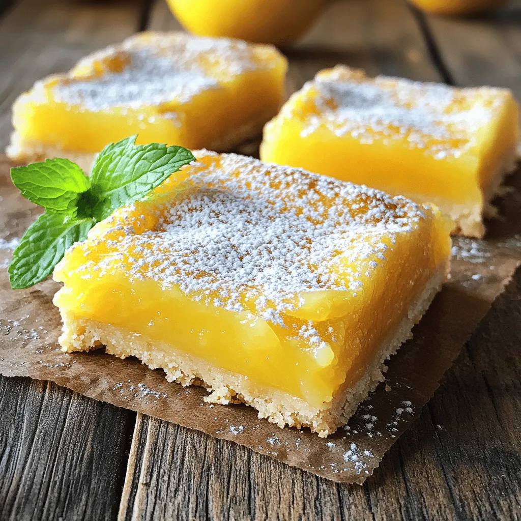 To make zesty lemon bars, you need the following ingredients: - 1 cup all-purpose flour - 1/2 cup powdered sugar (plus extra for dusting) - 1/4 teaspoon salt - 1/2 cup unsalted butter, softened - 2 large eggs - 1 cup granulated sugar - 1/4 cup fresh lemon juice - Zest of 1 lemon - 1/2 teaspoon baking powder - 1 teaspoon vanilla extract When measuring flour, use a spoon to scoop it into your cup. This way, you avoid packing it down. If you do not have powdered sugar, you can make your own by blending granulated sugar until fine. For a dairy-free option, use vegan butter instead of unsalted butter. If you can't find fresh lemons, bottled lemon juice works too. However, fresh juice gives the best flavor. You can also swap out the all-purpose flour with gluten-free flour if you want a gluten-free version. To make your lemon bars look beautiful, try these garnishes: - Fresh mint leaves on top - Thin lemon slices - A sprinkle of extra powdered sugar for sweetness These little touches make your dessert more appealing and fun to enjoy. Start by preheating your oven to 350°F (175°C). Grease a 9x9 inch baking dish or line it with parchment paper. In a mixing bowl, combine 1 cup of all-purpose flour, 1/2 cup of powdered sugar, and 1/4 teaspoon of salt. Next, add in 1/2 cup of softened unsalted butter. Mix until it looks crumbly. Press this mixture firmly into the bottom of your baking dish to form the crust. Bake it in the oven for 15-20 minutes until it turns lightly golden. After baking, take it out and let it cool a bit. In another bowl, whisk together 2 large eggs, 1 cup of granulated sugar, 1/4 cup of fresh lemon juice, the zest of 1 lemon, 1/2 teaspoon of baking powder, and 1 teaspoon of vanilla extract. Make sure everything blends well and is smooth. Pour this lemon filling over the cooled crust. Spread it out evenly so every bite is tasty. After pouring in the filling, return the dish to the oven. Bake for 20-25 minutes. You’ll know it’s ready when the filling sets, and a toothpick comes out clean when you poke it. Once done, take the lemon bars out of the oven and let them cool completely in the pan on a wire rack. For a sweet touch, dust the top with powdered sugar before cutting them into squares. Enjoy your zesty lemon bars with a refreshing drink! For the complete recipe, check out the Full Recipe. To get that bright lemon taste, use fresh lemons. The zest adds a burst of flavor. Grate the lemon skin lightly, avoiding the white part. This part is bitter. You want the yellow zest only. When you mix the lemon juice with the zest, it makes a strong base. For an extra kick, add a pinch of salt to your filling. This enhances the zestiness. One big mistake is overbaking the bars. Keep an eye on them in the oven. They should be set but still slightly jiggly in the center. If you bake them too long, they can become dry. Another common error is using bottled lemon juice. Fresh juice gives a brighter taste. Always measure your ingredients carefully. Too much sugar can make the bars too sweet. Serve these lemon bars chilled for the best taste. Cut them into squares for easy serving. Dust the top with powdered sugar for a sweet look. You can also add a mint leaf on top for color. Enjoy them with tea or coffee. They make a great dessert after dinner or a treat for lunch. For a fun twist, pair them with whipped cream or vanilla ice cream. For the full recipe, check out the details above. Enjoy your baking! {{image_2}} To make gluten-free lemon bars, swap the all-purpose flour for a gluten-free blend. You can use a one-to-one mix available at most stores. Ensure that your baking powder is gluten-free too. This change keeps the texture light and tasty. Your friends and family won't even notice the difference! For vegan lemon bars, replace the eggs with flaxseed meal. Mix one tablespoon of flaxseed meal with three tablespoons of water. Let it sit for a few minutes until it thickens. Use coconut oil instead of butter for a delicious taste. This version still packs a zesty punch and is kinder to the planet. You can add fun flavors to your lemon bars. Mix in some fresh berries like raspberries or blueberries for a fruity twist. A touch of ginger adds a warm spice that pairs well with lemon. For a tropical vibe, try coconut flakes on top. These enhancements make each bite even more exciting! For the full recipe, check out the earlier section. To keep your zesty lemon bars fresh, place them in an airtight container. This helps keep them moist and flavorful. You can store them at room temperature for up to three days. If you want to keep them longer, refrigerate them for up to a week. Just make sure to cover them well. You can freeze zesty lemon bars if you want to save some for later. First, let them cool completely. Then, cut them into squares. Wrap each square tightly in plastic wrap. Next, place the wrapped squares in a freezer-safe bag or container. They can last in the freezer for up to three months. When you want to enjoy them, just thaw in the fridge overnight. If you want to warm up your lemon bars, it's easy! Preheat your oven to 300°F (150°C). Place the bars on a baking sheet. Heat for about 10-15 minutes or until they're warm. You can also microwave them for about 10-15 seconds. Just be careful not to overheat them, or they may lose their texture. Enjoy them warm or chilled! For the full recipe, check out the earlier section. You can tell lemon bars are done when the center is set. The edges will look firm, and the top should not jiggle. A toothpick inserted in the center should come out clean. If it comes out sticky, bake a bit longer. Keep an eye on them! Yes, you can make lemon bars a day ahead. Just let them cool completely, then cover them with plastic wrap. This keeps them fresh. Store them in the fridge until ready to serve. The flavors will even get better! If you don’t have fresh lemon juice, you can use bottled juice. Just make sure it’s pure lemon juice. You can also try lime juice for a twist. Adjust the amount to your taste. Using zest from other citrus fruits can also add nice flavor! Check out the Full Recipe for more details on making these delicious treats! To sum up, we explored the key ingredients and steps to make delicious lemon bars. We learned about measurements, optional garnishes, and baking tips to get them just right. I shared common mistakes and how to enhance flavors. You also discovered various options, like gluten-free and vegan versions. Remember to store them well and reheating tips for the best taste. With these insights, you're ready to create your own zesty lemon bars that everyone will love. Enjoy your baking journey!