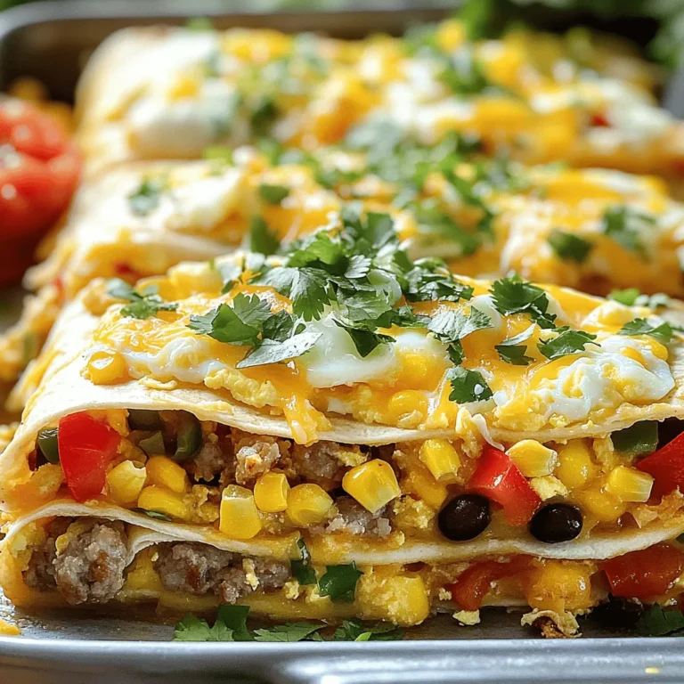 - 6 large flour tortillas - 1 pound breakfast sausage (or a plant-based alternative) - 1 bell pepper, diced (any color) - 1 small onion, diced - 1 cup corn (fresh or frozen) - 1 can (15 oz) black beans, drained and rinsed - 8 large eggs - 1 cup milk (or plant-based milk) - 2 cups shredded cheddar cheese - 1 teaspoon cumin - 1 teaspoon chili powder - Salt and pepper to taste - Fresh cilantro, chopped (for garnish) - Salsa (for serving) Gathering the right ingredients is key to making a great Breakfast Burrito Casserole. You start with the main ingredients, where the tortillas form the base. Breakfast sausage adds a hearty flavor, but feel free to swap it for a plant-based version. Bell peppers and onions bring color and crunch. Corn and black beans add sweetness and protein. Next, you need eggs and milk to bind everything together. Shredded cheddar cheese melts beautifully, giving that rich taste we all love. Cumin and chili powder add warmth and spice, while salt and pepper round it out. For garnishing, fresh cilantro adds a burst of freshness. Don't forget the salsa to bring some zing to each bite! Check out the Full Recipe for more details on making this delicious dish. - Preheat your oven to 350°F (175°C). - Brown the breakfast sausage in a skillet and crumble as it cooks. - Add diced bell pepper, onion, corn, and black beans; sauté briefly. First, you need to preheat your oven. This step helps cook the casserole evenly. While it heats, brown the sausage in a large skillet. Use medium heat. Crumble the sausage as it cooks. This process adds flavor and texture. Next, add the diced bell pepper and onion. Sauté these for about 3-4 minutes. This softens them and boosts the taste. Now, stir in the corn and black beans. Cook for another 2 minutes. Season with cumin, chili powder, salt, and pepper. Once done, set this mixture aside. - Layer tortillas in the baking dish and add the sausage mixture. - Pour the combined egg and milk mixture over the layers. - Repeat the layers until all ingredients are used. Now, grab a 9x13 inch baking dish. Spray it with non-stick spray. Start by layering two tortillas at the bottom. Overlap them slightly for full coverage. Spread half of the sausage mixture over the tortillas. Next, take your egg and milk mixture. Whisk these together until smooth. Pour half of it over the sausage layer. Sprinkle one cup of shredded cheese on top. Repeat this layering process with the remaining tortillas, sausage, egg mixture, and cheese. Finish with a final layer of tortillas to cover everything. - Cover and bake for 30-35 minutes. - Allow to cool briefly, then slice and garnish with cilantro. Cover the baking dish with foil. This keeps the casserole moist while baking. Bake it in the preheated oven for 30-35 minutes. Check if the casserole is set in the middle and golden on top. After baking, take the casserole out and let it cool for a few minutes. This makes slicing easier. Finally, garnish each slice with fresh cilantro before serving. You can find the full recipe [here](#). Enjoy your delicious breakfast burrito casserole! - Ensure even browning of sausage by stirring frequently. - Use a non-stick spray generously to prevent sticking. - Allow the casserole to rest after baking for easier slicing. Cooking this Breakfast Burrito Casserole is fun and simple. I always make sure my sausage gets nice and brown. Stirring it often helps. This way, I get that rich flavor and good texture. Using a non-stick spray is key too. I spray my baking dish well to keep everything from sticking. After baking, I let the casserole rest for a few minutes. This step makes slicing easier and keeps it from falling apart. Trust me, you’ll appreciate this tip when serving! - Substitute sausage with turkey, chicken, or a plant-based option. - Add more veggies like spinach or mushrooms for added nutrition. - Experiment with cheese types like pepper jack for heat. I love to mix things up with my casseroles. You can swap sausage for turkey or chicken if you want. If you prefer plant-based options, that works too! Adding extra veggies like spinach or mushrooms boosts the nutrition and flavor. Don’t forget about cheese! I often use pepper jack for a spicy kick. It really makes the casserole pop with flavor! - Serve with additional salsa on the side. - Pair with avocado slices for a creamy touch. - Offer fresh fruit as a light side dish. When it’s time to serve, I always have extra salsa on the side. It adds a nice zing to each bite. I also like to offer avocado slices. They bring a creamy texture that complements the casserole. For a light side, fresh fruit is perfect. It balances the rich flavors of the casserole and adds a nice crunch. Enjoy the dish! For the full recipe, check out the links provided. {{image_2}} For a tasty vegetarian option, swap out the meat. Use black beans and a mix of colorful vegetables. You can add diced zucchini, spinach, or mushrooms for extra flavor and nutrition. If you want a fluffy texture instead of eggs, consider using tofu scramble. This will keep the dish light and packed with protein. If you need a gluten-free meal, it’s easy to adapt. Simply replace flour tortillas with corn tortillas. Make sure to check that all other ingredients, like sausage or cheese, are certified gluten-free. This keeps your dish safe and delicious for everyone. Want to kick up the flavor? Try adding chorizo for a spicy twist. It adds a rich taste that pairs well with the other ingredients. You can also toss in jalapeños for extra heat in the sausage mixture. This will give your casserole a bold and exciting flavor. For the full recipe, check out the [Full Recipe]. Store leftovers in an airtight container for up to 3 days. This keeps the dish fresh. For the best taste, reheat it in the oven. If you need a quick fix, the microwave works too. You can freeze the unbaked casserole for up to 3 months. This is great for meal prep! Just make sure to wrap it well. When you are ready, thaw it overnight in the refrigerator before baking. To reheat, bake in a preheated oven at 350°F (175°C) until heated through. This helps keep the texture nice. For quick reheating, microwave individual portions. This way, you can enjoy your delicious breakfast burrito casserole anytime! - Yes, prepare the casserole up to the baking step and refrigerate overnight. It saves time in the morning, and flavors blend overnight. - You can use a flaxseed mixture or commercial egg replacers for a vegan option. Mix 1 tablespoon of ground flaxseeds with 3 tablespoons of water for each egg. Let it sit until it thickens. - The casserole should be set in the center and golden brown on top. A knife inserted should come out clean. This shows it's fully cooked. - This recipe serves approximately 8 people when sliced into portions. It's great for family brunches or meal prep for the week. - Absolutely! Consider adding chili flakes or hot sauce to the egg mixture for more heat. You can also mix in jalapeños for extra flavor. This Breakfast Burrito Casserole combines key ingredients for a tasty dish. You start with savory sausage, fresh veggies, and eggs. Layer everything with tortillas and bake to perfection. Remember, customize it with your favorite spices or veggies. You can even make a gluten-free or vegetarian version. Leftovers store well and reheat easily. Enjoy making this fun casserole, and share it with friends!