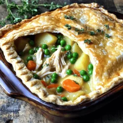- 2 cups cooked chicken, shredded - 1 cup carrots, diced - 1 cup frozen peas - 1 cup potatoes, diced - 1/2 cup onion, chopped - 2 cloves garlic, minced - 3 tablespoons butter - 1/4 cup all-purpose flour - 2 cups chicken broth - 1/2 teaspoon dried thyme - 1/2 teaspoon dried rosemary - Salt and pepper to taste - 1 package (2 sheets) refrigerated pie crusts - 1 egg, beaten (for egg wash) When making chicken pot pie, these ingredients work magic together. Each item adds flavor and texture. I love using cooked chicken because it makes the dish hearty. The veggies—carrots, peas, and potatoes—bring a nice crunch and color. The butter and flour are my secret to a thick filling. They give the dish its creamy feel. Chicken broth adds warmth and depth. The herbs, thyme and rosemary, infuse a lovely aroma. I never skip the egg wash. It gives the crust a beautiful golden finish. Using refrigerated pie crusts saves time. You can find them in most stores. For the full recipe, check the complete guide. You'll see how easy it is to create this classic dish! - Start by melting butter in a large skillet over medium heat. - Sauté chopped onions and minced garlic until the onions turn soft, about 3-4 minutes. - Next, add diced carrots and potatoes to the skillet. Cook them for 5 minutes until they are slightly soft. - Now, stir in shredded chicken, frozen peas, thyme, rosemary, salt, and pepper. Cook this mixture for 2 more minutes. - Sprinkle flour over the chicken and vegetables. Stir it well to mix. Slowly add chicken broth while stirring until it thickens, about 3-5 minutes. Remove from heat. - Roll out one pie crust and lay it in a 9-inch pie plate. - Pour the chicken filling into the pie crust, spreading it evenly. - Roll out the second pie crust and cover the filling. Crimp the edges to seal. Cut slits in the top crust to let steam escape. - Brush the top with beaten egg for a nice golden color. - Preheat your oven to 425°F (220°C). - Bake the pot pie for 30-35 minutes or until the crust is golden brown and flaky. - Let the pot pie cool for 10 minutes before slicing. - Serve it directly in the dish, garnished with fresh herbs like parsley or thyme. A simple green salad pairs well with the pot pie. This step-by-step guide makes cooking classic chicken pot pie a breeze. For the full recipe, check the section above! A flaky crust makes the pot pie great. To ensure this, keep your butter cold. Use cold water when mixing the dough. This helps create layers that puff up when baked. If you want a shiny finish, use an egg wash. Brush a beaten egg on top before baking. This gives your crust a beautiful golden color. Herbs and spices add depth to your filling. I love using thyme and rosemary for a warm taste. You can also try adding a pinch of garlic powder or paprika. For the best flavor, use homemade chicken broth. It has more taste than store-bought options. This small change can make a big difference in your dish. Choose a sturdy pan for baking. A glass or ceramic pie dish works well. These pans help brown the crust evenly. To avoid a soggy crust, avoid overfilling the pie. Make sure to cut slits in the top crust for steam to escape. This keeps the filling from getting too wet. Follow these tips for a perfect chicken pot pie. You can find the full recipe [here](#). {{image_2}} You can switch up the chicken in your pot pie. Use turkey if you have leftovers. It tastes great and saves food. For a veggie option, try using mushrooms or lentils. These add a nice texture and flavor. You can make a filling meal without meat. Just add your favorite herbs to boost the taste. Change the veggies to match the season. In spring, use fresh peas and asparagus. In fall, add squash and carrots for warmth. You can use frozen vegetables too. They save time and are easy to keep. Just make sure to thaw them before cooking. This keeps the filling from getting too watery. Want to try something new with the crust? You can use biscuits instead of pie dough. They create a fluffy, soft top. Puff pastry is another option. It gives a flaky and airy finish. If you need a gluten-free option, there are many great mixes. You can find them at most stores. Just follow the directions on the package for best results. For more details on making the perfect pot pie, check out the Full Recipe. - Refrigeration guidelines: Let your chicken pot pie cool completely. Cover it with plastic wrap or foil. Store it in the fridge for up to 3 days. - Freezing tips: For longer storage, wrap the cooled pie tightly in plastic wrap and then in foil. You can freeze it for up to 3 months. To reheat, thaw it in the fridge overnight. - Oven vs. microwave reheating: The oven works best for reheating. Preheat your oven to 350°F (175°C). Bake the pie for 20-30 minutes until hot. The microwave is quicker but may make the crust soggy. - Keeping the crust crispy: If you use the microwave, place a paper towel under the pie. This helps absorb moisture. For best results, stick with the oven to keep that crust flaky and crispy. Classic chicken pot pie lasts about 3 to 4 days in the fridge. Store it in an airtight container. This keeps it fresh and safe to eat. Be sure to let it cool first. If it smells off or looks bad, throw it away. Yes, you can make this pot pie ahead of time. Prepare the filling and assemble the pie. Cover it well and store it in the fridge for up to 24 hours. When ready, just bake it as usual. For longer storage, freeze it before baking. It can last up to 2 months in the freezer. Chicken pot pie pairs well with many sides. Here are some ideas: - A simple green salad - Steamed vegetables like broccoli or green beans - Mashed potatoes for extra comfort - A light soup to start your meal You can tell the pot pie is done when the crust is golden brown. The filling should bubble slightly at the edges. Use a knife to check the center; it should be hot. Let it cool for about 10 minutes before slicing. This helps the filling set. Enjoy the comforting flavors! This blog post covered how to make a delicious chicken pot pie. You learned about the main and additional ingredients needed. We discussed easy steps for preparing the filling and assembling the pot pie. I shared tips to perfect the crust and enhance the flavor. You also saw variations, storage info, and common questions. Making your own pot pie is fun and rewarding. It’s a comforting dish that you can enjoy with loved ones. Now you have the tools to create a great meal! Enjoy your cooking!
