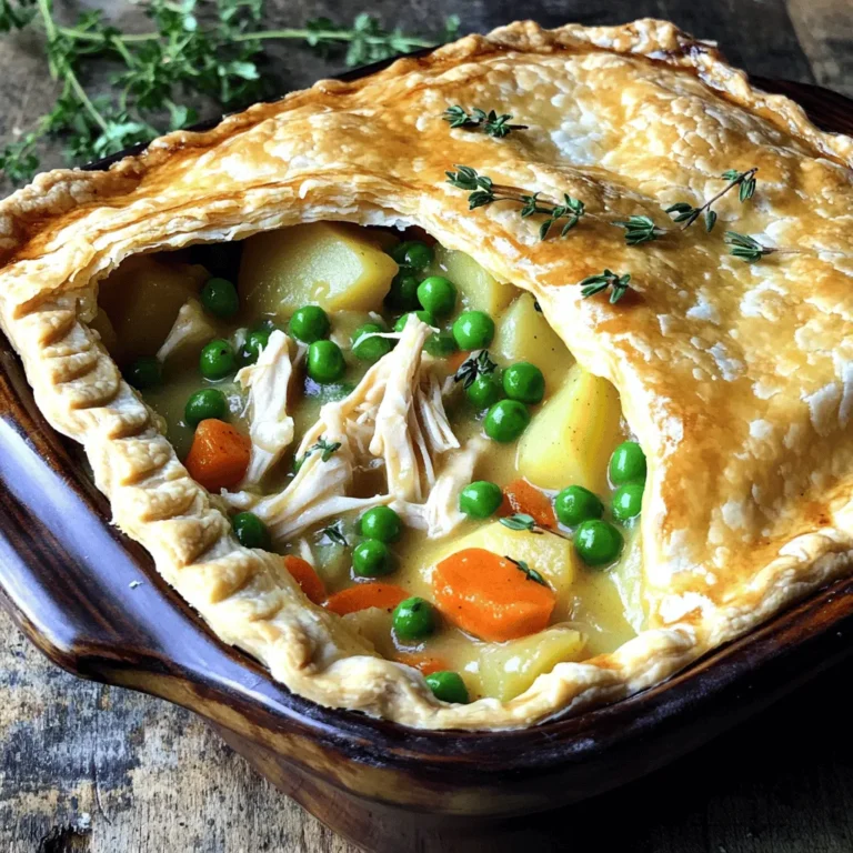- 2 cups cooked chicken, shredded - 1 cup carrots, diced - 1 cup frozen peas - 1 cup potatoes, diced - 1/2 cup onion, chopped - 2 cloves garlic, minced - 3 tablespoons butter - 1/4 cup all-purpose flour - 2 cups chicken broth - 1/2 teaspoon dried thyme - 1/2 teaspoon dried rosemary - Salt and pepper to taste - 1 package (2 sheets) refrigerated pie crusts - 1 egg, beaten (for egg wash) When making chicken pot pie, these ingredients work magic together. Each item adds flavor and texture. I love using cooked chicken because it makes the dish hearty. The veggies—carrots, peas, and potatoes—bring a nice crunch and color. The butter and flour are my secret to a thick filling. They give the dish its creamy feel. Chicken broth adds warmth and depth. The herbs, thyme and rosemary, infuse a lovely aroma. I never skip the egg wash. It gives the crust a beautiful golden finish. Using refrigerated pie crusts saves time. You can find them in most stores. For the full recipe, check the complete guide. You'll see how easy it is to create this classic dish! - Start by melting butter in a large skillet over medium heat. - Sauté chopped onions and minced garlic until the onions turn soft, about 3-4 minutes. - Next, add diced carrots and potatoes to the skillet. Cook them for 5 minutes until they are slightly soft. - Now, stir in shredded chicken, frozen peas, thyme, rosemary, salt, and pepper. Cook this mixture for 2 more minutes. - Sprinkle flour over the chicken and vegetables. Stir it well to mix. Slowly add chicken broth while stirring until it thickens, about 3-5 minutes. Remove from heat. - Roll out one pie crust and lay it in a 9-inch pie plate. - Pour the chicken filling into the pie crust, spreading it evenly. - Roll out the second pie crust and cover the filling. Crimp the edges to seal. Cut slits in the top crust to let steam escape. - Brush the top with beaten egg for a nice golden color. - Preheat your oven to 425°F (220°C). - Bake the pot pie for 30-35 minutes or until the crust is golden brown and flaky. - Let the pot pie cool for 10 minutes before slicing. - Serve it directly in the dish, garnished with fresh herbs like parsley or thyme. A simple green salad pairs well with the pot pie. This step-by-step guide makes cooking classic chicken pot pie a breeze. For the full recipe, check the section above! A flaky crust makes the pot pie great. To ensure this, keep your butter cold. Use cold water when mixing the dough. This helps create layers that puff up when baked. If you want a shiny finish, use an egg wash. Brush a beaten egg on top before baking. This gives your crust a beautiful golden color. Herbs and spices add depth to your filling. I love using thyme and rosemary for a warm taste. You can also try adding a pinch of garlic powder or paprika. For the best flavor, use homemade chicken broth. It has more taste than store-bought options. This small change can make a big difference in your dish. Choose a sturdy pan for baking. A glass or ceramic pie dish works well. These pans help brown the crust evenly. To avoid a soggy crust, avoid overfilling the pie. Make sure to cut slits in the top crust for steam to escape. This keeps the filling from getting too wet. Follow these tips for a perfect chicken pot pie. You can find the full recipe [here](#). {{image_2}} You can switch up the chicken in your pot pie. Use turkey if you have leftovers. It tastes great and saves food. For a veggie option, try using mushrooms or lentils. These add a nice texture and flavor. You can make a filling meal without meat. Just add your favorite herbs to boost the taste. Change the veggies to match the season. In spring, use fresh peas and asparagus. In fall, add squash and carrots for warmth. You can use frozen vegetables too. They save time and are easy to keep. Just make sure to thaw them before cooking. This keeps the filling from getting too watery. Want to try something new with the crust? You can use biscuits instead of pie dough. They create a fluffy, soft top. Puff pastry is another option. It gives a flaky and airy finish. If you need a gluten-free option, there are many great mixes. You can find them at most stores. Just follow the directions on the package for best results. For more details on making the perfect pot pie, check out the Full Recipe. - Refrigeration guidelines: Let your chicken pot pie cool completely. Cover it with plastic wrap or foil. Store it in the fridge for up to 3 days. - Freezing tips: For longer storage, wrap the cooled pie tightly in plastic wrap and then in foil. You can freeze it for up to 3 months. To reheat, thaw it in the fridge overnight. - Oven vs. microwave reheating: The oven works best for reheating. Preheat your oven to 350°F (175°C). Bake the pie for 20-30 minutes until hot. The microwave is quicker but may make the crust soggy. - Keeping the crust crispy: If you use the microwave, place a paper towel under the pie. This helps absorb moisture. For best results, stick with the oven to keep that crust flaky and crispy. Classic chicken pot pie lasts about 3 to 4 days in the fridge. Store it in an airtight container. This keeps it fresh and safe to eat. Be sure to let it cool first. If it smells off or looks bad, throw it away. Yes, you can make this pot pie ahead of time. Prepare the filling and assemble the pie. Cover it well and store it in the fridge for up to 24 hours. When ready, just bake it as usual. For longer storage, freeze it before baking. It can last up to 2 months in the freezer. Chicken pot pie pairs well with many sides. Here are some ideas: - A simple green salad - Steamed vegetables like broccoli or green beans - Mashed potatoes for extra comfort - A light soup to start your meal You can tell the pot pie is done when the crust is golden brown. The filling should bubble slightly at the edges. Use a knife to check the center; it should be hot. Let it cool for about 10 minutes before slicing. This helps the filling set. Enjoy the comforting flavors! This blog post covered how to make a delicious chicken pot pie. You learned about the main and additional ingredients needed. We discussed easy steps for preparing the filling and assembling the pot pie. I shared tips to perfect the crust and enhance the flavor. You also saw variations, storage info, and common questions. Making your own pot pie is fun and rewarding. It’s a comforting dish that you can enjoy with loved ones. Now you have the tools to create a great meal! Enjoy your cooking!
