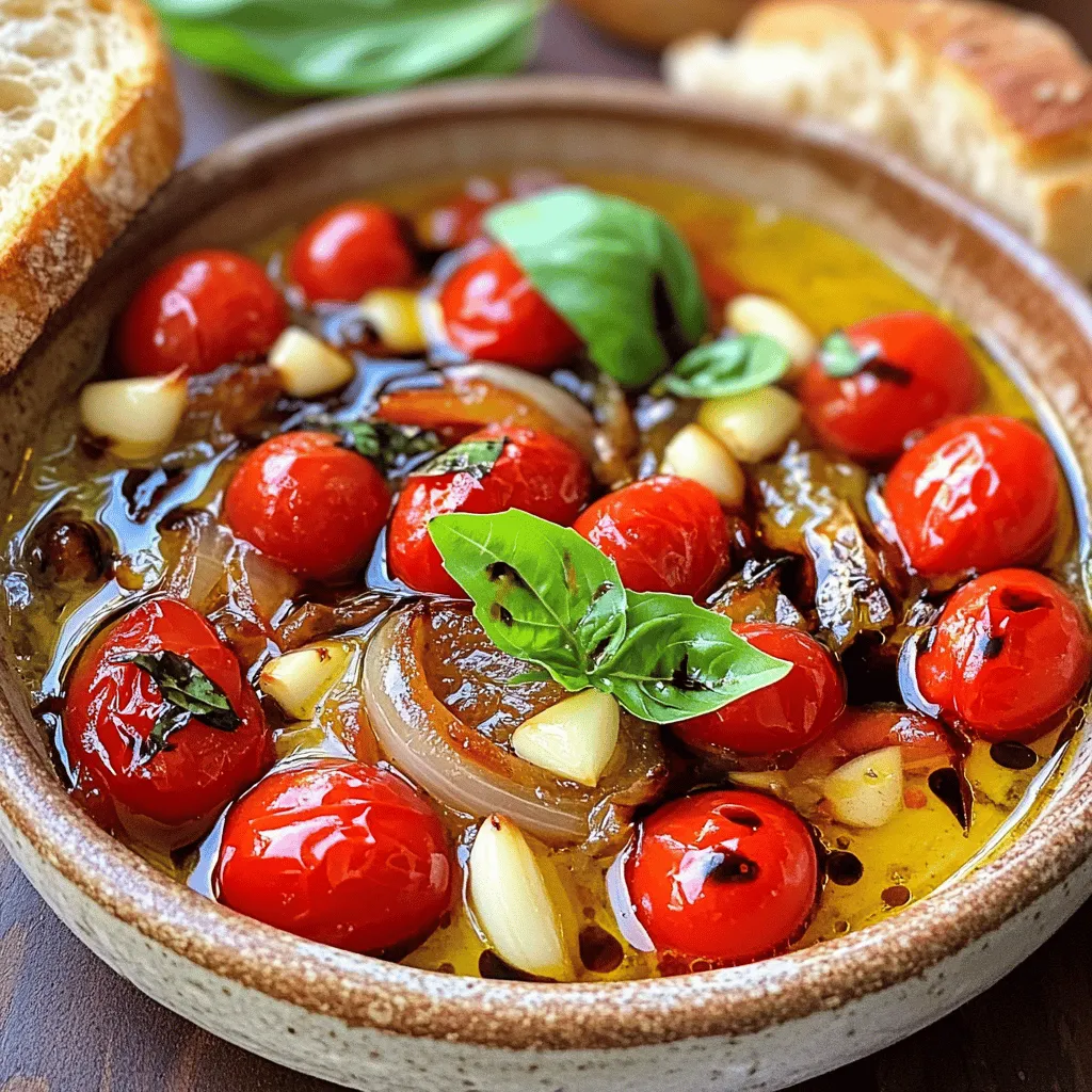 - 2 lbs ripe cherry tomatoes, halved - 1 medium onion, quartered - 4 cloves garlic, peeled - 3 tablespoons olive oil - Salt and pepper, to taste - 2 cups vegetable broth - 1/2 cup fresh basil leaves, roughly chopped - 1 teaspoon balsamic vinegar - 1/4 teaspoon red pepper flakes (optional) When I make roasted tomato soup, I always start with ripe cherry tomatoes. They add sweetness and flavor. The onion and garlic give depth to the soup. Olive oil helps everything roast nicely, creating a rich taste. Vegetable broth is key for a good soup base. Fresh basil brings a delightful touch, while balsamic vinegar adds a hint of tang. If you like some heat, red pepper flakes work great too. - Alternatives for tomatoes: If fresh tomatoes are not available, use canned tomatoes. They still taste great. - Options for vegetable broth: You can use homemade vegetable broth for more flavor. Store-bought broth is also fine and saves time. Using these ingredients or substitutes makes it easy to enjoy a delicious bowl of roasted tomato soup anytime. For more details on how to prepare this dish, check the Full Recipe. Start by preheating your oven to 400°F (200°C). This temperature helps the tomatoes roast nicely. Next, take a large baking sheet and arrange the halved cherry tomatoes, quartered onion, and peeled garlic cloves on it. Spread them out so they have room to breathe. Now, drizzle about 3 tablespoons of olive oil over the veggies. This oil adds richness and helps them roast evenly. Season everything with salt and pepper. Use your hands to toss the vegetables gently. This ensures they are well-coated and flavorful. Place the baking sheet in the oven and roast for about 25-30 minutes. You want to see the tomatoes blister and caramelize. This shows they are ready. Keep an eye on them to avoid burning, as ovens can vary. When done, the smell will fill your kitchen with a warm, inviting scent. Once the vegetables cool slightly, it's time to blend. If you have an immersion blender, it makes the job easy. Simply blend the roasted veggies right in the pot with the broth. If you use a standard blender, blend in small batches. This helps avoid spills and mess. You may want to adjust the soup's texture. If you like it smooth, blend until creamy. If you prefer some chunks, blend less. After blending, taste the soup. Add more salt or pepper if needed. To finish, stir in fresh basil, balsamic vinegar, and red pepper flakes for a kick. For the full recipe, refer to the complete guide. Enjoy your flavorful roasted tomato soup! Using fresh, ripe ingredients is key. Ripe tomatoes burst with flavor. They make your soup taste bright and sweet. Look for tomatoes that feel heavy and smell fragrant. Avoid any that are soft or bruised. Fresh garlic and onion also enhance the taste. To prevent burning during roasting, watch the temperature closely. Roasting at 400°F (200°C) works well. Stir the veggies halfway through. This helps them cook evenly and avoids charred bits. If you see them browning too fast, lower the heat a bit. Garnishing your soup can make it special. Add fresh basil for a pop of color and taste. You can drizzle a little olive oil on top too. For a crunchy touch, try adding croutons. When it comes to pairing, crusty bread is a great choice. It soaks up the soup and adds texture. A simple salad with greens can balance the meal. For drinks, a light white wine or sparkling water complements the soup well. Explore the Full Recipe for more tips and to create your own delicious bowl of roasted tomato soup! {{image_2}} You can make your roasted tomato soup even better with a few simple tweaks. Adding cream or coconut milk will give the soup a rich, smooth texture. This change makes it feel cozy and satisfying. Incorporating spices can elevate your soup's flavor too. Try adding thyme, oregano, or smoked paprika. Each spice brings its unique taste to the mix. For example, smoked paprika adds a touch of warmth and depth. You can experiment with these spices to find your favorite combination. This soup is easy to adapt for different diets. If you want a vegan option, simply skip the cream or use coconut milk. The soup will still taste great and keep its creamy feel. For those watching their sodium intake, use low-sodium vegetable broth. You can also skip adding extra salt to make it healthier. This way, everyone can enjoy delicious roasted tomato soup without worrying about dietary restrictions. You can find the full recipe above to explore these variations in your own kitchen. To keep your roasted tomato soup fresh, use airtight containers. Glass jars or plastic containers work well. Make sure the soup is cool before sealing. Store it in the fridge for up to five days. If you want to keep it longer, freeze the soup. Use freezer-safe containers or bags. Leave some space for expansion when freezing. The soup can last for up to three months in the freezer. When it's time to enjoy your soup again, reheating is key. You can use a pot on the stove or a microwave. If using a pot, heat it over low to medium heat. Stir often to keep it from sticking. For the microwave, heat in short bursts. Stir in between to ensure even heating. If you froze the soup, let it thaw in the fridge overnight. You can also thaw it in the microwave. After reheating, if the soup is too thick, add a splash of broth or water. This will help bring back its smooth texture. Enjoy your creamy, flavorful roasted tomato soup just as much the second time around! Can I use other types of tomatoes? Yes, you can use other tomatoes. While ripe cherry tomatoes work best, you can use Roma or beefsteak tomatoes. Just chop them into smaller pieces to ensure even roasting. The flavor will still be rich and delicious. How long does homemade roasted tomato soup last? Homemade roasted tomato soup lasts about 5 days in the fridge. Make sure to store it in an airtight container. You can also freeze it for up to 3 months. Just remember to let it cool before freezing. Nutritional highlights of tomatoes and basil Tomatoes are low in calories but high in nutrients. They provide vitamins C, K, and potassium. Basil adds flavor and is also rich in antioxidants. Together, they make a nutritious meal. Potential health advantages of consuming roasted tomato soup Eating roasted tomato soup can support heart health. The lycopene in tomatoes may help reduce heart disease risk. Plus, the fiber in tomatoes aids digestion and keeps you full longer. How to increase or decrease servings easily To change the number of servings, adjust the ingredients. If you want to serve more, simply double the amounts. For fewer servings, cut the amounts in half. Ingredient scaling tips for batch cooking When batch cooking, use a larger pot. Add more vegetable broth and extra tomatoes. Keep the same ratios for spices to maintain flavor. This way, you can enjoy your soup for days! For the full recipe, check out the Roasted Tomato Basil Bliss. This blog post covered how to make delicious roasted tomato soup. We explored essential ingredients, easy substitutions, and fun variations to try. You learned how to prepare, roast, and blend the soup while keeping flavors rich. We shared tips to serve and store leftovers effectively. In conclusion, making roasted tomato soup is simple and rewarding. You can adjust it to fit your taste or dietary needs. Enjoy experimenting in your kitchen and savoring every bowl!