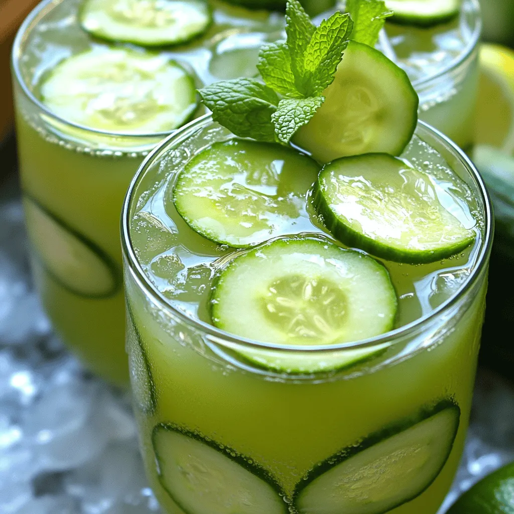 To make this refreshing drink, you need simple, fresh ingredients. Here’s what you need: - 2 medium cucumbers, peeled and chopped - 1/4 cup fresh lime juice (about 3-4 limes) - 1/4 cup agave syrup or honey (adjust to taste) - 4 cups cold water - A pinch of salt These ingredients bring a bright taste and cool feeling to your drink. The cucumbers provide hydration and a crisp taste, while lime adds a zesty kick. Agave syrup or honey sweetens the mix without overpowering the fresh flavors. The pinch of salt enhances the overall taste, making it more vibrant. Garnishes can make your drink look beautiful and taste even better. Here are some great options: - Lime slices - Cucumber slices - Fresh mint leaves These garnishes not only add color but also boost flavor. Mint leaves give a refreshing scent, while lime and cucumber slices make it visually appealing. You can mix and match these to suit your taste and style. To prepare your Cucumber Lime Agua Fresca, you will need a few basic tools: - A blender - A fine sieve or cheesecloth - A large pitcher - A spoon for mixing Using these tools makes the process easy and fun. The blender helps you create a smooth cucumber juice, while the sieve separates the juice from the pulp. The pitcher allows you to mix and serve the drink with ease. Start by peeling and chopping the cucumbers. You need about two medium cucumbers. Place the chopped cucumbers in a blender. Add two cups of cold water. Blend everything until smooth. This step makes a fresh cucumber juice. Next, strain the mixture using a fine sieve or cheesecloth. Pour the juice into a large pitcher. Press down firmly to get as much liquid as possible. Discard the leftover pulp. Now, it’s time to add flavor. Pour the fresh cucumber juice back into the pitcher. Add 1/4 cup of fresh lime juice. This is about three to four limes. Then, add 1/4 cup of agave syrup or honey for sweetness. You can adjust the sweetness to your taste. Next, add the remaining two cups of cold water. Don’t forget a pinch of salt. Stir everything well to blend the flavors. Taste it to see if you need more lime or sweetness. Chill the agua fresca in the fridge for at least 30 minutes. This helps the flavors meld together. When you’re ready to serve, fill glasses with ice. Pour the chilled cucumber lime agua fresca over the ice. For a pretty touch, garnish each glass. Use lime slices, cucumber slices, and fresh mint leaves. Enjoy this refreshing summer drink! For the full recipe, check out the details above. When picking cucumbers, look for ones that are firm and smooth. They should feel heavy for their size. Check for bright green skin, as dull skin can mean they're old. If you see any blemishes or soft spots, skip those. Fresh cucumbers taste better and make your drink crisp. You can change how sweet your agua fresca is by using different amounts of agave syrup or honey. Start with 1/4 cup, then taste it. If you want it sweeter, add more syrup little by little. You can also make it tangy by adding more lime juice. Balance is key, so taste as you mix! Herbs can make your drink even fresher. Mint is a great choice. Simply add a few leaves to your blender with cucumbers. They give a cool taste that blends well. You can also try basil or cilantro for a twist. Just remember to use fresh herbs for the best flavor. {{image_2}} You can easily change the taste of your cucumber lime agua fresca. Try adding fruits like watermelon, pineapple, or strawberries. Each fruit adds its own flavor. For example, watermelon makes it sweeter. Pineapple adds a tropical twist. Simply blend your chosen fruit with the cucumbers. Then strain as you would with just cucumber. Adjust the lime juice to balance the sweetness. Herbs can elevate your agua fresca to a new level. Mint is a popular choice. It adds a cool taste that pairs well with cucumber. Basil can also work wonders. Its unique flavor gives a fresh twist. To use herbs, blend them with the cucumbers. Strain the mixture to keep it smooth. You can garnish your drink with more herbs for a pretty touch. If you're watching your sugar intake, don't worry! You can make a tasty sugar-free version. Use stevia or monk fruit sweetener instead of agave or honey. These options provide sweetness without the calories. You might also enjoy the natural sweetness of ripe fruits. Just taste as you go. Adjust the lime juice to keep the drink refreshing. For a fun twist, add a splash of sparkling water for fizz. Explore these variations to find your perfect cucumber lime agua fresca recipe! For the full recipe, check out the detailed steps above. To store leftover agua fresca, pour it into a container. Make sure the container is clean and dry. Seal it tightly to keep out air. This helps preserve the flavor and freshness. Always refrigerate your agua fresca. I recommend using glass or BPA-free plastic containers. Glass jars with lids work great. They do not retain odors or stains. If you use plastic, choose high-quality containers. Avoid containers that can leach chemicals into your drink. Cucumber lime agua fresca tastes best when fresh. It stays good for about three days in the fridge. After that, the flavors may fade. To keep it fresh, always store it cold. If you notice strange smells or colors, throw it out. Always taste before serving. Freshness matters for a refreshing summer drink! Agua fresca means "fresh water" in Spanish. It is a light, refreshing drink. People make it with fruits, grains, or seeds mixed with water and sugar. You can find it in many places, especially during hot summers. Cucumber Lime Agua Fresca uses cucumbers and lime for a cool taste. It’s perfect for hot days. Yes, you can use other citrus fruits! Oranges, lemons, or grapefruits work well. Each fruit adds its own flavor. You can mix different citrus fruits too. This gives your drink a unique twist. Experiment and find your favorite combo. Just keep the balance of sweet and sour right. Cucumber Lime Agua Fresca is quite healthy. Cucumbers are low in calories and full of water. They help keep you hydrated. Lime adds vitamin C, which is good for your immune system. You can adjust the sweetness with agave syrup or honey. This way, you control the sugar. Enjoy this drink guilt-free! Cucumber Lime Agua Fresca is simple and refreshing. We covered the main ingredients and garnishes you can use. I shared step-by-step instructions for making it, along with tips for choosing cucumbers and sweetening. You can try fun variations with other fruits or herbs. Remember to store any leftovers properly to keep them fresh. Agua Fresca is not just tasty; it’s also healthy. Now you have all the info to enjoy this drink anytime you want!