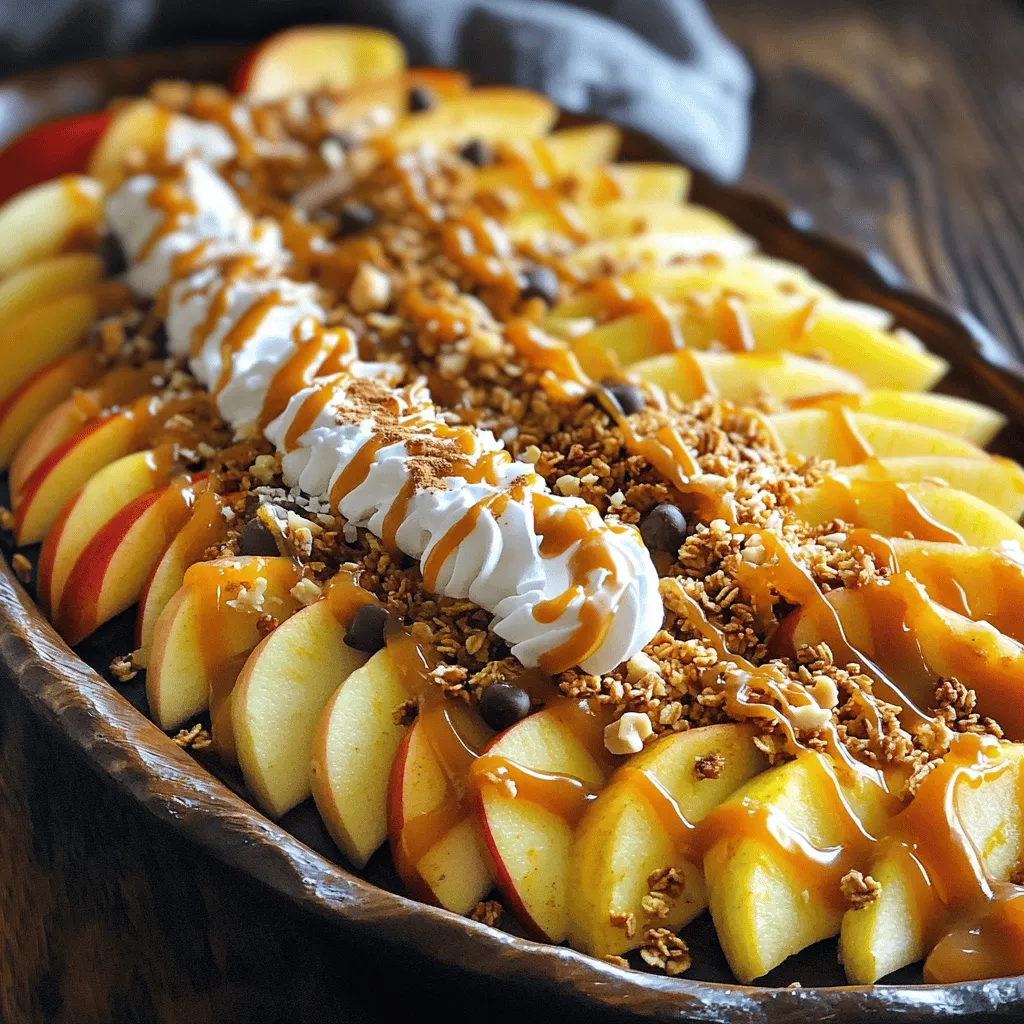 - 4 medium-sized apples (Fuji or Honeycrisp recommended) - 1 cup granola - 1 cup caramel sauce (store-bought or homemade) - ½ cup mini chocolate chips - ½ cup chopped nuts (pecans or walnuts) - ¼ cup shredded coconut (optional) - Whipped cream (optional for drizzling) - Cinnamon (optional for dusting) To create the best caramel apple nachos, start with fresh, crunchy apples. I love using Fuji or Honeycrisp apples. They are sweet and crisp, which makes them perfect for this dish. You also need granola for a nice crunch. It adds texture and flavor. Next, caramel sauce is a must. You can buy it at the store or make your own if you prefer. Either way, it brings that sweet, gooey goodness. Mini chocolate chips and chopped nuts add extra layers of flavor. I like pecans or walnuts for their nutty taste. If you want a fun twist, try adding shredded coconut. It gives a tropical vibe and pairs well with apples. Don’t forget whipped cream! A drizzle on top makes everything feel extra special. Finally, a sprinkle of cinnamon can enhance the flavor. All these ingredients come together to make a fun and tasty dessert. You can find the full recipe for caramel apple nachos to get started. Enjoy making this treat! First, wash the apples under cold water. This removes dirt and wax. Then, core the apples to remove the seeds. Next, slice the apples into thin wedges. Aim for slices that are about a quarter-inch thick. This size helps them hold their shape and makes them easy to eat. Now, it’s time to set the stage! Arrange the apple slices on a large platter. Make sure to spread them out nicely. This will help you add toppings later. After that, sprinkle the granola over the apple slices. Cover as much of the apples as you can. The granola adds a nice crunch. Let’s make these nachos even better! Start by drizzling warm caramel sauce over the apples and granola. If your caramel is thick, warm it in the microwave for 10-15 seconds. This makes it easy to drizzle. Next, sprinkle mini chocolate chips on top. Then, add your choice of chopped nuts. Pecans or walnuts work well. If you like coconut, sprinkle some shredded coconut too. For a special touch, drizzle some whipped cream over the nachos. You can also dust a bit of cinnamon on top. This adds a warm flavor. Serve your caramel apple nachos right away. They are best when fresh and crispy. You can use skewers or forks for easy picking. Enjoy this fun dessert! For the complete recipe, check out the Full Recipe. When making caramel apple nachos, I recommend using sweet or tart apples. Fuji or Honeycrisp apples work great. They are crunchy and juicy, giving your nachos a fantastic base. If you want a bit of tartness, Granny Smith apples add a nice contrast. Mix and match different varieties for extra flavor and texture. You can use either store-bought or homemade caramel sauce. Store-bought saves time and works well in a pinch. Look for high-quality brands with natural ingredients. If you want to try making it at home, it's fun and allows you to control the flavor. A simple mix of sugar, butter, and cream creates a rich sauce. Just remember to watch it closely while it cooks! Serving caramel apple nachos can be fun and creative. I like to arrange them on a large platter for everyone to share. You can also serve them in individual bowls, which adds a personal touch. Top each serving with whipped cream and a sprinkle of cinnamon for added flair. Encourage guests to mix in their favorite toppings, like mini chocolate chips or nuts. Enjoy these nachos warm for the best taste! You can find the full recipe in the earlier sections. {{image_2}} You can make your caramel apple nachos even more fun by adding extra toppings. Dried fruits like raisins or cranberries bring a nice chewiness. You can also sprinkle some cinnamon or nutmeg for warmth. Want a twist? Try drizzling some peanut butter or chocolate sauce on top. It adds richness and depth. The key is to mix textures and flavors. So, experiment and have fun with it! If you need gluten-free options, choose gluten-free granola. Many brands offer this now. For nut-free, skip the nuts or use seeds like sunflower seeds. You can keep the flavor while adjusting to fit your needs. Always check labels to ensure safety, especially for allergies. Everyone should enjoy this treat, no matter their dietary needs. Seasonal flavors can spice up your caramel apple nachos. In fall, add pumpkin spice to your caramel sauce for a warm flavor. For winter holidays, mix in crushed peppermint or use eggnog-flavored sauce. In spring, fresh berries can brighten up the dish. Each season brings new ideas, so let your creativity flow. This keeps your dessert exciting and fresh all year round! To keep your caramel apple nachos fresh, store them in an airtight container. Make sure to separate the apples from the toppings. This helps prevent the apples from getting soggy. If you have leftover caramel sauce, store it in a separate container in the fridge too. Keeping everything separate maintains the texture and taste. If you want to enjoy leftovers, be careful when reheating. Warm the caramel sauce in the microwave for about 10-15 seconds. This will make it easy to drizzle again. For the apples, try enjoying them cold for the best crunch. If you want warm apples, heat them gently in the microwave for a few seconds, but don’t overdo it. When stored properly, sliced apples will stay fresh for about 1-2 days. The granola and toppings can last longer, but they may lose their crunch. To enjoy the best flavors and textures, eat your caramel apple nachos within 24 hours. Making them fresh each time gives you the best taste! You can prepare parts of caramel apple nachos ahead. Slice the apples and store them in a bag with lemon juice. This keeps them fresh and bright. You can also mix the granola and toppings in separate bowls. Just wait to assemble everything until you are ready to serve. This helps keep the apples crisp and tasty. If you want a twist, try using chocolate sauce or peanut butter instead of caramel. You can also use fruit dips like yogurt or a creamy vanilla frosting. These options add flavor and fun. Each choice brings a new taste to your nachos. Caramel apple nachos can be a fun snack, but they are not the healthiest option. Apples are good for you, but the caramel and toppings add sugar and fat. You can make them healthier by using less caramel and adding more nuts or seeds. This way, you keep the crunch and flavor while making a better choice. Caramel apple nachos are simple and fun to make. We covered the tasty ingredients, easy steps, and unique variations. You can choose the best apples, adjust toppings, and store leftovers well. This dish is perfect for sharing and can fit any season. Dive into your creativity and enjoy these delicious snacks. With just a few ingredients, you'll impress everyone. Make this treat your own and savor each bite. Enjoy your culinary adventure!