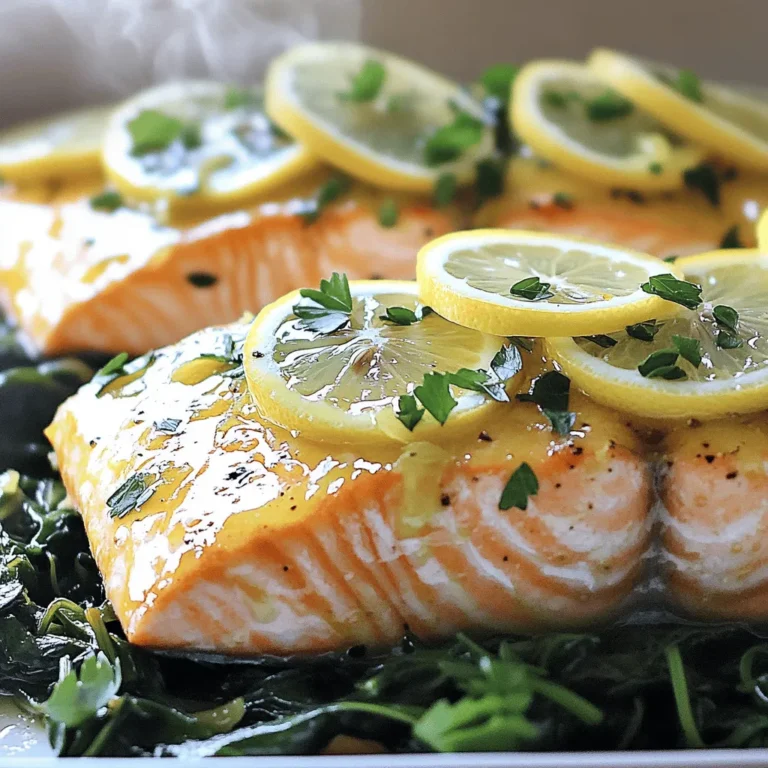 To make this dish, you need fresh and simple ingredients. Here’s what you’ll need: - 4 salmon fillets - 3 tablespoons olive oil - 4 cloves garlic, minced - 1 lemon, zested and juiced - 1 teaspoon dried oregano - 1 teaspoon salt - ½ teaspoon black pepper These ingredients work together to create a bright and tasty flavor. The salmon gives you protein, while the garlic adds zest. The lemon juice and zest give a fresh kick that makes this dish shine. While the salmon is delicious on its own, some garnishes can make it even better. Here are a few ideas: - Fresh parsley, chopped - Lemon slices for serving Adding fresh parsley gives color and flavor. Lemon slices add a nice touch when serving. You can also squeeze extra lemon on the dish for more zesty goodness. Having the right tools can make cooking easier. Here’s what I recommend using: - Baking sheet - Parchment paper - Mixing bowl - Brush for the marinade Using a baking sheet lined with parchment paper helps with easy cleanup. A mixing bowl is perfect for combining the marinade. A brush makes it easy to coat the salmon evenly. For the full recipe, check out the [Full Recipe]. First, gather your ingredients. You will need: - 4 salmon fillets - 3 tablespoons olive oil - 4 cloves garlic, minced - 1 lemon, zested and juiced - 1 teaspoon dried oregano - 1 teaspoon salt - ½ teaspoon black pepper - Fresh parsley, chopped (for garnish) - Lemon slices (for serving) Now, preheat your oven to 400°F (200°C). Line a baking sheet with parchment paper. In a small bowl, mix the olive oil, minced garlic, lemon zest, lemon juice, oregano, salt, and pepper. This is your marinade. Place the salmon fillets on the baking sheet. Brush the marinade over each fillet. Let the salmon sit for 10-15 minutes to soak up the flavors. For perfect salmon, check the thickness. A thicker fillet needs a longer cooking time. Bake the salmon for 12-15 minutes. It is done when it flakes easily with a fork. If you want crispy skin, place the salmon skin-side down. Use a meat thermometer if you have one. The internal temperature should reach 145°F (63°C). After baking, let the salmon rest for a few minutes. This helps the juices redistribute. Garnish with fresh parsley and serve with lemon slices. You can also drizzle any leftover marinade over the top. For a colorful plate, serve the salmon on a bed of sautéed spinach or with steamed asparagus. For the full recipe, check [Full Recipe]. Marinating salmon is key for flavor. Use olive oil, garlic, lemon zest, and juice. Mix these well in a bowl. Brush this mix on the salmon fillets. Let them sit for 10-15 minutes. This short wait makes a big difference. It helps the fish soak up the good taste. To boost the flavor, add fresh herbs like thyme or dill. A splash of white wine adds a lovely twist too. You can also sprinkle some chili flakes for heat. If you want a sweet note, try a bit of honey. Each option can make your dish unique. Cooking time depends on how thick your salmon is. For thinner fillets, bake for 10-12 minutes. For thicker cuts, aim for around 15 minutes. Check the salmon; it should flake easily with a fork. This way, you get perfectly cooked salmon every time. For the full recipe, click here: [Full Recipe]. {{image_2}} You can play with the flavors of your lemon garlic salmon. Try using different herbs like dill or thyme. You can also swap out olive oil for avocado oil for a richer taste. If you want a spicy kick, add red pepper flakes to the marinade. For a sweet touch, mix in some honey or maple syrup. This allows you to create a unique dish each time. Both grilling and baking work well for this recipe. Grilling gives the salmon a smoky flavor. It also creates nice grill marks, which look great on the plate. Baking is simple and keeps the salmon moist. For grilling, preheat your grill and cook the salmon for about 6-8 minutes per side. For baking, follow the steps in the full recipe for easy preparation. Each method has its perks, so try both to see what you like best! This salmon pairs well with many sides. Consider serving it with a fresh salad or steamed veggies. Roasted potatoes or quinoa make great sides too. For a light touch, serve it with lemon wedges and a sprinkle of fresh parsley. You can also add a creamy sauce, like tzatziki, to enhance the flavors. These options will make your meal colorful and tasty. To keep your leftover lemon garlic salmon fresh, let it cool first. Use an airtight container to store it in the fridge. This helps keep the salmon moist. It will last up to three days this way. If you want to keep it longer, freezing is a great option. When reheating, I suggest using the oven. Preheat it to 350°F (175°C). Place the salmon on a baking sheet. Cover it with foil to keep moisture in. Heat for about 10-15 minutes. This helps the salmon stay tender and tasty. You can also microwave it, but be careful. Heat in short intervals to avoid overcooking. To freeze your lemon garlic salmon, wrap each fillet tightly in plastic wrap. Then, place them in a freezer bag. Remove as much air as you can. This prevents freezer burn. You can freeze the salmon for up to three months. When ready to eat, thaw it in the fridge overnight. This keeps the flavor and texture nice. For the full recipe, check out the previous section. Yes, you can use frozen salmon fillets for this recipe. Make sure to thaw them first. You can do this by placing the fillets in the fridge overnight. If you're in a hurry, submerge them in cold water for quicker thawing. Once thawed, follow the same steps as fresh salmon. The flavor will still be great! Salmon is a superfood packed with nutrients. It is rich in omega-3 fatty acids, which help heart health. Omega-3s also support brain function and reduce inflammation. Salmon is high in protein, helping build and repair muscle. Plus, it provides vitamins like B12 and D, which are important for energy and bone health. You can tell when salmon is properly cooked by checking its color and texture. Cooked salmon should be opaque and flake easily with a fork. The internal temperature should reach 145°F (63°C). If you don’t have a thermometer, just look for that nice, flaky texture. It’s an easy way to check without any tools! Yes, you can make this recipe without garlic. If you don't like garlic or have an allergy, just leave it out. You can replace it with other herbs like dill or basil for flavor. The lemon and olive oil will still give you a tasty dish. Feel free to experiment and find what you love! We covered how to make a quick lemon garlic salmon that shines with flavor. You now know the key ingredients, cooking steps, and tips for the best results. Remember to experiment with variations for unique meals. Store any leftovers properly or freeze them for later. Enjoy the health benefits of salmon and feel confident cooking it. You have all the tools to impress your family and friends with this tasty dish!
