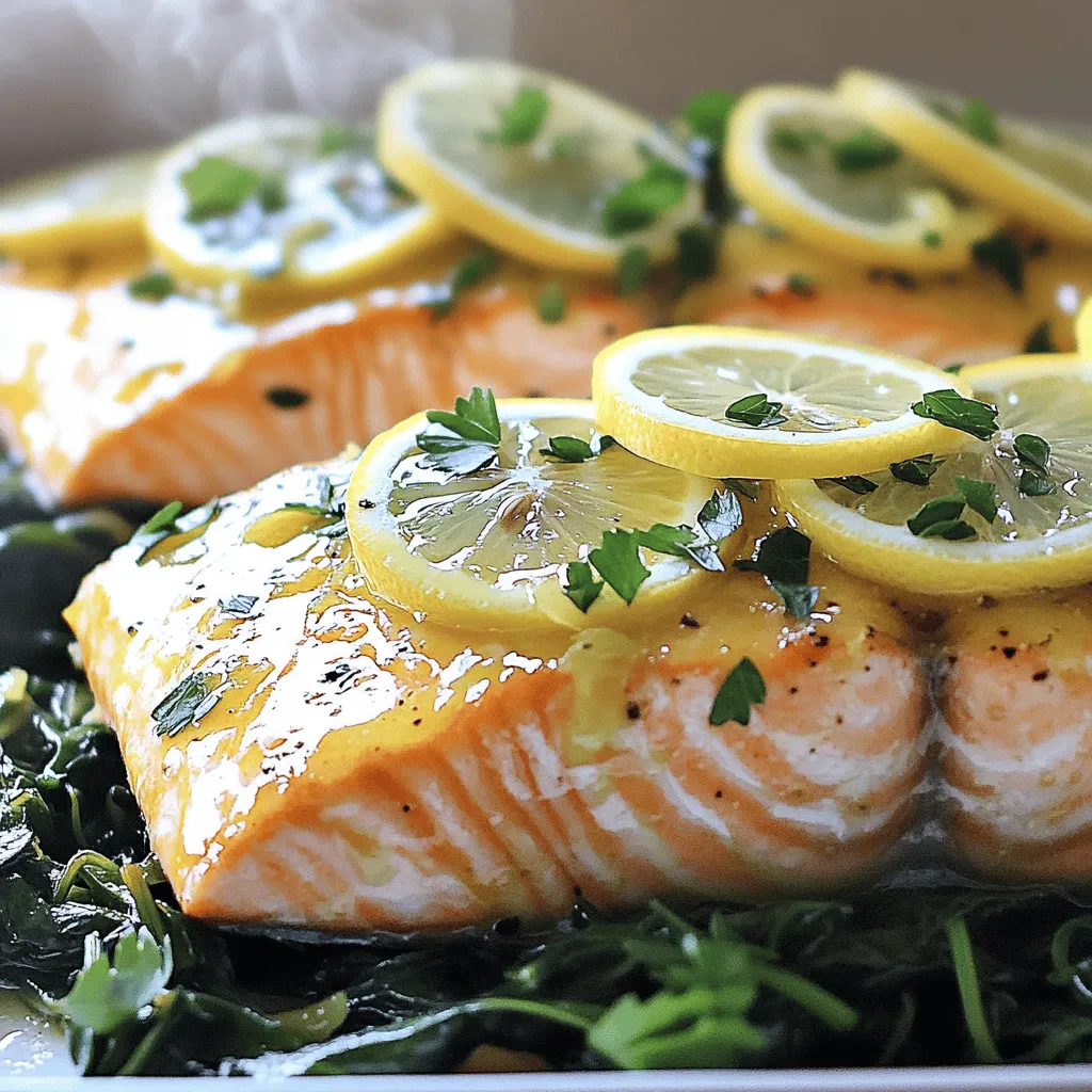 To make this dish, you need fresh and simple ingredients. Here’s what you’ll need: - 4 salmon fillets - 3 tablespoons olive oil - 4 cloves garlic, minced - 1 lemon, zested and juiced - 1 teaspoon dried oregano - 1 teaspoon salt - ½ teaspoon black pepper These ingredients work together to create a bright and tasty flavor. The salmon gives you protein, while the garlic adds zest. The lemon juice and zest give a fresh kick that makes this dish shine. While the salmon is delicious on its own, some garnishes can make it even better. Here are a few ideas: - Fresh parsley, chopped - Lemon slices for serving Adding fresh parsley gives color and flavor. Lemon slices add a nice touch when serving. You can also squeeze extra lemon on the dish for more zesty goodness. Having the right tools can make cooking easier. Here’s what I recommend using: - Baking sheet - Parchment paper - Mixing bowl - Brush for the marinade Using a baking sheet lined with parchment paper helps with easy cleanup. A mixing bowl is perfect for combining the marinade. A brush makes it easy to coat the salmon evenly. For the full recipe, check out the [Full Recipe]. First, gather your ingredients. You will need: - 4 salmon fillets - 3 tablespoons olive oil - 4 cloves garlic, minced - 1 lemon, zested and juiced - 1 teaspoon dried oregano - 1 teaspoon salt - ½ teaspoon black pepper - Fresh parsley, chopped (for garnish) - Lemon slices (for serving) Now, preheat your oven to 400°F (200°C). Line a baking sheet with parchment paper. In a small bowl, mix the olive oil, minced garlic, lemon zest, lemon juice, oregano, salt, and pepper. This is your marinade. Place the salmon fillets on the baking sheet. Brush the marinade over each fillet. Let the salmon sit for 10-15 minutes to soak up the flavors. For perfect salmon, check the thickness. A thicker fillet needs a longer cooking time. Bake the salmon for 12-15 minutes. It is done when it flakes easily with a fork. If you want crispy skin, place the salmon skin-side down. Use a meat thermometer if you have one. The internal temperature should reach 145°F (63°C). After baking, let the salmon rest for a few minutes. This helps the juices redistribute. Garnish with fresh parsley and serve with lemon slices. You can also drizzle any leftover marinade over the top. For a colorful plate, serve the salmon on a bed of sautéed spinach or with steamed asparagus. For the full recipe, check [Full Recipe]. Marinating salmon is key for flavor. Use olive oil, garlic, lemon zest, and juice. Mix these well in a bowl. Brush this mix on the salmon fillets. Let them sit for 10-15 minutes. This short wait makes a big difference. It helps the fish soak up the good taste. To boost the flavor, add fresh herbs like thyme or dill. A splash of white wine adds a lovely twist too. You can also sprinkle some chili flakes for heat. If you want a sweet note, try a bit of honey. Each option can make your dish unique. Cooking time depends on how thick your salmon is. For thinner fillets, bake for 10-12 minutes. For thicker cuts, aim for around 15 minutes. Check the salmon; it should flake easily with a fork. This way, you get perfectly cooked salmon every time. For the full recipe, click here: [Full Recipe]. {{image_2}} You can play with the flavors of your lemon garlic salmon. Try using different herbs like dill or thyme. You can also swap out olive oil for avocado oil for a richer taste. If you want a spicy kick, add red pepper flakes to the marinade. For a sweet touch, mix in some honey or maple syrup. This allows you to create a unique dish each time. Both grilling and baking work well for this recipe. Grilling gives the salmon a smoky flavor. It also creates nice grill marks, which look great on the plate. Baking is simple and keeps the salmon moist. For grilling, preheat your grill and cook the salmon for about 6-8 minutes per side. For baking, follow the steps in the full recipe for easy preparation. Each method has its perks, so try both to see what you like best! This salmon pairs well with many sides. Consider serving it with a fresh salad or steamed veggies. Roasted potatoes or quinoa make great sides too. For a light touch, serve it with lemon wedges and a sprinkle of fresh parsley. You can also add a creamy sauce, like tzatziki, to enhance the flavors. These options will make your meal colorful and tasty. To keep your leftover lemon garlic salmon fresh, let it cool first. Use an airtight container to store it in the fridge. This helps keep the salmon moist. It will last up to three days this way. If you want to keep it longer, freezing is a great option. When reheating, I suggest using the oven. Preheat it to 350°F (175°C). Place the salmon on a baking sheet. Cover it with foil to keep moisture in. Heat for about 10-15 minutes. This helps the salmon stay tender and tasty. You can also microwave it, but be careful. Heat in short intervals to avoid overcooking. To freeze your lemon garlic salmon, wrap each fillet tightly in plastic wrap. Then, place them in a freezer bag. Remove as much air as you can. This prevents freezer burn. You can freeze the salmon for up to three months. When ready to eat, thaw it in the fridge overnight. This keeps the flavor and texture nice. For the full recipe, check out the previous section. Yes, you can use frozen salmon fillets for this recipe. Make sure to thaw them first. You can do this by placing the fillets in the fridge overnight. If you're in a hurry, submerge them in cold water for quicker thawing. Once thawed, follow the same steps as fresh salmon. The flavor will still be great! Salmon is a superfood packed with nutrients. It is rich in omega-3 fatty acids, which help heart health. Omega-3s also support brain function and reduce inflammation. Salmon is high in protein, helping build and repair muscle. Plus, it provides vitamins like B12 and D, which are important for energy and bone health. You can tell when salmon is properly cooked by checking its color and texture. Cooked salmon should be opaque and flake easily with a fork. The internal temperature should reach 145°F (63°C). If you don’t have a thermometer, just look for that nice, flaky texture. It’s an easy way to check without any tools! Yes, you can make this recipe without garlic. If you don't like garlic or have an allergy, just leave it out. You can replace it with other herbs like dill or basil for flavor. The lemon and olive oil will still give you a tasty dish. Feel free to experiment and find what you love! We covered how to make a quick lemon garlic salmon that shines with flavor. You now know the key ingredients, cooking steps, and tips for the best results. Remember to experiment with variations for unique meals. Store any leftovers properly or freeze them for later. Enjoy the health benefits of salmon and feel confident cooking it. You have all the tools to impress your family and friends with this tasty dish!
