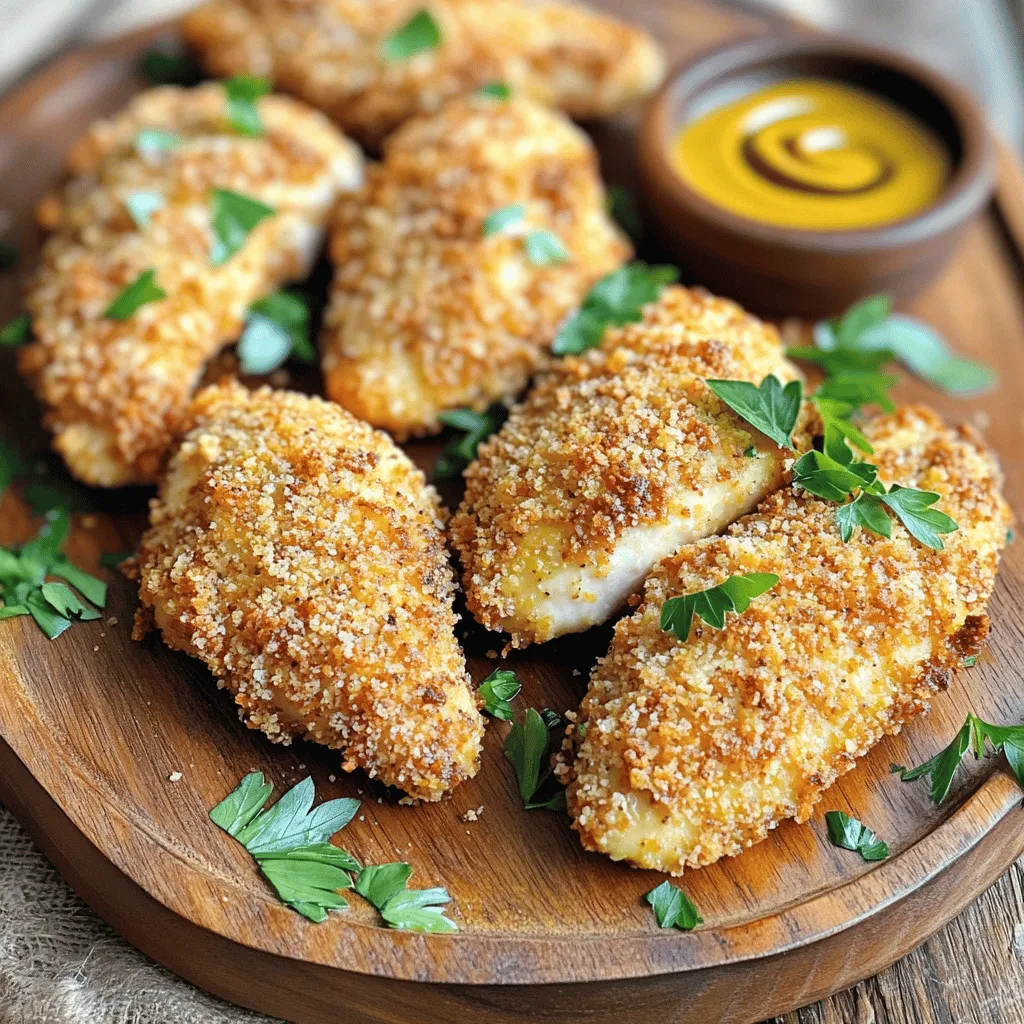 For this crispy baked chicken tenders recipe, you need: - 1 lb chicken breast tenders - 1 cup whole wheat breadcrumbs - 1/2 cup grated Parmesan cheese These ingredients form the base of our tasty dish. The chicken breast tenders are juicy and tender. The whole wheat breadcrumbs give a nice crunch. Parmesan cheese adds a rich flavor that pairs well with the chicken. To enhance the flavor, gather these spices: - 1 teaspoon garlic powder - 1 teaspoon onion powder - 1 teaspoon smoked paprika - 1/2 teaspoon black pepper - 1/2 teaspoon salt These spices create a savory mix. Garlic powder and onion powder give great depth. Smoked paprika adds a hint of smokiness, while black pepper and salt balance the taste. For binding and crispiness, use: - 2 large eggs - 2 tablespoons Dijon mustard - 1 tablespoon olive oil The eggs and mustard help the breadcrumbs stick to the chicken. Olive oil drizzled on top enhances the crispiness. These ingredients are key for achieving that golden-brown finish. You can find the full recipe in the main article. Enjoy cooking! First, you need to preheat your oven to 425°F (220°C). This heat makes the chicken crispy. While the oven warms up, line a baking sheet with parchment paper. This step helps prevent sticking and makes cleanup easy. In a large bowl, combine the whole wheat breadcrumbs, grated Parmesan cheese, garlic powder, onion powder, smoked paprika, black pepper, and salt. Stir well until all the dry ingredients mix evenly. This coating gives your chicken tenders a great flavor and crunch. In another bowl, whisk together the eggs and Dijon mustard. Dip each chicken tender into the egg mixture first. Make sure it gets fully coated. Next, dredge it in the breadcrumb mix. Press gently so the crumbs stick well to the chicken. This step is key for a crispy finish. Place your coated chicken tenders on the prepared baking sheet. Drizzle olive oil over the tops of the tenders. This oil helps them brown and crisp up nicely in the oven. Bake for 15-20 minutes, flipping halfway through. When they turn golden brown and reach an internal temperature of 165°F (74°C), they are ready. Let them rest for a few minutes before serving. For a nice touch, serve with dipping sauces like honey mustard or ranch. Enjoy your crispy baked chicken tenders! To get that crunch you crave, use whole wheat breadcrumbs. They add a great texture. Make sure to drizzle olive oil on top before baking. This step helps the crumbs crisp up nicely. Bake at 425°F (220°C) for 15-20 minutes. Flip the tenders halfway for even cooking. You can replace chicken breast with turkey if you prefer. For a lighter touch, use egg whites instead of whole eggs. Swap out Parmesan for nutritional yeast for a dairy-free option. If you want to cut carbs, try crushed almonds or oats as a coating. Always preheat your oven before baking. This ensures your chicken cooks evenly. Use a meat thermometer to check doneness. Chicken should reach 165°F (74°C). Let the tenders rest for a few minutes after baking. This helps keep them juicy inside. For more details, check the Full Recipe. {{image_2}} To spice things up, add heat to your tenders. You can mix cayenne pepper or chili powder into your breadcrumb mix. Start with one teaspoon and adjust to your taste. You can also dip the tenders in hot sauce before coating them. This method gives you a nice kick without losing the crunch. Serve with a cooling dip like ranch to balance the heat. If you love cheese, this variation is for you. Take a slice of cheese, like mozzarella or cheddar, and place it inside the chicken tender. Then, coat the chicken as usual. When you bake the tenders, the cheese melts and makes a tasty surprise. Just be careful when biting in; the cheese will be hot and gooey! For a gluten-free option, swap whole wheat breadcrumbs for gluten-free crumbs. You can find these at most grocery stores. Another great choice is crushed cornflakes or almond flour. Both options give a nice crunch and keep the tenders crispy. Make sure to check the labels to ensure they are truly gluten-free. If you want more details, check the Full Recipe for the original method. After enjoying your crispy baked chicken tenders, store any leftovers in an airtight container. Place them in the fridge. They stay fresh for about 3 to 4 days. Make sure they cool down before storing. This helps keep them crispy for later. To reheat, use an oven for the best texture. Preheat your oven to 400°F (200°C). Place the chicken tenders on a baking sheet. Heat them for about 10 minutes. This method keeps them crispy, just like fresh. If using a microwave, the chicken may get soggy. Avoid this by covering them loosely with a paper towel. You can freeze these chicken tenders for longer storage. First, let them cool completely. Then, place them in a freezer-safe bag. Remove as much air as possible before sealing. They can last up to 3 months in the freezer. To reheat frozen tenders, bake them directly from the freezer for about 20-25 minutes. This keeps them crunchy on the outside. For more details, refer to the Full Recipe. To make chicken tenders crispy, use whole wheat breadcrumbs. Mix them with Parmesan cheese, garlic powder, and smoked paprika. These add crunch and flavor. Make sure to coat each tender well in the egg mixture. Drizzling olive oil on top helps too. Bake at 425°F for 15-20 minutes. Flip them halfway for even crispiness. Yes, you can use frozen chicken. But, make sure to thaw it first. It’s best to let it sit in the fridge overnight. If you’re short on time, you can use the microwave. Just don’t cook it fully. Once thawed, follow the recipe as normal. Dipping sauces enhance the chicken's taste. Honey mustard is a great choice. Ranch dressing also works well. You can try BBQ sauce for a smoky flavor. Buffalo sauce adds some heat. Feel free to mix and match to find your favorite. Check the internal temperature with a meat thermometer. It should reach 165°F. If you don't have a thermometer, cut one open. The meat should be white, not pink. Juices should run clear. Let them rest for a few minutes before serving for the best flavor. For the full recipe, check the earlier section. In this post, we covered how to make crispy baked chicken tenders. You learned about the right ingredients, seasonings, and oils. We discussed step-by-step baking methods for great results. Remember the tips for texture and timing for extra crunch. You can also try tasty variations like spicy or cheese-stuffed options. Lastly, proper storage helps keep leftovers fresh. Enjoy your crispy chicken tenders, and don’t hesitate to experiment with flavors!