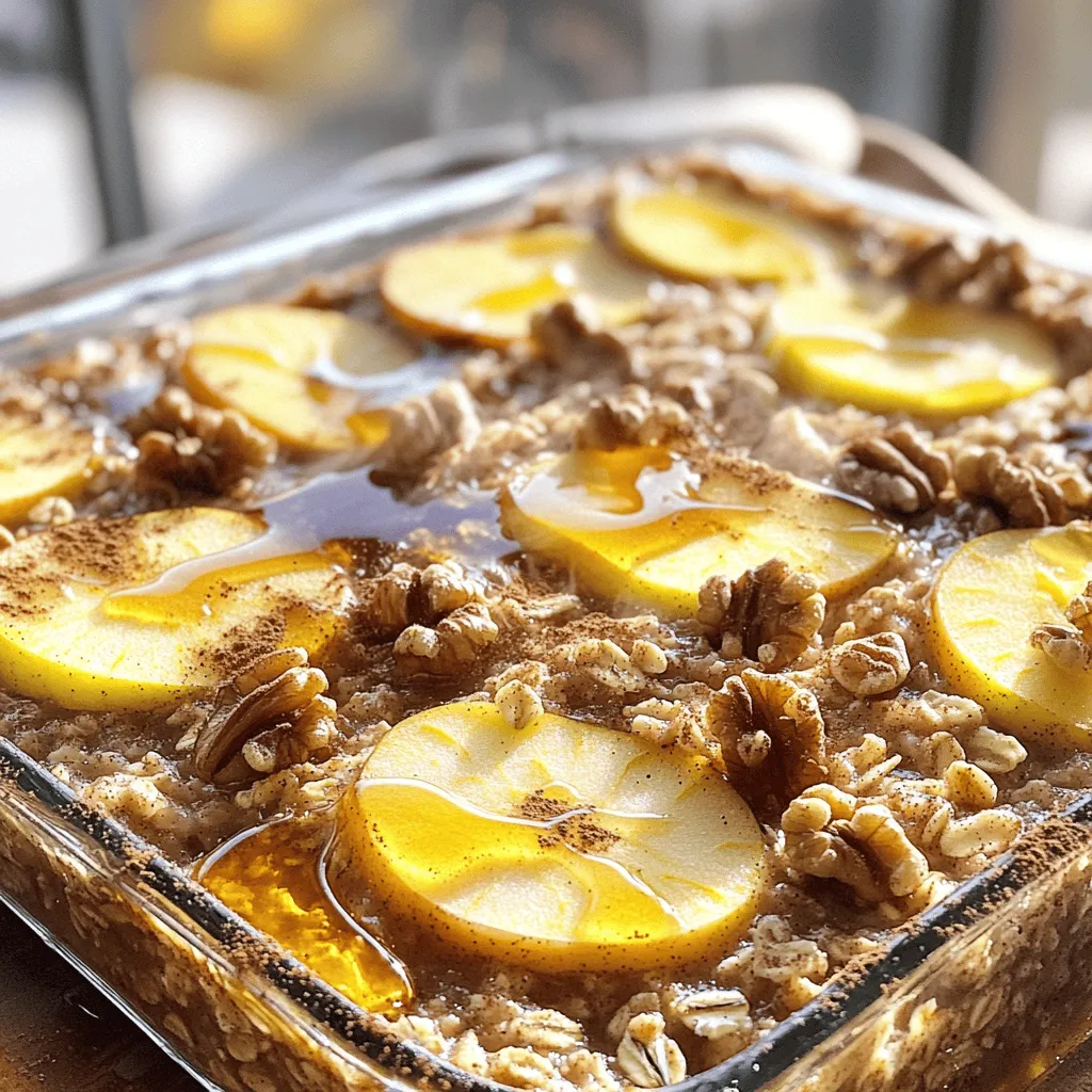 To make a delicious Apple Cinnamon Oatmeal Bake, you need some key ingredients. Gather these before you start: - 2 cups rolled oats - 3 cups almond milk (or regular milk) - 2 ripe apples, peeled, cored, and diced - 1/2 cup brown sugar - 1/4 cup maple syrup - 1 teaspoon vanilla extract - 1 tablespoon cinnamon - 1 teaspoon baking powder - 1/4 teaspoon salt - 1/2 cup chopped walnuts (optional) - 1/2 cup raisins or dried cranberries (optional) - Extra apple slices and walnuts for topping These ingredients combine to create a warm and hearty dish. The oats serve as the base, while the apples add sweetness and moisture. The cinnamon warms up the flavors, making each bite delightful. If you want a bit of crunch, add walnuts. For a sweet touch, toss in some raisins or cranberries. Make sure to have everything ready. This way, you can enjoy the cooking process and savor the delicious smells that fill your kitchen. You can find the Full Recipe for a complete guide on how to mix and bake your oatmeal dish. - Preheat your oven to 350°F (175°C). Grease a 9x13 inch baking dish. - In a large bowl, combine rolled oats, almond milk, diced apples, brown sugar, maple syrup, vanilla extract, cinnamon, baking powder, and salt. Mix until all ingredients blend well. - If you want, fold in walnuts and raisins or dried cranberries. - Pour the mixture into the greased baking dish. Spread it out evenly. - Top with extra apple slices and chopped walnuts for added crunch. - Bake in the oven for 35-40 minutes. Look for a golden brown top. A toothpick should come out clean when done. - Let it cool for about 10 minutes. Then slice into squares for serving. This simple method makes the Apple Cinnamon Oatmeal Bake so easy to prepare and enjoy. For full details, check the Full Recipe. To ensure even cooking, mix all your ingredients well. This helps the oats soak up the milk evenly. If you skip this step, some oats may be dry. A good stir makes a big difference. For that perfect golden brown top, watch the baking time. Aim for 35 to 40 minutes at 350°F (175°C). If the top seems too pale, you can broil it for a few minutes. Keep a close eye on it, so it doesn’t burn. This dish shines with some tasty toppings. A dollop of yogurt adds creaminess. Drizzling extra maple syrup gives it a sweet kick. You can also sprinkle more cinnamon for that cozy flavor. Enjoy it with fresh fruit or a side of nuts. Some crunchy granola pairs well too. Try it with a cup of tea or coffee for a cozy breakfast treat. If you need gluten-free options, use certified gluten-free oats. You can also swap regular milk for almond or oat milk. This keeps the dish tasty and safe for everyone. To adjust sweetness, cut back on brown sugar or maple syrup. You can also use mashed bananas or applesauce. These swaps make your meal healthier without losing flavor. Remember, it’s all about making it fit your needs while enjoying the full recipe! {{image_2}} You can switch the apples for pears or mixed berries. Pears add a nice soft touch. Berries bring a burst of flavor and color. They both work well in this bake. You can also mash up bananas to add sweetness. Bananas make the dish moist and sweet without extra sugar. Want more spice? Try adding nutmeg or ground ginger to the mix. These spices give your bake a warm kick. If you love chocolate, stir in some cocoa powder. It adds a rich taste that pairs well with apples. You can create a whole new dessert with just this simple change. For a crunchy finish, top your bake with granola. This adds a nice crunch when you bite in. You can also add seeds like chia or flax. These seeds boost the nutrition and give a unique texture. They blend well with the oats and fruit, making every bite exciting. To keep your Apple Cinnamon Oatmeal Bake fresh, use airtight containers. Glass or plastic containers work well. If you have a lot, you can cut it into squares and stack them in layers. Place parchment paper in between to avoid sticking. Store it in the fridge for up to five days. For reheating, the oven is best. Preheat it to 350°F (175°C). Place the squares in a baking dish, and cover them with foil to keep moisture in. Heat for about 10-15 minutes. You can also microwave it. Just add a splash of almond milk before heating. This keeps it soft. For best results, check to see if it is warm all the way through. Enjoy your warm oatmeal bake with a drizzle of maple syrup! Yes, you can make this dish ahead of time. This is great for busy mornings. Just prepare the oatmeal bake the night before. After mixing all the ingredients, cover the dish and put it in the fridge. In the morning, bake it straight from the fridge. It will take a few extra minutes in the oven. Enjoy a warm breakfast without the fuss! Absolutely! Freezing this oatmeal bake is easy. First, let it cool completely after baking. Then, cut it into squares. Wrap each square tightly in plastic wrap. Place them in a freezer-safe bag or container. Label it with the date for future reference. To thaw, take a piece out and leave it in the fridge overnight. You can also microwave it for a quick warm-up. You can easily make this dish vegan! Here are some swaps: - Use almond milk or any plant-based milk instead of regular milk. - Substitute maple syrup for honey. - Make sure the brown sugar is vegan. For the full recipe details on vegan options, check the Full Recipe. These simple changes keep the flavors while making it plant-based. Enjoy your delicious vegan Apple Cinnamon Oatmeal Bake! This blog post covers a simple Apple Cinnamon Oatmeal Bake recipe. We shared essential ingredients, step-by-step instructions, and helpful tips. You learned about variations to fit your taste and storage tips for leftovers. In conclusion, this recipe is easy and versatile. You can customize it to suit your needs and enjoy it any time. Happy baking!