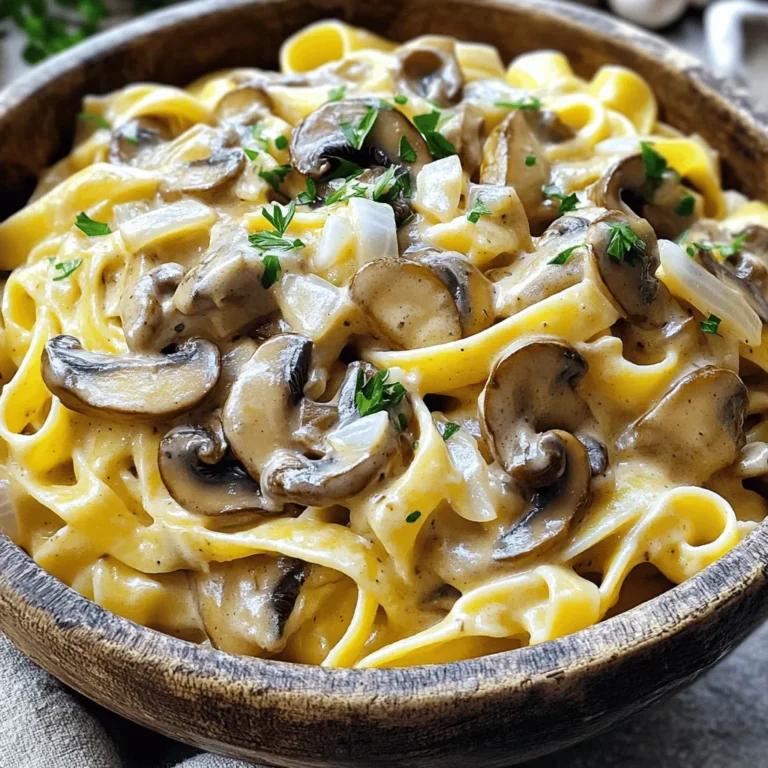 For a rich and tasty Mushroom Stroganoff, I love using these key ingredients: - 500g mixed mushrooms (cremini, shiitake, and button), sliced - 1 medium onion, finely chopped - 3 cloves garlic, minced - 1 cup vegetable broth - 1 cup coconut milk These mushrooms add depth and a mix of textures. The onion and garlic provide a solid flavor base. The vegetable broth and coconut milk create that creamy sauce we all crave. Seasoning is vital for flavor. Here’s what I use: - 2 tablespoons soy sauce or tamari - 1 tablespoon Dijon mustard - 2 teaspoons dried thyme - 2 tablespoons olive oil - Salt and pepper to taste The soy sauce gives a nice umami kick. Dijon mustard adds zest, while thyme brings a fresh aroma. Olive oil helps sauté the veggies just right, and salt and pepper round out the taste. Choosing the right pasta makes a big difference. I recommend: - Fettuccine or egg noodles - Gluten-free pasta alternatives Fettuccine holds the sauce well, making each bite creamy. If you need gluten-free options, many great choices exist. Just pick a pasta that you enjoy, and you’ll be set to create your dinner masterpiece! For the full recipe, check the previous section. To prepare the pasta correctly, start with a large pot of salted water. Bring it to a boil. Add your choice of pasta. I recommend fettuccine or egg noodles. Cook it until it is al dente, which means it should be firm but not hard. This usually takes about 8 to 10 minutes. Drain the pasta and set it aside. For perfect al dente texture, taste the pasta a minute or two before the package suggests. You want it to have a slight bite. Overcooked pasta can ruin your dish. In a large skillet, heat olive oil over medium heat. Add the finely chopped onion and minced garlic. Sauté them until the onion turns translucent, about 3 to 4 minutes. This builds a nice base for your sauce. Next, add the sliced mushrooms. Cook them for 5 to 7 minutes until they are golden brown. This is key, as it brings out their flavor and texture. Do not rush this step; let them brown nicely. Now, let’s make the creamy sauce. Stir in the vegetable broth, coconut milk, soy sauce, Dijon mustard, and dried thyme. Bring this mixture to a gentle simmer. To thicken the sauce, let it simmer for 5 to 8 minutes. Stir it often. You want a creamy texture that clings to the pasta. If it seems too thin, let it cook a bit longer. Once your sauce is ready, add the cooked pasta. Toss it gently to coat the noodles evenly with the creamy mushroom mixture. For final touches, remove from heat and garnish with freshly chopped parsley. This adds a nice pop of color and flavor. Serve your Mushroom Stroganoff in a deep bowl or plate. You could drizzle more olive oil on top for a rich finish. For the complete dish, check out the Full Recipe. To save time when making Mushroom Stroganoff, prep your ingredients ahead. Chop the onion and garlic, and slice the mushrooms the day before. Store them in the fridge. This makes cooking faster and easier. Using a pressure cooker can also speed things up. You can cook the mushrooms and sauce quickly. Just follow the same steps, but in a pressure cooker. It cuts down on cooking time and keeps flavors locked in. Fresh herbs add great flavor to your dish. I love using parsley or thyme. Just chop them finely and mix them in at the end. This gives your stroganoff a fresh taste. Seasoning is key to a great dish. Always taste your sauce as you cook. Add salt and pepper to your liking. If you want a deeper flavor, a dash of soy sauce works wonders. Always check that your ingredients are fresh. Use firm mushrooms and vibrant onions. This ensures your dish tastes its best. Keep your kitchen clean while cooking. Wash your hands often and clean your surfaces. This helps avoid cross-contamination. Always use separate cutting boards for meat and veggies. For the full recipe, check the detailed instructions. Enjoy your cooking adventure! {{image_2}} For a vegan twist on mushroom stroganoff, I often swap out dairy ingredients. Use coconut milk for creaminess. It adds a rich flavor that blends well with mushrooms. You can also try cashew cream for a different taste. If you want more depth, add nutritional yeast. This gives a cheesy flavor without dairy. If you need gluten-free pasta, many choices are available. Brown rice pasta or chickpea pasta works great. They both hold up well in the sauce. When cooking gluten-free pasta, be mindful of cooking time. They can cook faster than regular pasta, so keep an eye on it. To elevate your stroganoff, add a splash of red wine or balsamic vinegar. This adds a lovely zing to the dish. Fresh herbs like thyme or parsley can also enhance the taste. For a spicy kick, try adding a pinch of cayenne pepper or smoked paprika. These small changes can make a big difference in flavor. For the full recipe, please refer to the [Full Recipe]. To keep your Mushroom Stroganoff fresh, refrigerate it right after serving. Use airtight containers to prevent moisture loss and odors. Glass or BPA-free plastic containers work best. Make sure to let it cool to room temperature before sealing. Store the leftovers for up to four days in the fridge. You can also freeze Mushroom Stroganoff for later. First, let it cool completely. Then, scoop it into freezer-safe bags or containers. Remove as much air as possible before sealing. This helps prevent freezer burn. When you are ready to eat, thaw it overnight in the fridge. Reheat it gently on the stove over low heat. Add a splash of vegetable broth or coconut milk to restore its creamy texture. Refrigerated Mushroom Stroganoff lasts about four days. If you notice any off smells or mold, it's time to toss it. Look for changes in color or texture, too. If it seems slimy or dry, avoid eating it. Keeping an eye on these signs helps you enjoy your dish safely. To make your Mushroom Stroganoff creamy, focus on a few key steps. First, use coconut milk. It gives a rich and smooth texture. If you want a lighter option, try cashew cream. Soak raw cashews in water, then blend them until smooth. Next, simmer the sauce well. This helps it thicken nicely. Stir in some nutritional yeast for extra creaminess and flavor. Finally, don’t forget to adjust your seasonings. A pinch of salt can enhance the creaminess. Mushroom Stroganoff pairs well with a variety of sides. Here are some options: - A simple green salad with vinaigrette - Steamed or roasted vegetables like broccoli or green beans - Crusty bread or garlic bread for dipping - Mashed potatoes for a cozy feel For drinks, a light white wine, like Sauvignon Blanc, works well. If you prefer non-alcoholic, try sparkling water with lemon. Yes, you can make Mushroom Stroganoff without coconut milk. Here are some alternatives: - Use almond milk or soy milk for a lighter option. - Cashew cream is another rich choice. - You can also use vegetable broth thickened with cornstarch. Each option brings its own flavor, so choose based on your taste. No matter what you pick, your dish will still taste great. For the full recipe, check out the details above. Mushroom stroganoff is a versatile dish you can enjoy in many ways. We covered key ingredients like mixed mushrooms, onion, and broth. I shared step-by-step cooking tips for perfect pasta and a creamy sauce. Don't forget the seasoning! You can tweak this recipe for vegan or gluten-free diets easily. With proper storage, your leftovers can stay fresh too. Enjoy creating this flavorful meal that you can share with family and friends!